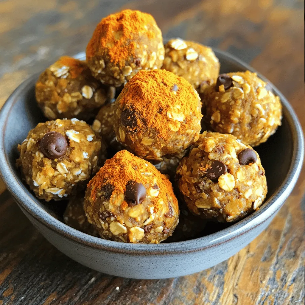 - 1 cup rolled oats - 1/2 cup almond butter or peanut butter - 1/2 cup pumpkin puree - 1/4 cup honey or maple syrup - 1 tablespoon pumpkin pie spice - 1/2 teaspoon vanilla extract - 1/4 cup mini chocolate chips (optional) - 1/4 cup chopped nuts (walnuts or pecans) - Pinch of salt These ingredients blend well to create a tasty snack. Each one adds flavor and nutrition. Pumpkin spice energy bites provide good energy. They are rich in fiber and healthy fats. Oats and pumpkin add nutrients. Almond or peanut butter gives protein. Honey or maple syrup adds natural sweetness. This recipe yields about 12 to 15 bites. Each bite is a perfect snack. You can easily double the recipe for more. Enjoy them after a workout or as a quick treat. Mixing the Base Ingredients Start by gathering your ingredients. In a large bowl, mix 1 cup of rolled oats, 1/2 cup of almond butter (or peanut butter), 1/2 cup of pumpkin puree, and 1/4 cup of honey or maple syrup. Stir until the mixture becomes thick and well combined. This forms a solid base for your bites. Adding Flavor Enhancements Next, add 1 tablespoon of pumpkin pie spice, 1/2 teaspoon of vanilla extract, and a pinch of salt to the bowl. Mix everything thoroughly to ensure each bite has a burst of flavor. If you want some extra sweetness, fold in 1/4 cup of mini chocolate chips and 1/4 cup of chopped nuts like walnuts or pecans. This step brings texture and taste to your energy bites. Forming the Energy Bites Now comes the fun part! Grab small amounts of the mixture and roll them into balls about 1 inch in diameter. You can also use a cookie scoop for evenly-sized bites. Place the formed energy bites on a parchment-lined baking sheet or plate. After forming your bites, refrigerate them for at least 30 minutes. This helps them firm up nicely. When ready to serve, you can enjoy them right away or store them in an airtight container in the fridge. They last up to a week. To make your energy bites look even more delicious, arrange them in a small bowl. Sprinkle a bit of pumpkin spice on top for color. You can also add a few pecan halves on top for a nice touch. This makes them not only tasty but also visually appealing! For the full recipe, check out the detailed instructions above. When mixing the ingredients, start with the sticky ones. Combine almond butter and pumpkin puree first. This helps them blend well with the oats. Use a strong spoon or spatula. If it feels tough, get your hands in there! Mixing with your hands gives you better control. The key to great energy bites is balance. Too much pumpkin puree makes them too wet. If your mix is too dry, add a bit of honey or maple syrup. Aim for a thick, moldable dough. It should hold together when you roll it into a ball. If they crumble, add a splash of water or more nut butter. To boost the taste, try adding mini chocolate chips or nuts. They add sweetness and crunch! You can also toss in seeds, like chia or flaxseeds. Feel free to experiment with different spices. A hint of cinnamon or nutmeg can change the game. For more details, check out the Full Recipe. {{image_2}} You can change the nut butter to fit your taste. Almond butter is great, but you can use peanut butter, cashew butter, or sunflower seed butter. Each one gives a new flavor. Sunflower seed butter is a good choice for nut-free options. This change keeps the bites creamy and tasty. While pumpkin pie spice is a classic, you can mix it up! Try adding cinnamon, nutmeg, or even ginger. Each spice adds its own twist. If you love heat, a pinch of cayenne pepper can make them exciting. Don’t hesitate to experiment and find your favorite blend. You can swap out honey for other sweeteners. Maple syrup works well for a vegan choice. Agave nectar or brown rice syrup are also good options. For a lower sugar option, try using mashed dates or pureed figs. These substitutes keep the bites sweet and delicious without all the sugar. Feel free to be creative with your ingredients. The Full Recipe gives you a solid base, but the fun comes from making it your own! To keep your Pumpkin Spice Energy Bites fresh, store them in an airtight container. This helps keep moisture out and flavors in. Place a piece of parchment paper between layers if you stack them. You can also wrap them individually in plastic wrap for easy grab-and-go snacks. If you want to keep them longer, consider freezing some. Just make sure they are well-wrapped to avoid freezer burn. When stored in the refrigerator, these energy bites last up to a week. After that, they may lose their taste and texture. If you freeze them, they can last for about three months. Just remember to thaw them in the fridge before eating. Always check for any off smells or changes in texture before you enjoy them. This helps ensure you are eating a safe and tasty snack. Yes, you can easily make these energy bites vegan. Just swap the honey for maple syrup. Use almond butter or peanut butter as your base. Both options are vegan-friendly. This way, you keep the taste and texture while making them plant-based. Pumpkin spice energy bites last about a week in the fridge. Store them in an airtight container. This keeps them fresh and tasty. They may dry out if left uncovered, so be sure to seal them well. If you don't have pumpkin puree, you can use applesauce. It adds sweetness and moisture. You might also try mashed banana for a different flavor. Both options work well in the recipe and keep it moist. Yes, these energy bites are healthy! They contain fiber from oats and healthy fats from nut butter. Pumpkin puree adds vitamins A and C. If you control the sweetener, you can keep the sugar low. Overall, they make a great snack or breakfast option. Absolutely! You can freeze these energy bites for up to three months. Just place them in a freezer-safe container. To enjoy, thaw them in the fridge overnight. This way, you have a quick, healthy snack ready when you need it. For the full recipe, check out the entire section above! Pumpkin spice energy bites are a fun snack that you can make at home. They are easy to prepare and packed with flavor. When I made them for the first time, I loved how simple the steps were. What ingredients do I need for pumpkin spice energy bites? You need just a few basic items. Here’s what you should gather: - 1 cup rolled oats - 1/2 cup almond butter or peanut butter - 1/2 cup pumpkin puree - 1/4 cup honey or maple syrup - 1 tablespoon pumpkin pie spice - 1/2 teaspoon vanilla extract - 1/4 cup mini chocolate chips (optional) - 1/4 cup chopped nuts (walnuts or pecans) - Pinch of salt These items create a tasty mix full of flavor. The rolled oats provide a good base. Almond butter or peanut butter adds creaminess. Pumpkin puree gives it that warm, fall feel. Honey or maple syrup brings sweetness, while pumpkin pie spice adds a cozy touch. How do I make these energy bites? Making pumpkin spice energy bites is quick and fun. You start by mixing the rolled oats, almond butter, pumpkin puree, and honey or maple syrup in a large bowl. Stir until the mix is thick and well combined. Next, add the pumpkin pie spice, vanilla extract, and salt. Stir it all together until the flavors blend. If you want an extra treat, fold in the mini chocolate chips and chopped nuts. This adds a nice crunch and sweetness. Now, it's time to shape the bites. Use your hands to form small balls, about one inch wide. You can also use a cookie scoop to make them all the same size. After shaping, place the energy bites on a parchment-lined baking sheet. Chill them in the fridge for at least 30 minutes. This helps them firm up and makes them easier to eat. Once they are ready, store the bites in an airtight container. They can last in the fridge for up to a week. I love serving these bites in a colorful bowl. A sprinkle of pumpkin spice on top makes them look extra special. You can even add a few pecan halves for a nice touch. If you want more details about the recipe, check out the Full Recipe. These pumpkin spice energy bites are easy to make and full of flavor. You can mix oats, nut butter, and pumpkin for a tasty snack. Adding spices and optional ingredients can make them unique. Keep in mind how to store these bites for longer freshness. Always feel free to adjust the recipe to your taste. Enjoy experimenting with nut butters or sweeteners! These bites are not just tasty, they can also be nutritious. Try making them and share your results. Enjoy your homemade treats!