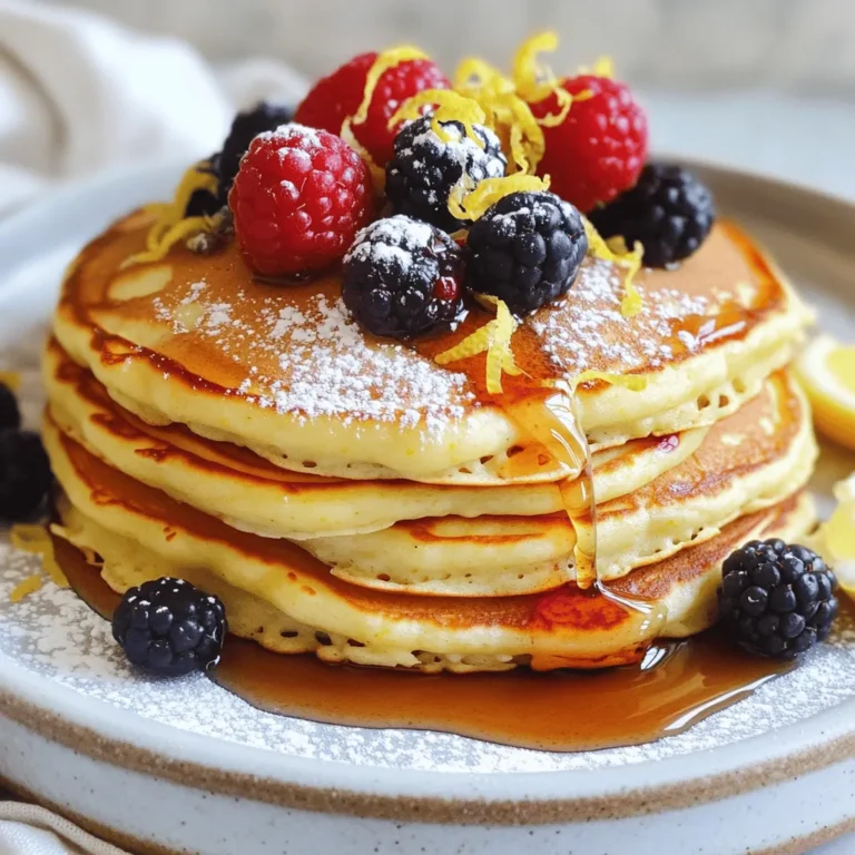 To make these fluffy lemon ricotta pancakes, you need a few key items: - 1 cup ricotta cheese - 1 cup all-purpose flour - 2 large eggs - 1/2 cup milk (or almond milk) - 1/4 cup sugar - Zest of 1 lemon - 2 tablespoons fresh lemon juice - 1 teaspoon baking powder - 1/2 teaspoon baking soda - 1/4 teaspoon salt - Butter or oil for cooking These ingredients work together to create a light and fluffy texture. Ricotta cheese adds moisture and richness. The lemon zest and juice give a fresh, bright flavor. You can enhance your pancakes with a few optional ingredients: - 1 teaspoon vanilla extract - 1/2 teaspoon cinnamon - Fresh berries for topping Adding vanilla or cinnamon can give a warm, inviting taste. Fresh berries bring extra flavor and color. If you need to substitute, here are some great options: - Replace ricotta with cottage cheese for a lower-fat choice. - Use whole wheat flour for a healthier pancake. - Almond milk can be swapped with any plant-based milk. These swaps keep the pancakes tasty while catering to dietary needs. Remember, every change can add a unique twist! For the full recipe, check out the details above. To make the batter, start with a large mixing bowl. Combine the ricotta cheese, eggs, milk, sugar, lemon zest, and lemon juice. Whisk them together until smooth. In another bowl, mix the all-purpose flour, baking powder, baking soda, and salt. Stir them until they are mixed well. Carefully fold the dry ingredients into the ricotta mixture. Be gentle! The batter should stay a bit lumpy. This helps keep the pancakes fluffy. Next, heat a non-stick skillet over medium heat. Add a small amount of butter or oil to coat the surface. Pour 1/4 cup of batter onto the skillet for each pancake. Watch for bubbles to form on the surface, about 2-3 minutes. When you see bubbles, it’s time to flip. Cook for another 2 minutes until golden brown. Repeat this with the rest of the batter, adding more butter or oil as needed. These pancakes are best served warm. Drizzle some maple syrup on top for sweetness. Fresh berries make a great addition, too. You can also dust them with powdered sugar for extra flair. Enjoy your delightful lemon ricotta pancakes! For the full recipe, check the earlier section. To make lemon ricotta pancakes fluffy, use fresh ricotta. The texture adds air. Mix the wet ingredients first, then fold in the dry ones. Go easy on the mixing. A few lumps are okay. This keeps the pancakes light and airy. Heat your skillet on medium. Add just enough butter or oil to coat it. Use a 1/4 cup to measure each pancake. Watch for bubbles on the surface. This shows they are ready to flip. Cook until golden brown on both sides. If you have leftovers, let them cool. Place them in an airtight container. Refrigerate for up to three days. For longer storage, freeze them. Layer with parchment paper to prevent sticking. When ready to eat, reheat in a toaster oven or skillet for best results. For the full recipe, check out the detailed instructions above! {{image_2}} You can change up your lemon ricotta pancakes easily. Try mixing in blueberries for a sweet twist. Chopped strawberries give a fresh taste. For a nutty flavor, add some crushed walnuts or pecans. If you like spice, a pinch of cinnamon brightens the flavor. You could also use orange zest instead of lemon for a new citrus burst. You can make these pancakes gluten-free. Just swap the all-purpose flour for a gluten-free blend. Make sure it has a good binding agent. For a dairy-free option, use almond milk and a dairy-free ricotta. This way, everyone can enjoy this tasty breakfast treat. Toppings can take your pancakes to the next level. Drizzle warm maple syrup on top for that classic flavor. Fresh berries add a burst of color and taste. You can even use yogurt for a creamy touch. For a fun twist, try a sprinkle of toasted coconut or a dollop of whipped cream. Each topping brings its own joy to the meal. Lemon ricotta pancakes stay fresh in the fridge for about three days. Place them in an airtight container. This keeps the pancakes moist and prevents them from drying out. When you want to enjoy them again, simply take out the pancakes you need. You can freeze these pancakes for up to two months. Let them cool completely before you freeze them. Stack the pancakes with parchment paper in between each one. Use a freezer-safe bag or container to store them. This helps keep them from sticking together. To reheat, you have a few options. A microwave works fast but may make them a bit soggy. Instead, use a skillet or toaster oven. Heat on low for a few minutes, flipping them until warm. This method keeps them fluffy and delicious. For the best taste, serve with fresh toppings like syrup or berries. For the full recipe, check out the complete guide on making these delightful pancakes! Lemon ricotta pancakes stand out due to the creamy ricotta cheese. This cheese adds richness and moisture, making the pancakes extra fluffy. The lemon zest and juice bring a bright, fresh flavor that regular pancakes lack. These pancakes offer a unique texture and taste, which makes them a delightful twist on the classic. You will love how light and airy they feel, melting in your mouth. You can easily make lemon ricotta pancakes without eggs. Replace each egg with a mix of 1/4 cup unsweetened applesauce or 1/4 cup mashed banana. Both options add moisture and bind the batter. You can also use flaxseed meal. Mix one tablespoon of flaxseed meal with three tablespoons of water. Let it sit for a few minutes to thicken. This swap will keep the pancakes fluffy and delicious. Yes, you can prepare the batter in advance! Just mix the ingredients and store it in the fridge. Cover the bowl with plastic wrap or transfer it to an airtight container. Use the batter within 24 hours for the best results. When you are ready to cook, give the batter a gentle stir. It may thicken, but that is okay. This makes it easy to enjoy lemon ricotta pancakes any day of the week. For the full recipe, check out the details provided. Lemon ricotta pancakes are a tasty twist on a breakfast favorite. We covered necessary ingredients, some fun options, and substitutions to fit your tastes. The step-by-step guide made it easy to prepare the batter, cook the pancakes, and serve them well. I shared tips to help you make them fluffy and store leftovers properly. Plus, we explored fun variations and answered common questions. Enjoy these pancakes on your next brunch day! You’ll impress everyone with this simple yet delicious recipe.