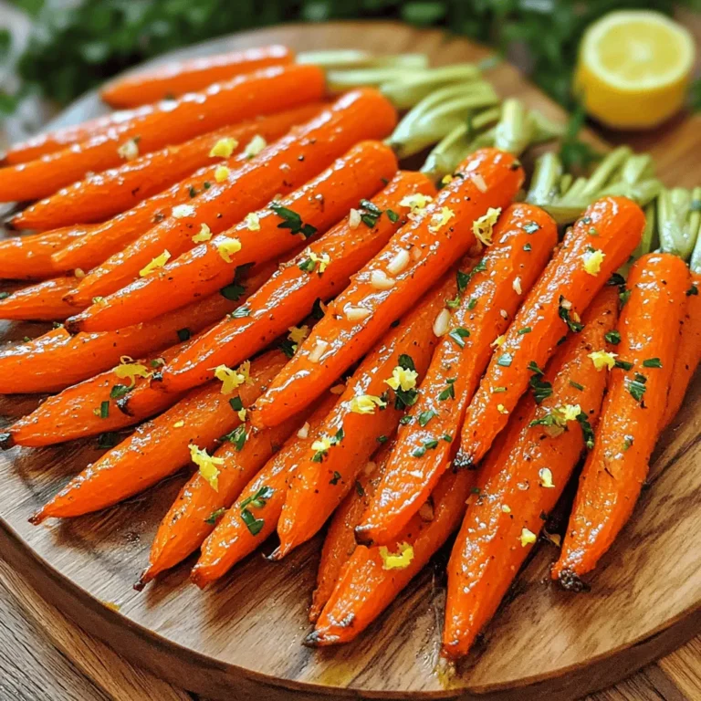 - 1 pound baby carrots, peeled and trimmed - 4 cloves garlic, minced - 2 tablespoons olive oil - 1 teaspoon dried thyme - 1 teaspoon dried rosemary - Salt and pepper to taste - 1 tablespoon fresh parsley, chopped (for garnish) - Zest of 1 lemon - Baking sheet - Parchment paper - Mixing bowl - Chef's knife When making Garlic Herb Roasted Carrots, start by gathering your ingredients. Baby carrots work best for their sweetness and easy prep. You will need fresh garlic for a bold flavor and olive oil to help the herbs stick. Dried thyme and rosemary add depth to each bite. A splash of lemon zest brightens the dish. Fresh parsley offers a nice touch of color and flavor. You can find all these ingredients at your local grocery store or farm market. Next, grab your tools. A baking sheet lined with parchment makes clean-up easy. A mixing bowl helps combine everything. A chef's knife will help you chop the garlic and parsley. With these ingredients and tools ready, you are set for a delicious side dish that is both simple and tasty. For the full recipe, check the earlier section. - Preheat the oven to 425°F (220°C). - Line a baking sheet with parchment paper. To start, preheating the oven is key. It helps the carrots roast evenly and get that nice caramelized flavor. Lining the baking sheet with parchment paper makes cleanup easy. Plus, it prevents the carrots from sticking. - Combine carrots, garlic, olive oil, and herbs. - Season with salt and pepper. Next, grab a large bowl. Add the baby carrots, minced garlic, olive oil, dried thyme, and dried rosemary. Toss everything together until the carrots are well coated. This lets all the flavors blend perfectly. Don’t forget to sprinkle in salt and pepper to taste. This step is crucial for bringing out the natural sweetness of the carrots. - Spread carrots on the baking sheet. - Roast for 20-25 minutes, stirring halfway through. Now, spread the coated carrots in a single layer on your prepared baking sheet. The even layer ensures they roast properly. Pop them in the oven for about 20-25 minutes. Halfway through, give them a stir. This helps them cook evenly and get that lovely golden color. Once they’re tender and caramelized, they’re ready to shine on your table. For the full recipe, check out the original source. To check for tenderness, pierce a carrot with a fork. If it slides in easily, the carrots are done. This simple test helps you avoid overcooking. Even spacing on the baking sheet is key. If the carrots touch, they may steam instead of roast. Spread them out to get that nice caramelization. You can add other herbs or spices for more flavor. Try basil or oregano for a twist. A pinch of chili flakes gives a nice kick. For toppings, consider crumbled feta or toasted nuts. These add texture and flavor to the dish. Serve the carrots in a fan shape on a platter. This makes them look more inviting. You can also drizzle olive oil on top for shine. Use fresh parsley as a garnish to add color. A sprinkle of lemon zest makes the dish pop visually and adds freshness. {{image_2}} You can switch regular carrots for baby carrots. Baby carrots are sweet and tender. Regular carrots have a stronger flavor. Both work well, depending on your taste. You can also try different herbs. If you don’t have thyme or rosemary, use oregano or basil. Each herb gives a new twist. Experiment and find your favorite mix! These carrots pair well with many proteins. Try them with grilled chicken or roasted fish. They add color and flavor to your plate. You can also serve them as part of a larger meal. Try them with a salad or grain dish. They fit well into a cozy dinner or a big feast. To make this dish vegan-friendly, skip the butter and use olive oil. It keeps the flavors and is plant-based. For a gluten-free option, this recipe is already safe! All the ingredients are gluten-free, so enjoy without worry. You can share this dish with anyone! For the full recipe, visit the [Full Recipe]. To keep your garlic herb roasted carrots fresh, store them in an airtight container. This helps seal in their flavor. Place them in the fridge within two hours of cooking. They can last for about 3 to 5 days in the refrigerator. The best way to reheat roasted carrots is in the oven. Preheat your oven to 350°F (175°C) and place the carrots on a baking sheet. Heat for about 10 minutes, or until they are warm. This method keeps the carrots flavorful and avoids sogginess. You can also use a microwave, but be sure to cover them with a damp paper towel to keep them moist. To freeze your roasted carrots, first let them cool completely. Then, spread them in a single layer on a baking sheet. Freeze them for about 1 hour, or until solid. Transfer the frozen carrots to a freezer-safe bag or container. They can last up to 3 months in the freezer. To thaw, simply place them in the fridge overnight. For reheating, use the oven or microwave as mentioned above. This keeps them tasty and enjoyable even after freezing. For the full recipe, check back for the detailed steps! Can I make Garlic Herb Roasted Carrots ahead of time? Yes, you can prepare these carrots ahead. Cook them fully and cool them down. Store them in the fridge for up to three days. Reheat them in the oven when you are ready to serve. This method keeps them tasty and fresh! What other vegetables can I use for roasting? Roasting is great for many veggies. Consider using potatoes, broccoli, or bell peppers. Root vegetables like parsnips or beets work well, too. Just cut them into even pieces for best results. Caloric breakdown and health benefits One serving of Garlic Herb Roasted Carrots has around 100 calories. Carrots are rich in vitamins A and K. They support eye health and boost your immune system. The olive oil adds healthy fats, while garlic provides antioxidants. Are garlic and herbs good for health? Yes, garlic is known for its health benefits. It may help reduce blood pressure and cholesterol. Herbs like thyme and rosemary have anti-inflammatory properties. They also add flavor without extra salt or calories. How to avoid burnt garlic To prevent burnt garlic, add it later in the cooking process. Toss the minced garlic with the carrots halfway through roasting. This keeps it flavorful and prevents bitterness. How to adjust cooking time for larger carrots If you use larger carrots, cut them into smaller pieces. Aim for uniform sizes to cook evenly. Larger pieces may need 5-10 extra minutes. Always check for tenderness with a fork to ensure they are done. This article covered Garlic Herb Roasted Carrots, focusing on ingredients, tools, and cooking steps. You learned how to prep, mix, and roast to perfect tenderness. I shared tips for enhancing flavor and presentation. Storage methods and variations broaden your options. Always feel free to experiment with herbs and vegetables. This dish is healthy, tasty, and easy to make. Enjoy your cooking adventure!