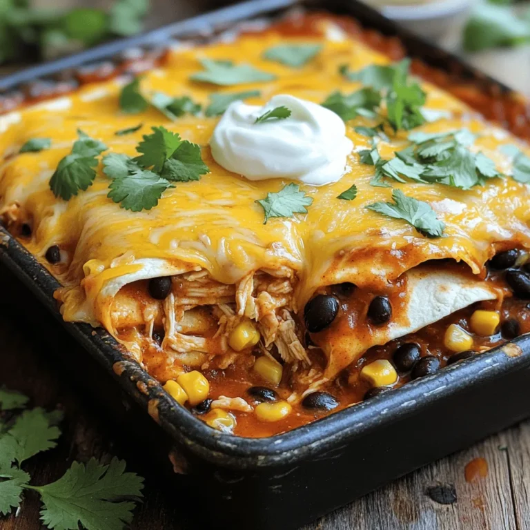 To make a great Easy Chicken Enchilada Casserole, you will need a few key items. Here’s what to gather: - 3 cups cooked chicken, shredded - 2 cups enchilada sauce - 1 can (15 oz) black beans, rinsed and drained - 1 cup corn (fresh or frozen) - 1 small onion, chopped - 2 cloves garlic, minced - 1 teaspoon chili powder - 1 teaspoon cumin - 8 small flour tortillas, cut into quarters - 2 cups shredded cheese (cheddar or a cheese blend) - Fresh cilantro, for garnish - Sour cream, for serving These ingredients come together to create a warm, cheesy dish that's perfect for any meal. The shredded chicken brings protein, while black beans add fiber. Corn gives a nice sweetness, and the spices truly make the flavor pop. You can find the full recipe details to guide you through the cooking process. - Preheat the oven to 350°F (175°C). - In a large skillet, sauté the chopped onion and minced garlic until they are soft, about 3-4 minutes. This step adds great flavor to your dish. - In the skillet, mix the shredded chicken, black beans, corn, chili powder, cumin, and 1 cup of enchilada sauce. Stir everything well and cook for 5 more minutes. This helps all the flavors blend together. - In a greased 9x13 inch baking dish, spread a thin layer of the remaining enchilada sauce on the bottom. - Layer half of the cut tortillas over the sauce. Spoon half of the chicken mixture on top. Then, sprinkle a third of the cheese over it. - Repeat the layers: add the remaining tortillas, then the rest of the chicken mixture, followed by the remaining enchilada sauce. Finish with the rest of the cheese on top. - Cover the casserole with aluminum foil. Bake in the preheated oven for 20 minutes. - After 20 minutes, remove the foil and bake for an additional 10-15 minutes. You want the cheese to be bubbly and golden. - Let the casserole cool for a few minutes before serving. Garnish with fresh cilantro and serve with a dollop of sour cream. For the complete dish, check the Full Recipe. To make your chicken enchilada casserole really pop, use some great seasonings. I suggest adding chili powder and cumin. These spices give warmth and depth. You can also try adding smoked paprika for a bit of smokiness. Layering is key. Start with a base of sauce, then tortillas, then the chicken mix. Repeat this pattern. It helps all the flavors blend nicely and makes each bite tasty. Cheese is a star in this dish. I love using cheddar because it melts well and adds great flavor. You can also try Monterey Jack or a cheese blend. For the best melt, shred your cheese fresh instead of using pre-shredded. Fresh cheese melts better and tastes creamier. Sprinkle it generously on top for that golden, bubbly finish. This casserole shines with sides and toppings. Try serving it with a fresh salad or some guacamole. A dollop of sour cream adds creaminess and balances the spice. For garnish, chop up some fresh cilantro. It adds color and freshness. You can also add sliced jalapeños for a kick. Each of these ideas makes the dish even better. Enjoy your meal! {{image_2}} You can easily make this dish vegetarian. Instead of chicken, try using vegetables or beans. Bell peppers, zucchini, and mushrooms add great flavor. You can also use black beans or pinto beans for protein. This change keeps the dish hearty and satisfying. If you love heat, add jalapeños or hot sauce. Mix them into the chicken mixture for a kick. You can also adjust the seasoning levels. Sprinkle in extra chili powder or cayenne pepper to suit your taste. Just remember to start small; you can always add more! Feel free to swap out ingredients based on what you have. Different types of tortillas work well, too. Corn tortillas give a nice crunch, while whole wheat adds fiber. You can also use other beans, like kidney or chickpeas. If you don’t have corn, frozen peas can work in a pinch. This recipe is flexible and fun! For the full recipe, check the previous section. Store any leftover chicken enchilada casserole in an airtight container. It stays fresh in the fridge for about 3-4 days. When reheating, use the oven or microwave. If using the oven, preheat to 350°F (175°C) and bake until hot. In the microwave, heat in short bursts, checking often. You can freeze the casserole for longer storage. Wrap it tightly in plastic wrap and then in foil. It can last up to 3 months in the freezer. To thaw, place it in the fridge overnight. When ready to eat, reheat in the oven at 350°F (175°C) until it’s hot and bubbly. Enjoy your tasty treat! For the full recipe, check above. To make this recipe gluten-free, use corn tortillas instead of flour tortillas. Corn tortillas provide a great texture and flavor. Ensure the other ingredients, like enchilada sauce and beans, are gluten-free too. Many brands offer gluten-free options. Always check the labels to be safe. Yes, you can make the casserole ahead of time. Prepare it up to the baking step, then cover and store it in your fridge. This method saves time when you're ready to cook. Just remember to bake it for a bit longer if it's cold from the fridge. It needs about 10 extra minutes in the oven. Many side dishes pair well with this casserole. Here are some ideas: - Spanish rice adds a nice touch. - A simple green salad can balance the meal. - Fresh guacamole or salsa for added flavor. - Chips are fun for dipping. These sides make your meal more colorful and tasty. Enjoy your feast! You now have all you need to make a tasty Easy Chicken Enchilada Casserole. We covered the important ingredients, step-by-step instructions, and helpful tips. You can even explore variations, like vegetarian options and ingredient swaps. Remember to store your leftovers properly to keep them fresh. This dish is simple yet full of flavor, perfect for any meal. Enjoy sharing this recipe with friends and family!