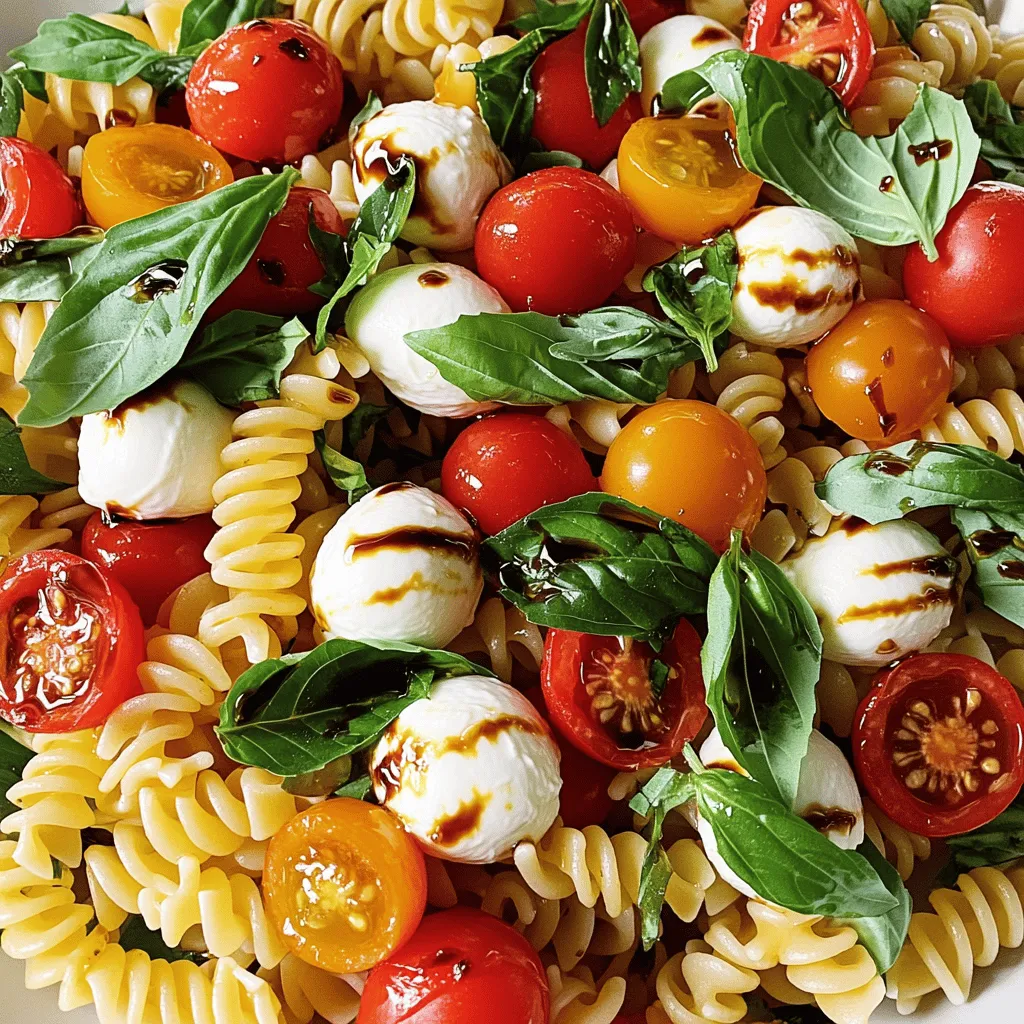 To make a great Caprese pasta salad, you need a few essential ingredients: - 8 oz fusilli pasta - 1 cup cherry tomatoes, halved - 1 cup fresh mozzarella balls, halved - 1 cup fresh basil leaves, torn These ingredients bring freshness and flavor to the dish. Fusilli pasta holds the dressing well. Cherry tomatoes add a sweet burst. Fresh mozzarella provides creamy richness, while basil gives a lovely aroma. Now, let’s talk about the dressing. This is what makes the salad shine! You will need: - 3 tablespoons olive oil - 2 tablespoons balsamic glaze - 1 clove garlic, minced - Salt and pepper to taste The olive oil adds smoothness, while balsamic glaze gives a tangy kick. Garlic adds depth, and salt and pepper enhance the flavors. If you want to mix things up, consider these options: - Gluten-free pasta options like brown rice or quinoa pasta - Vegan cheese alternatives such as cashew cheese or tofu Using gluten-free pasta keeps the dish accessible for everyone. Vegan cheese allows more people to enjoy this salad without dairy. To start, boil a pot of water. Make sure to add a good amount of salt. This adds flavor to the pasta. Once the water is boiling, add 8 oz of fusilli pasta. Cook it until al dente, which takes about 8-10 minutes. It should be firm but not hard. After cooking, drain the pasta and rinse it under cold water. This stops the cooking and cools it down. In a large bowl, combine the cooled pasta, 1 cup of halved cherry tomatoes, 1 cup of halved fresh mozzarella balls, and 1 cup of torn fresh basil leaves. Gently mix the ingredients together. Make sure everything is evenly mixed. This helps the flavors blend well. In a small bowl, whisk together 3 tablespoons of olive oil, 2 tablespoons of balsamic glaze, and 1 minced garlic clove. Add salt and pepper to taste. Mix until everything is combined. Drizzle the dressing over the salad. Toss gently to coat all the ingredients. Let it sit for about 10 minutes to allow the flavors to meld. For the full recipe, check out the complete instructions. To make the flavors pop, let the Caprese pasta salad rest for 10 minutes. This time allows all the flavors to mingle and develop. You can taste the salad after it rests and adjust the seasoning. If it needs more salt or pepper, just sprinkle a little in. Always taste as you go! Serving this salad well makes it even more enjoyable. Try using a large bowl or individual plates. This adds a nice touch. For garnish, add extra basil leaves on top. A drizzle of balsamic glaze gives a lovely finish. It makes the dish look fresh and inviting. Prep your ingredients ahead of time. You can chop the tomatoes, basil, and cheese the day before. This makes the salad quick to assemble. For the pasta, cool it fast by rinsing it under cold water. This way, you save time and keep the pasta from cooking more. {{image_2}} You can enjoy a gluten-free version of Caprese pasta salad! Look for gluten-free fusilli or penne pasta. These options are easy to find in most stores. Brands like Banza and Jovial make great gluten-free pasta. Cook it just like regular pasta. Rinse it well after cooking to cool it down quickly. If you want a vegan option, skip the mozzarella cheese. Instead, use vegan cheese made from nuts or tofu. You can also add avocado for creaminess. Nutritional yeast can add a cheesy flavor too. This keeps the salad fresh and tasty without the dairy. You can boost the protein in your salad. Grilled chicken or chickpeas are excellent choices. They make the dish more filling. You might also try adding different herbs for extra flavor. Oregano and parsley work well with the other ingredients. These small changes can really brighten your salad. For the full recipe, check out the Caprese Pasta Salad section! To keep your Caprese pasta salad fresh, choose airtight containers. Glass containers work well, as do plastic ones. Make sure they seal tightly to keep out air. This helps maintain the salad's flavor and texture. You can store Caprese pasta salad in the fridge for up to three days. After that, the ingredients may lose their crunch and freshness. Always check for any off smells or changes in texture before eating leftovers. Caprese pasta salad is best enjoyed cold. If you want to warm it up, do so gently. Place it in a pan on low heat, stirring occasionally. Avoid high heat, as it can make the cheese melt too much. You can also add a splash of olive oil to freshen it up. Enjoy your flavorful delight! Caprese Pasta Salad lasts for about 3 to 5 days in the fridge. To keep it fresh, store it in an airtight container. The flavors will blend well over time, but the salad may not stay crisp. Check for any signs of spoilage before eating. Yes, you can make Caprese Pasta Salad ahead of time. I suggest preparing it a day in advance. This allows the flavors to mix. Just keep it covered in the fridge. If you notice the pasta absorbing the dressing, add a bit more olive oil before serving. Caprese Pasta Salad pairs well with grilled chicken or fish for a hearty meal. You can also serve it with crusty bread or garlic bread. For a light touch, add a side of mixed greens. These options complement the fresh flavors of the salad. Caprese pasta salad blends fresh ingredients for a delightful dish. You boil fusilli, mix it with tomatoes, mozzarella, and basil, then add a simple dressing. There are gluten-free and vegan options to suit everyone. Store it right, and it lasts for days. You can also prep in advance for convenience. This recipe’s versatility allows many variations, making it perfect for any meal. Experiment with flavors and enjoy a tasty salad that always impresses.