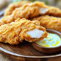 To make the best crispy buttermilk chicken tenders, you need a few key ingredients. Here’s what you will need: - 1 pound chicken tenderloins - 1 cup buttermilk - 1 teaspoon garlic powder - 1 teaspoon onion powder - 1 teaspoon smoked paprika - 1 teaspoon salt - 1/2 teaspoon black pepper - 1 cup all-purpose flour - 1/2 teaspoon baking powder - 1/2 teaspoon cayenne pepper (optional, for heat) - Vegetable oil, for frying Each ingredient plays a big role in the flavor and texture of the dish. The buttermilk tenderizes the chicken and adds a tangy taste. Garlic and onion powder bring depth to the flavor profile. Smoked paprika gives a nice smoky touch, while cayenne pepper adds heat if you like it spicy. All-purpose flour forms the crispy coating. Baking powder helps make it lighter and fluffier. The vegetable oil is crucial for frying, ensuring a golden and crispy finish. For the full recipe, you can check out the details on how to use these ingredients perfectly. Trust me, when you gather these items, you set yourself up for a delicious meal! To start, you need to make the buttermilk marinade. In a large bowl, mix together: - 1 cup buttermilk - 1 teaspoon garlic powder - 1 teaspoon onion powder - 1 teaspoon smoked paprika - 1 teaspoon salt - 1/2 teaspoon black pepper Stir this mix well. It should be smooth and well-blended. Now, add the chicken tenderloins. Make sure they are fully submerged in the marinade. Cover the bowl and place it in the refrigerator. Let the chicken marinate for at least 1 hour. For more flavor, you can marinate it overnight. Next, you will prepare the coating. In another bowl, whisk together: - 1 cup all-purpose flour - 1/2 teaspoon baking powder - 1/2 teaspoon cayenne pepper (optional, for heat) - A pinch of salt Once the flour mix is ready, take the marinated chicken out of the fridge. Allow any excess buttermilk to drip off. Dredge each tenderloin in the flour mixture. Press lightly to ensure a good coating. Set the coated chicken aside on a wire rack. This helps keep the coating crisp. Now it’s time to fry the chicken. Heat about 1 inch of vegetable oil in a large skillet. Aim for medium-high heat until it reaches 350°F (175°C). Carefully add the coated chicken tenders to the hot oil. Be sure not to overcrowd the pan. Fry each side for about 4-5 minutes until they turn golden brown. The chicken should be cooked through, reaching an internal temperature of 165°F (74°C). Once cooked, take the tenders out of the oil. Place them on a plate lined with paper towels. This will help drain any extra oil. Now, you can enjoy your crispy buttermilk chicken tenders hot with your favorite dipping sauce. For the full recipe, check out the complete instructions. The marinade is key for juicy chicken. I suggest marinating the chicken for at least one hour. However, for the best flavor, let it sit overnight. Buttermilk is important here. It has acids that tenderize the meat. This gives the chicken a nice, soft texture. It also adds a rich flavor that pairs well with spices. To get that golden brown color, use a mix of flour and spices. A little baking powder helps make the crust light and crunchy. When frying, do not overcrowd the pan. If you add too many pieces, the oil cools down. This leads to soggy tenders instead of crispy ones. Always fry in batches if needed. These chicken tenders shine with the right dipping sauce. Try ranch, honey mustard, or spicy mayo. For sides, you can pair them with fries, coleslaw, or a fresh salad. These sides balance the meal and add nice textures. You can find the full recipe in the main article. {{image_2}} To make spicy buttermilk chicken tenders, add cayenne or hot sauce to your marinade. This will give your tenders a nice kick. You can also use unique spice blends. Try mixing chili powder, cumin, and smoked paprika for a flavorful twist. Adjust the heat based on your taste. If you prefer baking, you can still enjoy crispy tenders. First, preheat your oven to 400°F (200°C). Follow the same marinating and coating steps. Instead of frying, place the tenders on a baking sheet lined with parchment paper. Bake for 20-25 minutes, turning halfway through. This method cuts down on oil but still gives great flavor. For a gluten-free version, swap the all-purpose flour with a gluten-free blend. Look for a mix that includes rice flour or almond flour for a good texture. To keep your tenders crispy, add cornstarch to the mix. This will help maintain that crunchy bite you crave. When you finish your crispy buttermilk chicken tenders, store them right. Place the cooled tenders in an airtight container. This keeps them fresh and tasty. Make sure to separate layers with parchment paper to avoid sticking. You can keep these in the fridge for about 3 to 4 days. If you want them to last longer, consider freezing them. Reheating is key to enjoying your chicken tenders again. The best method is using the oven. Preheat it to 375°F (190°C). Place the tenders on a baking sheet. Bake for about 10-15 minutes until they are crispy and hot. If you must use the microwave, be careful. The microwave can make the tenders soft. Place the chicken on a microwave-safe plate. Heat them for short intervals, about 30 seconds. Check often to avoid overcooking. Keeping your chicken tenders crispy is all about the right method. The oven is your best friend here. Enjoy your meal again with great taste! You can find the full recipe for crispy buttermilk chicken tenders in the article. You should marinate chicken in buttermilk for at least 1 hour. For deeper flavor, I recommend marinating overnight. The longer you marinate, the more tender and juicy the chicken will be. Yes, you can freeze crispy buttermilk chicken tenders. First, let them cool completely. Then, place them in a single layer on a baking sheet. Freeze until solid, then transfer to a freezer bag. When ready to eat, thaw in the fridge overnight and reheat in the oven to keep them crispy. To achieve extra crispy chicken tenders, use a double-dredging method. First, coat the chicken in buttermilk. Then, dredge it in the flour mixture. For even more crunch, dip it back into the buttermilk and coat it again in the flour. This creates a thicker crust. Crispy buttermilk chicken tenders pair well with many sides. Some popular choices include: - French fries - Coleslaw - Macaroni and cheese - Fresh salad - Baked beans Feel free to mix and match your favorite sides for a fun meal! For the full recipe, check out the Crispy Buttermilk Chicken Tenders section. In this post, we covered how to make crispy buttermilk chicken tenders. We discussed ingredients, marinating, coating, and frying. I shared tips for achieving that perfect crunch and suggested tasty sides to pair. You can even explore variations like spicy versions or gluten-free options. Storing and reheating tips ensure your tenders stay tasty. Enjoy experimenting with these recipes and make mealtime fun!