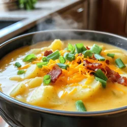 Here are the ingredients you need for loaded potato soup. Each item adds flavor and creaminess to the dish. - 6 medium russet potatoes, peeled and diced - 1 onion, chopped - 3 cloves garlic, minced - 4 cups vegetable broth - 1 cup heavy cream - 1/2 cup shredded cheddar cheese (plus extra for garnish) - 1/4 cup sour cream - 1 teaspoon dried thyme - 1/2 teaspoon paprika - Salt and pepper to taste - 4 slices crispy turkey bacon, chopped (optional) - 3 green onions, sliced (for garnish) These ingredients create a rich and hearty soup. The russet potatoes give it a nice texture. The heavy cream and cheddar cheese add depth and flavor. You can customize the ingredients. Try using different cheeses or adding more veggies. If you want a lighter version, use less cream. For the full recipe, check out the complete instructions. 1. First, heat a splash of olive oil in a large pot over medium heat. 2. Add the chopped onion to the pot. Sauté it for about 5 minutes until it turns translucent. 3. Next, stir in the minced garlic. Cook for another minute until you smell the garlic's aroma. 4. Now, add the peeled and diced potatoes to the pot. Mix it all together. 1. Pour in 4 cups of vegetable broth. Bring the mixture to a boil. 2. Once boiling, reduce the heat and let it simmer. Cook the potatoes until they are tender, around 15 to 20 minutes. 3. After the potatoes are soft, use a potato masher or an immersion blender. Mash the soup to your desired consistency, keeping some chunks for texture. 1. Stir in 1 cup of heavy cream and 1/2 cup of shredded cheddar cheese. Mix well until the cheese melts. 2. Add 1/4 cup of sour cream, 1 teaspoon of dried thyme, and 1/2 teaspoon of paprika. Season with salt and pepper to taste. 3. Taste the soup and adjust the seasoning if needed. If it’s too thick, add more vegetable broth. 4. Serve the soup hot, garnished with crispy turkey bacon, extra cheddar cheese, and sliced green onions. Check out the Full Recipe for more details! To get the best texture in your loaded potato soup, you have two great options: a potato masher or an immersion blender. If you want some chunks, a potato masher is perfect. It gives you control over how smooth or chunky your soup is. On the other hand, an immersion blender creates a super creamy soup. Just blend until you reach the texture you like. To achieve the right creaminess, start with the right amount of heavy cream. You can always add more if you want it creamier. If it gets too thick, just stir in a bit more vegetable broth. Cheese brings flavor and richness to the soup. I highly recommend using sharp cheddar for a great taste. It melts well and adds a nice bite. If you want to mix it up, consider gouda or pepper jack for a kick. If you need a dairy-free option, try using cashew cream or nutritional yeast. Both give a nice flavor and help you keep that creamy texture. Customizing your soup with herbs and spices can make a big difference. I love adding fresh chives or parsley for a fresh taste. You can also try adding a bit of garlic powder or onion powder for extra flavor. Balancing flavors is key. If your soup tastes too salty, add a splash of lemon juice. If it’s bland, try a bit more salt and pepper. Taste as you go to find what you like best. {{image_2}} You can make loaded potato soup even better with fun add-ins. For a twist, try adding vegetables like broccoli or carrots. They add color and nutrition. You can also mix in meats like ham or chicken for added flavor. Just chop them small and stir them in while cooking. If you need a gluten-free soup, you can easily make it. Just make sure to use gluten-free broth. For a vegan version, swap the cream and cheese for coconut milk and nutritional yeast. You can also use vegetable broth instead of chicken broth. These simple swaps keep the taste rich and creamy. This soup pairs well with crusty bread or a fresh salad. A side of garlic bread is always a hit too. For garnishing, get creative! Top the soup with a sprinkle of extra cheese or some crispy turkey bacon. Fresh herbs like parsley or chives add a nice touch. You can also drizzle a bit of olive oil for extra flavor. For the full recipe, check out the detailed instructions above. After you finish your loaded potato soup, cool it down. Place it in airtight containers. This helps keep the soup fresh. If you don’t have airtight containers, you can use plastic wrap. Make sure to cover the soup tightly. Store it in the fridge for up to three days. To reheat the soup, avoid the microwave if you can. The stovetop is better for keeping the texture. Pour the soup into a pot and heat it on low. Stir it often to prevent sticking. If you must use the microwave, heat it in short bursts. Stir it in between to ensure even warming. You can freeze loaded potato soup for later. First, cool it completely. Then, use freezer-safe containers or bags. Leave space at the top for expansion. Label the container with the date. It can stay fresh in the freezer for up to three months. To defrost, place it in the fridge overnight before reheating. To make your loaded potato soup thicker, you can use a few simple tricks. First, mash the potatoes more. This will break them down and add more creaminess. Second, add a slurry of cornstarch and water. Mix one tablespoon of cornstarch with two tablespoons of cold water. Stir this into the soup and cook until it thickens. Lastly, let the soup simmer longer. This will allow it to reduce and become denser. Yes, you can use different types of potatoes! While russet potatoes are great, you can also try Yukon Gold or red potatoes. Yukon Gold gives a creamy texture, while red potatoes keep some skin, adding nice color. Each type will change the taste slightly, but all will work well in this soup. If you want to skip heavy cream, there are good options. You can use half-and-half for a lighter touch. Another choice is whole milk mixed with a bit of butter. This will keep the soup rich. For a dairy-free option, try coconut cream or cashew cream. These will add creaminess without the dairy. You now have a great recipe for loaded potato soup. We covered the ingredients, cooking steps, and tips for a perfect dish. You can customize it with veggies or make it dairy-free. Storing your leftovers is easy, and reheating them is simple too. Experiment with flavors and enjoy each bowl. This dish will warm your kitchen and heart, making it perfect for family meals or gatherings. Enjoy your cooking journey!