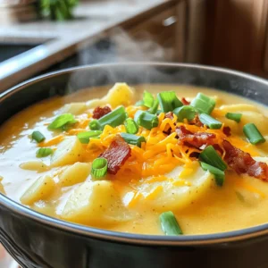 Here are the ingredients you need for loaded potato soup. Each item adds flavor and creaminess to the dish. - 6 medium russet potatoes, peeled and diced - 1 onion, chopped - 3 cloves garlic, minced - 4 cups vegetable broth - 1 cup heavy cream - 1/2 cup shredded cheddar cheese (plus extra for garnish) - 1/4 cup sour cream - 1 teaspoon dried thyme - 1/2 teaspoon paprika - Salt and pepper to taste - 4 slices crispy turkey bacon, chopped (optional) - 3 green onions, sliced (for garnish) These ingredients create a rich and hearty soup. The russet potatoes give it a nice texture. The heavy cream and cheddar cheese add depth and flavor. You can customize the ingredients. Try using different cheeses or adding more veggies. If you want a lighter version, use less cream. For the full recipe, check out the complete instructions. 1. First, heat a splash of olive oil in a large pot over medium heat. 2. Add the chopped onion to the pot. Sauté it for about 5 minutes until it turns translucent. 3. Next, stir in the minced garlic. Cook for another minute until you smell the garlic's aroma. 4. Now, add the peeled and diced potatoes to the pot. Mix it all together. 1. Pour in 4 cups of vegetable broth. Bring the mixture to a boil. 2. Once boiling, reduce the heat and let it simmer. Cook the potatoes until they are tender, around 15 to 20 minutes. 3. After the potatoes are soft, use a potato masher or an immersion blender. Mash the soup to your desired consistency, keeping some chunks for texture. 1. Stir in 1 cup of heavy cream and 1/2 cup of shredded cheddar cheese. Mix well until the cheese melts. 2. Add 1/4 cup of sour cream, 1 teaspoon of dried thyme, and 1/2 teaspoon of paprika. Season with salt and pepper to taste. 3. Taste the soup and adjust the seasoning if needed. If it’s too thick, add more vegetable broth. 4. Serve the soup hot, garnished with crispy turkey bacon, extra cheddar cheese, and sliced green onions. Check out the Full Recipe for more details! To get the best texture in your loaded potato soup, you have two great options: a potato masher or an immersion blender. If you want some chunks, a potato masher is perfect. It gives you control over how smooth or chunky your soup is. On the other hand, an immersion blender creates a super creamy soup. Just blend until you reach the texture you like. To achieve the right creaminess, start with the right amount of heavy cream. You can always add more if you want it creamier. If it gets too thick, just stir in a bit more vegetable broth. Cheese brings flavor and richness to the soup. I highly recommend using sharp cheddar for a great taste. It melts well and adds a nice bite. If you want to mix it up, consider gouda or pepper jack for a kick. If you need a dairy-free option, try using cashew cream or nutritional yeast. Both give a nice flavor and help you keep that creamy texture. Customizing your soup with herbs and spices can make a big difference. I love adding fresh chives or parsley for a fresh taste. You can also try adding a bit of garlic powder or onion powder for extra flavor. Balancing flavors is key. If your soup tastes too salty, add a splash of lemon juice. If it’s bland, try a bit more salt and pepper. Taste as you go to find what you like best. {{image_2}} You can make loaded potato soup even better with fun add-ins. For a twist, try adding vegetables like broccoli or carrots. They add color and nutrition. You can also mix in meats like ham or chicken for added flavor. Just chop them small and stir them in while cooking. If you need a gluten-free soup, you can easily make it. Just make sure to use gluten-free broth. For a vegan version, swap the cream and cheese for coconut milk and nutritional yeast. You can also use vegetable broth instead of chicken broth. These simple swaps keep the taste rich and creamy. This soup pairs well with crusty bread or a fresh salad. A side of garlic bread is always a hit too. For garnishing, get creative! Top the soup with a sprinkle of extra cheese or some crispy turkey bacon. Fresh herbs like parsley or chives add a nice touch. You can also drizzle a bit of olive oil for extra flavor. For the full recipe, check out the detailed instructions above. After you finish your loaded potato soup, cool it down. Place it in airtight containers. This helps keep the soup fresh. If you don’t have airtight containers, you can use plastic wrap. Make sure to cover the soup tightly. Store it in the fridge for up to three days. To reheat the soup, avoid the microwave if you can. The stovetop is better for keeping the texture. Pour the soup into a pot and heat it on low. Stir it often to prevent sticking. If you must use the microwave, heat it in short bursts. Stir it in between to ensure even warming. You can freeze loaded potato soup for later. First, cool it completely. Then, use freezer-safe containers or bags. Leave space at the top for expansion. Label the container with the date. It can stay fresh in the freezer for up to three months. To defrost, place it in the fridge overnight before reheating. To make your loaded potato soup thicker, you can use a few simple tricks. First, mash the potatoes more. This will break them down and add more creaminess. Second, add a slurry of cornstarch and water. Mix one tablespoon of cornstarch with two tablespoons of cold water. Stir this into the soup and cook until it thickens. Lastly, let the soup simmer longer. This will allow it to reduce and become denser. Yes, you can use different types of potatoes! While russet potatoes are great, you can also try Yukon Gold or red potatoes. Yukon Gold gives a creamy texture, while red potatoes keep some skin, adding nice color. Each type will change the taste slightly, but all will work well in this soup. If you want to skip heavy cream, there are good options. You can use half-and-half for a lighter touch. Another choice is whole milk mixed with a bit of butter. This will keep the soup rich. For a dairy-free option, try coconut cream or cashew cream. These will add creaminess without the dairy. You now have a great recipe for loaded potato soup. We covered the ingredients, cooking steps, and tips for a perfect dish. You can customize it with veggies or make it dairy-free. Storing your leftovers is easy, and reheating them is simple too. Experiment with flavors and enjoy each bowl. This dish will warm your kitchen and heart, making it perfect for family meals or gatherings. Enjoy your cooking journey!
