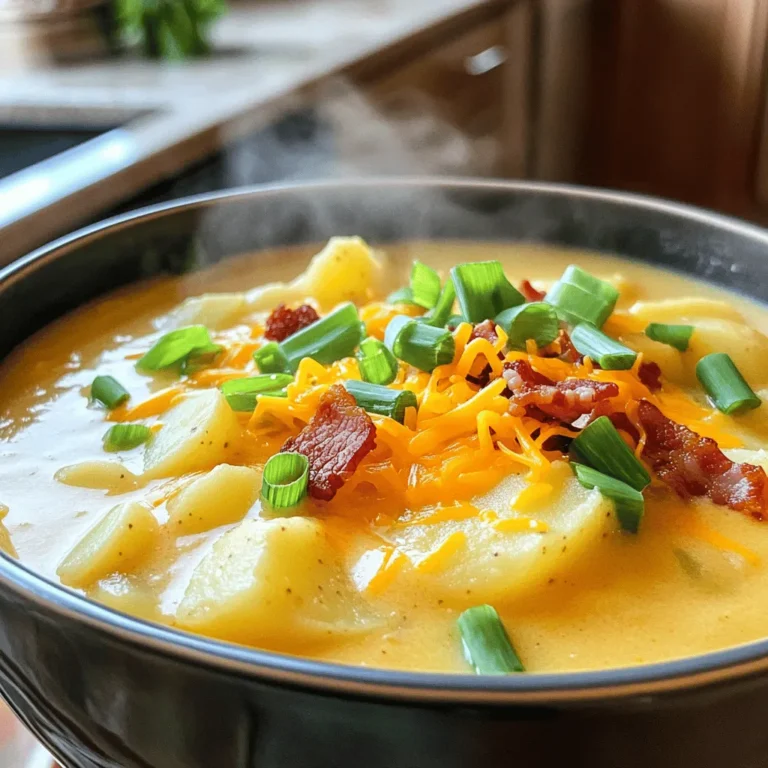 Here are the ingredients you need for loaded potato soup. Each item adds flavor and creaminess to the dish. - 6 medium russet potatoes, peeled and diced - 1 onion, chopped - 3 cloves garlic, minced - 4 cups vegetable broth - 1 cup heavy cream - 1/2 cup shredded cheddar cheese (plus extra for garnish) - 1/4 cup sour cream - 1 teaspoon dried thyme - 1/2 teaspoon paprika - Salt and pepper to taste - 4 slices crispy turkey bacon, chopped (optional) - 3 green onions, sliced (for garnish) These ingredients create a rich and hearty soup. The russet potatoes give it a nice texture. The heavy cream and cheddar cheese add depth and flavor. You can customize the ingredients. Try using different cheeses or adding more veggies. If you want a lighter version, use less cream. For the full recipe, check out the complete instructions. 1. First, heat a splash of olive oil in a large pot over medium heat. 2. Add the chopped onion to the pot. Sauté it for about 5 minutes until it turns translucent. 3. Next, stir in the minced garlic. Cook for another minute until you smell the garlic's aroma. 4. Now, add the peeled and diced potatoes to the pot. Mix it all together. 1. Pour in 4 cups of vegetable broth. Bring the mixture to a boil. 2. Once boiling, reduce the heat and let it simmer. Cook the potatoes until they are tender, around 15 to 20 minutes. 3. After the potatoes are soft, use a potato masher or an immersion blender. Mash the soup to your desired consistency, keeping some chunks for texture. 1. Stir in 1 cup of heavy cream and 1/2 cup of shredded cheddar cheese. Mix well until the cheese melts. 2. Add 1/4 cup of sour cream, 1 teaspoon of dried thyme, and 1/2 teaspoon of paprika. Season with salt and pepper to taste. 3. Taste the soup and adjust the seasoning if needed. If it’s too thick, add more vegetable broth. 4. Serve the soup hot, garnished with crispy turkey bacon, extra cheddar cheese, and sliced green onions. Check out the Full Recipe for more details! To get the best texture in your loaded potato soup, you have two great options: a potato masher or an immersion blender. If you want some chunks, a potato masher is perfect. It gives you control over how smooth or chunky your soup is. On the other hand, an immersion blender creates a super creamy soup. Just blend until you reach the texture you like. To achieve the right creaminess, start with the right amount of heavy cream. You can always add more if you want it creamier. If it gets too thick, just stir in a bit more vegetable broth. Cheese brings flavor and richness to the soup. I highly recommend using sharp cheddar for a great taste. It melts well and adds a nice bite. If you want to mix it up, consider gouda or pepper jack for a kick. If you need a dairy-free option, try using cashew cream or nutritional yeast. Both give a nice flavor and help you keep that creamy texture. Customizing your soup with herbs and spices can make a big difference. I love adding fresh chives or parsley for a fresh taste. You can also try adding a bit of garlic powder or onion powder for extra flavor. Balancing flavors is key. If your soup tastes too salty, add a splash of lemon juice. If it’s bland, try a bit more salt and pepper. Taste as you go to find what you like best. {{image_2}} You can make loaded potato soup even better with fun add-ins. For a twist, try adding vegetables like broccoli or carrots. They add color and nutrition. You can also mix in meats like ham or chicken for added flavor. Just chop them small and stir them in while cooking. If you need a gluten-free soup, you can easily make it. Just make sure to use gluten-free broth. For a vegan version, swap the cream and cheese for coconut milk and nutritional yeast. You can also use vegetable broth instead of chicken broth. These simple swaps keep the taste rich and creamy. This soup pairs well with crusty bread or a fresh salad. A side of garlic bread is always a hit too. For garnishing, get creative! Top the soup with a sprinkle of extra cheese or some crispy turkey bacon. Fresh herbs like parsley or chives add a nice touch. You can also drizzle a bit of olive oil for extra flavor. For the full recipe, check out the detailed instructions above. After you finish your loaded potato soup, cool it down. Place it in airtight containers. This helps keep the soup fresh. If you don’t have airtight containers, you can use plastic wrap. Make sure to cover the soup tightly. Store it in the fridge for up to three days. To reheat the soup, avoid the microwave if you can. The stovetop is better for keeping the texture. Pour the soup into a pot and heat it on low. Stir it often to prevent sticking. If you must use the microwave, heat it in short bursts. Stir it in between to ensure even warming. You can freeze loaded potato soup for later. First, cool it completely. Then, use freezer-safe containers or bags. Leave space at the top for expansion. Label the container with the date. It can stay fresh in the freezer for up to three months. To defrost, place it in the fridge overnight before reheating. To make your loaded potato soup thicker, you can use a few simple tricks. First, mash the potatoes more. This will break them down and add more creaminess. Second, add a slurry of cornstarch and water. Mix one tablespoon of cornstarch with two tablespoons of cold water. Stir this into the soup and cook until it thickens. Lastly, let the soup simmer longer. This will allow it to reduce and become denser. Yes, you can use different types of potatoes! While russet potatoes are great, you can also try Yukon Gold or red potatoes. Yukon Gold gives a creamy texture, while red potatoes keep some skin, adding nice color. Each type will change the taste slightly, but all will work well in this soup. If you want to skip heavy cream, there are good options. You can use half-and-half for a lighter touch. Another choice is whole milk mixed with a bit of butter. This will keep the soup rich. For a dairy-free option, try coconut cream or cashew cream. These will add creaminess without the dairy. You now have a great recipe for loaded potato soup. We covered the ingredients, cooking steps, and tips for a perfect dish. You can customize it with veggies or make it dairy-free. Storing your leftovers is easy, and reheating them is simple too. Experiment with flavors and enjoy each bowl. This dish will warm your kitchen and heart, making it perfect for family meals or gatherings. Enjoy your cooking journey!