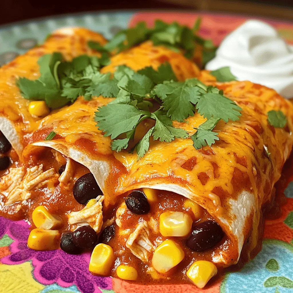- 2 cups cooked chicken, shredded - 1 cup black beans, drained and rinsed - 1 cup corn kernels - 1 cup shredded cheese - 1 cup enchilada sauce - 8 small tortillas - Spices and seasonings: cumin, chili powder, garlic powder, salt, and pepper The base of these easy chicken enchiladas comes from simple yet tasty ingredients. You start with shredded chicken, which adds protein and flavor. Black beans bring a nice texture and extra protein. Corn kernels add a sweet crunch. Shredded cheese gives that gooey, melty goodness we all love. For the enchilada sauce, you can use store-bought or make your own. The sauce ties everything together, giving your enchiladas a rich flavor. Don't forget the tortillas! They hold all the yummy fillings. You can choose flour or corn based on your preference. - Fresh cilantro - Sour cream - Additional toppings (avocado, jalapeños, etc.) Garnishes make your dish even better. Fresh cilantro adds a pop of color and a burst of freshness. Sour cream gives a cool contrast to the warm enchiladas. You can also try adding sliced avocado or jalapeños for extra flavor and texture. These ingredients and garnishes make for a quick and delicious meal. For the full recipe, check the details above. 1. Preheat the oven and prepare the baking dish: Start by setting your oven to 375°F (190°C). This will ensure the enchiladas bake evenly. Next, take a 9x13 inch baking dish and spread a few tablespoons of enchilada sauce on the bottom. This helps prevent sticking. 2. Mix the filling ingredients together: In a mixing bowl, combine the shredded chicken, black beans, corn, cumin, chili powder, garlic powder, salt, and pepper. Stir the mixture until everything is blended well. This filling is the heart of your enchiladas. 1. Filling the tortillas: Take a tortilla and place it flat on a clean surface. Add a generous amount of the chicken mixture down the center. For extra flavor, sprinkle some shredded cheese on top of the filling. 2. Rolling and placing in the baking dish: Roll the tortilla tightly from one end to the other. Make sure the seam is facing down when you place it in the baking dish. Repeat this with the remaining tortillas until the dish is full. 1. Covering and baking the enchiladas: Once all the tortillas are in the dish, pour the remaining enchilada sauce over the top. Make sure to cover all the tortillas evenly. Then, sprinkle the rest of the shredded cheese on top. 2. Final touches before serving: Cover the baking dish with aluminum foil, then place it in the oven. Bake for 20 minutes. After that, remove the foil and bake for an extra 10 minutes. This helps the cheese get bubbly and slightly golden. Once done, let the dish cool for a few minutes. Garnish with fresh cilantro before serving. For a complete guide, check the Full Recipe. - Ideal cooking temperatures: Preheat your oven to 375°F (190°C). This heat cooks the enchiladas evenly. - How to prevent soggy tortillas: To keep tortillas from getting soggy, lightly toast them in a skillet. This adds a nice crispness and helps hold the filling. - Adding different proteins: You can swap chicken for beef, turkey, or beans. Tofu also works well for a vegetarian option. - Recommended spice levels: If you like heat, add jalapeños or use spicy enchilada sauce. For milder flavors, stick to regular sauce and adjust spices to your taste. - Pairing enchiladas with side dishes: Serve enchiladas with rice, beans, or a fresh salad. These sides round out the meal nicely. - Beverage recommendations: Pair enchiladas with a cold beer or a glass of limeade. These drinks complement the flavors well. For a full guide on making these delicious enchiladas, check out the Full Recipe. {{image_2}} You can easily make enchiladas without chicken. Use hearty vegetables instead. Try roasted bell peppers, zucchini, or mushrooms. You can also use lentils or chickpeas for protein. Instead of cheese, try dairy-free cheese or skip it altogether. This keeps the dish light and tasty. Want more flavor? Add spices like paprika or cayenne. You can mix in herbs too, like oregano or cilantro. Consider using different sauces. Green salsa or mole sauce can add a nice twist to your enchiladas. A squeeze of lime juice gives a fresh kick. You can choose between flour and corn tortillas. Flour tortillas are soft and chewy, while corn tortillas are crisp and flavorful. Try both to see which you like best. Different regions have their own styles. For example, some places use a red sauce, while others use a green sauce. Exploring these options makes the meal exciting. To store your leftover enchiladas, let them cool first. Then, place them in an airtight container. This keeps them fresh. Use them within three to four days. If you want to keep them longer, consider freezing. To freeze enchiladas, wrap them tightly in plastic wrap. Then, place them in a freezer-safe bag or container. This helps prevent freezer burn. You can freeze them for up to three months. When ready to eat, just thaw in the fridge overnight. Reheating enchiladas is easy. You can use an oven, microwave, or skillet. For the oven, preheat it to 350°F (175°C). Place the enchiladas in a baking dish. Cover with foil to keep them moist. Bake for about 20 minutes. In the microwave, heat on high for two to three minutes. Stir halfway through for even heating. Using a skillet? Add a splash of water, cover, and heat on low. Enjoy your tasty meal! For the full recipe, visit the section on ingredients. Can I make enchiladas ahead of time? Yes, you can make enchiladas ahead of time. Prepare them, then cover and chill in the fridge. Bake them when you're ready. This makes weeknight dinners a breeze! What can I use if I'm out of enchilada sauce? If you run out of enchilada sauce, you can use salsa instead. It adds great flavor. You could also mix tomato sauce with spices to create a quick sauce. How do I make my enchiladas spicier? To spice up your enchiladas, add diced jalapeños to the filling. You can also use a hotter enchilada sauce. Another option is to sprinkle some chili flakes on top before baking. What’s the best cheese for chicken enchiladas? I recommend using cheddar or a Mexican cheese blend. These cheeses melt well and provide a nice flavor. If you like a smoky taste, try adding some pepper jack cheese. Are chicken enchiladas gluten-free? Chicken enchiladas can be gluten-free if you use corn tortillas. Always check the labels to be sure. Some store-bought sauces also contain gluten, so read those too. Can I substitute beans for the chicken in this recipe? Yes, you can substitute beans for chicken. Use black beans or pinto beans. This makes a tasty vegetarian option. You can also mix in some veggies for added flavor. This blog post gives you a complete guide to making easy chicken enchiladas. We covered essential ingredients, easy steps to prepare and bake, and tips to make them perfect. You can customize these enchiladas with different proteins or flavors to suit your taste. Storage tips ensure you enjoy leftovers later. With these insights, you can now make delicious enchiladas that everyone will love. Enjoy cooking and experimenting with your meals!
