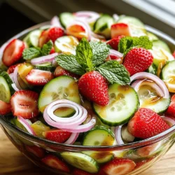 - 2 cups fresh strawberries, hulled and sliced - 1 large cucumber, thinly sliced - 1/4 red onion, thinly sliced - 1/4 cup fresh mint leaves, chopped - 1 tablespoon honey - 2 tablespoons balsamic vinegar - Salt and pepper to taste - Additional mint leaves - Extra sliced strawberries for garnish The key to a bright and tasty Cucumber Strawberry Salad lies in fresh ingredients. Fresh strawberries bring a sweet burst of flavor. I like to hull and slice them myself for the best taste. A large cucumber adds crunch and hydration. Thin slices work best, keeping everything light. I also include red onion for a bit of zing. The mint leaves add a refreshing touch that ties it all together. For the dressing, I mix honey with balsamic vinegar. This combo offers a sweet and tangy kick. A pinch of salt and pepper rounds out the flavors. You can adjust the amount of honey based on your taste. If you want to dress it up, consider adding extra mint leaves or more sliced strawberries on top. These optional toppings make your salad look even more inviting. Use this fresh ingredient list as your guide, and you'll create a salad that delights the senses. For the full recipe, check out the Refreshing Cucumber Strawberry Delight. How to hull and slice strawberries To hull strawberries, use a small knife. Gently cut around the green stem. Pull the stem out to leave a clean berry. After hulling, slice each berry in half or quarters. This makes them perfect for the salad. Slicing cucumbers and red onions For cucumbers, wash them well. Cut off both ends and slice them thinly. Thin slices help the cucumbers mix well with other flavors. Next, take the red onion. Peel off the skin and slice it thinly. You want small pieces to avoid overpowering the salad. Combining ingredients in a large bowl In a large bowl, add the sliced strawberries, cucumber, and red onion. Toss them gently with your hands. This helps to mix the colors and flavors evenly. Then, add the chopped mint leaves for a fresh taste. Whisking together the dressing In a small bowl, add honey and balsamic vinegar. Use a whisk to mix them until smooth. This sweet and tangy dressing is key to your salad's flavor. Drizzling the dressing and tossing Pour the dressing over the salad mixture. Use a spoon to gently toss everything together. Make sure all the ingredients are coated in the dressing. Seasoning and letting it rest Add salt and pepper to taste. Mix again to distribute the seasoning. Let the salad rest for about 10 minutes. This allows the flavors to blend well. You can find the full recipe [here](#). To make your cucumber strawberry salad even better, adjust the sweetness with honey. Honey adds a natural sweetness that pairs well with strawberries. Start with one tablespoon, but feel free to add more based on your taste. If your strawberries are very sweet, you might use less. Next, balance the acidity of the balsamic vinegar. Two tablespoons is a good start, but you can add more if you prefer a tangier taste. Mix the honey with the vinegar well. This will create a smooth dressing that enhances all the flavors in the salad. How you serve your salad matters. A large glass bowl shows off the vibrant colors of the fresh ingredients. You can also use mason jars for a fun, portable option. This is great for picnics or meal prep! For garnishing, think about adding extra mint leaves on top. You can also place a few slices of strawberry for a pop of color. These small touches make your salad look even more inviting. Using seasonal ingredients makes your salad taste even better. Strawberries are best in late spring and early summer. Cucumbers are fresh in summer. When you use them in season, they are sweeter and crunchier. If strawberries or cucumbers are out of season, don’t worry! You can substitute with other fruits like blueberries or peaches. Try different vegetables too, like bell peppers or zucchini, to keep things fresh and exciting. {{image_2}} You can make this salad even tastier with some fun add-ins. Try adding feta cheese or goat cheese for a creamy texture. These cheeses add a salty touch that pairs well with the sweet strawberries. If you want some crunch, consider adding nuts. Walnuts or almonds work great and give a nice bite to the dish. Switching up the dressing can change the whole flavor. A citrus vinaigrette brings a zesty twist to this salad. Mix some lemon juice or orange juice with olive oil for a bright taste. You can also explore yogurt-based dressings. These dressings can add creaminess while keeping it light. This salad is great on its own, but you can also pair it with other dishes. Grilled chicken is a fantastic match. The juicy chicken complements the fresh flavors of the salad. You can also serve it as a side with BBQ dishes. The sweet and cool elements of the salad balance the smoky flavors well. For the full recipe, check out the Refreshing Cucumber Strawberry Delight. To keep your cucumber strawberry salad fresh, store leftovers in the fridge. Place it in an airtight container. This helps keep moisture in and air out. You can also cover the bowl tightly with plastic wrap. Both methods work well to prevent drying out. I recommend using glass containers. They do not absorb smells. Plus, they keep the salad fresh longer. If you use plastic, choose BPA-free options for safety. Your salad will stay good in the fridge for about three days. After that, the veggies may become soggy. Always check for signs of spoilage. Look for brown or mushy strawberries. If the cucumber feels slimy, it’s time to toss it. You can freeze cucumber strawberry salad, but it’s not ideal. Freezing changes the texture of cucumbers and strawberries. If you choose to freeze it, separate the components first. Freeze the strawberries and cucumber separately. This way, you can use them later in smoothies or other dishes, but not as a salad. Yes, you can prepare this salad ahead of time. I suggest making it no more than a few hours before serving. This way, the flavors mix well without losing the salad's crunch. If you make it too early, the cucumbers may get soggy. Store it in the fridge to keep it fresh. If you need a balsamic vinegar substitute, try apple cider vinegar. It adds a nice sweetness. You can also use red wine vinegar for a sharper taste. Both options work well with the salad's fresh flavors. Each vinegar brings a unique profile, so choose based on your taste. Yes, this salad is vegan-friendly. It contains no animal products. The honey can be swapped for maple syrup if you want a fully vegan dish. This makes it easy for everyone to enjoy the fresh, vibrant flavors. This cucumber strawberry salad is fresh and easy to make. Start with lovely ingredients like strawberries, cucumbers, and mint. Combine them with a simple honey-balsamic dressing for a tasty meal. Feel free to add cheese or nuts for more flavor. Remember to serve it right or store it well for later. This dish fits in with nearly any meal. Wait until summer to use the best fresh produce. Enjoy your vibrant and healthy salad!