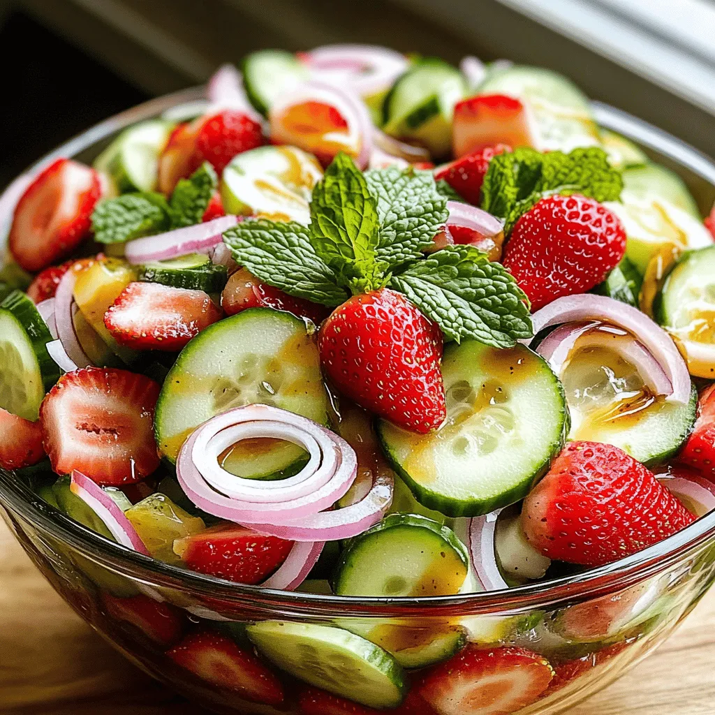 - 2 cups fresh strawberries, hulled and sliced - 1 large cucumber, thinly sliced - 1/4 red onion, thinly sliced - 1/4 cup fresh mint leaves, chopped - 1 tablespoon honey - 2 tablespoons balsamic vinegar - Salt and pepper to taste - Additional mint leaves - Extra sliced strawberries for garnish The key to a bright and tasty Cucumber Strawberry Salad lies in fresh ingredients. Fresh strawberries bring a sweet burst of flavor. I like to hull and slice them myself for the best taste. A large cucumber adds crunch and hydration. Thin slices work best, keeping everything light. I also include red onion for a bit of zing. The mint leaves add a refreshing touch that ties it all together. For the dressing, I mix honey with balsamic vinegar. This combo offers a sweet and tangy kick. A pinch of salt and pepper rounds out the flavors. You can adjust the amount of honey based on your taste. If you want to dress it up, consider adding extra mint leaves or more sliced strawberries on top. These optional toppings make your salad look even more inviting. Use this fresh ingredient list as your guide, and you'll create a salad that delights the senses. For the full recipe, check out the Refreshing Cucumber Strawberry Delight. How to hull and slice strawberries To hull strawberries, use a small knife. Gently cut around the green stem. Pull the stem out to leave a clean berry. After hulling, slice each berry in half or quarters. This makes them perfect for the salad. Slicing cucumbers and red onions For cucumbers, wash them well. Cut off both ends and slice them thinly. Thin slices help the cucumbers mix well with other flavors. Next, take the red onion. Peel off the skin and slice it thinly. You want small pieces to avoid overpowering the salad. Combining ingredients in a large bowl In a large bowl, add the sliced strawberries, cucumber, and red onion. Toss them gently with your hands. This helps to mix the colors and flavors evenly. Then, add the chopped mint leaves for a fresh taste. Whisking together the dressing In a small bowl, add honey and balsamic vinegar. Use a whisk to mix them until smooth. This sweet and tangy dressing is key to your salad's flavor. Drizzling the dressing and tossing Pour the dressing over the salad mixture. Use a spoon to gently toss everything together. Make sure all the ingredients are coated in the dressing. Seasoning and letting it rest Add salt and pepper to taste. Mix again to distribute the seasoning. Let the salad rest for about 10 minutes. This allows the flavors to blend well. You can find the full recipe [here](#). To make your cucumber strawberry salad even better, adjust the sweetness with honey. Honey adds a natural sweetness that pairs well with strawberries. Start with one tablespoon, but feel free to add more based on your taste. If your strawberries are very sweet, you might use less. Next, balance the acidity of the balsamic vinegar. Two tablespoons is a good start, but you can add more if you prefer a tangier taste. Mix the honey with the vinegar well. This will create a smooth dressing that enhances all the flavors in the salad. How you serve your salad matters. A large glass bowl shows off the vibrant colors of the fresh ingredients. You can also use mason jars for a fun, portable option. This is great for picnics or meal prep! For garnishing, think about adding extra mint leaves on top. You can also place a few slices of strawberry for a pop of color. These small touches make your salad look even more inviting. Using seasonal ingredients makes your salad taste even better. Strawberries are best in late spring and early summer. Cucumbers are fresh in summer. When you use them in season, they are sweeter and crunchier. If strawberries or cucumbers are out of season, don’t worry! You can substitute with other fruits like blueberries or peaches. Try different vegetables too, like bell peppers or zucchini, to keep things fresh and exciting. {{image_2}} You can make this salad even tastier with some fun add-ins. Try adding feta cheese or goat cheese for a creamy texture. These cheeses add a salty touch that pairs well with the sweet strawberries. If you want some crunch, consider adding nuts. Walnuts or almonds work great and give a nice bite to the dish. Switching up the dressing can change the whole flavor. A citrus vinaigrette brings a zesty twist to this salad. Mix some lemon juice or orange juice with olive oil for a bright taste. You can also explore yogurt-based dressings. These dressings can add creaminess while keeping it light. This salad is great on its own, but you can also pair it with other dishes. Grilled chicken is a fantastic match. The juicy chicken complements the fresh flavors of the salad. You can also serve it as a side with BBQ dishes. The sweet and cool elements of the salad balance the smoky flavors well. For the full recipe, check out the Refreshing Cucumber Strawberry Delight. To keep your cucumber strawberry salad fresh, store leftovers in the fridge. Place it in an airtight container. This helps keep moisture in and air out. You can also cover the bowl tightly with plastic wrap. Both methods work well to prevent drying out. I recommend using glass containers. They do not absorb smells. Plus, they keep the salad fresh longer. If you use plastic, choose BPA-free options for safety. Your salad will stay good in the fridge for about three days. After that, the veggies may become soggy. Always check for signs of spoilage. Look for brown or mushy strawberries. If the cucumber feels slimy, it’s time to toss it. You can freeze cucumber strawberry salad, but it’s not ideal. Freezing changes the texture of cucumbers and strawberries. If you choose to freeze it, separate the components first. Freeze the strawberries and cucumber separately. This way, you can use them later in smoothies or other dishes, but not as a salad. Yes, you can prepare this salad ahead of time. I suggest making it no more than a few hours before serving. This way, the flavors mix well without losing the salad's crunch. If you make it too early, the cucumbers may get soggy. Store it in the fridge to keep it fresh. If you need a balsamic vinegar substitute, try apple cider vinegar. It adds a nice sweetness. You can also use red wine vinegar for a sharper taste. Both options work well with the salad's fresh flavors. Each vinegar brings a unique profile, so choose based on your taste. Yes, this salad is vegan-friendly. It contains no animal products. The honey can be swapped for maple syrup if you want a fully vegan dish. This makes it easy for everyone to enjoy the fresh, vibrant flavors. This cucumber strawberry salad is fresh and easy to make. Start with lovely ingredients like strawberries, cucumbers, and mint. Combine them with a simple honey-balsamic dressing for a tasty meal. Feel free to add cheese or nuts for more flavor. Remember to serve it right or store it well for later. This dish fits in with nearly any meal. Wait until summer to use the best fresh produce. Enjoy your vibrant and healthy salad!