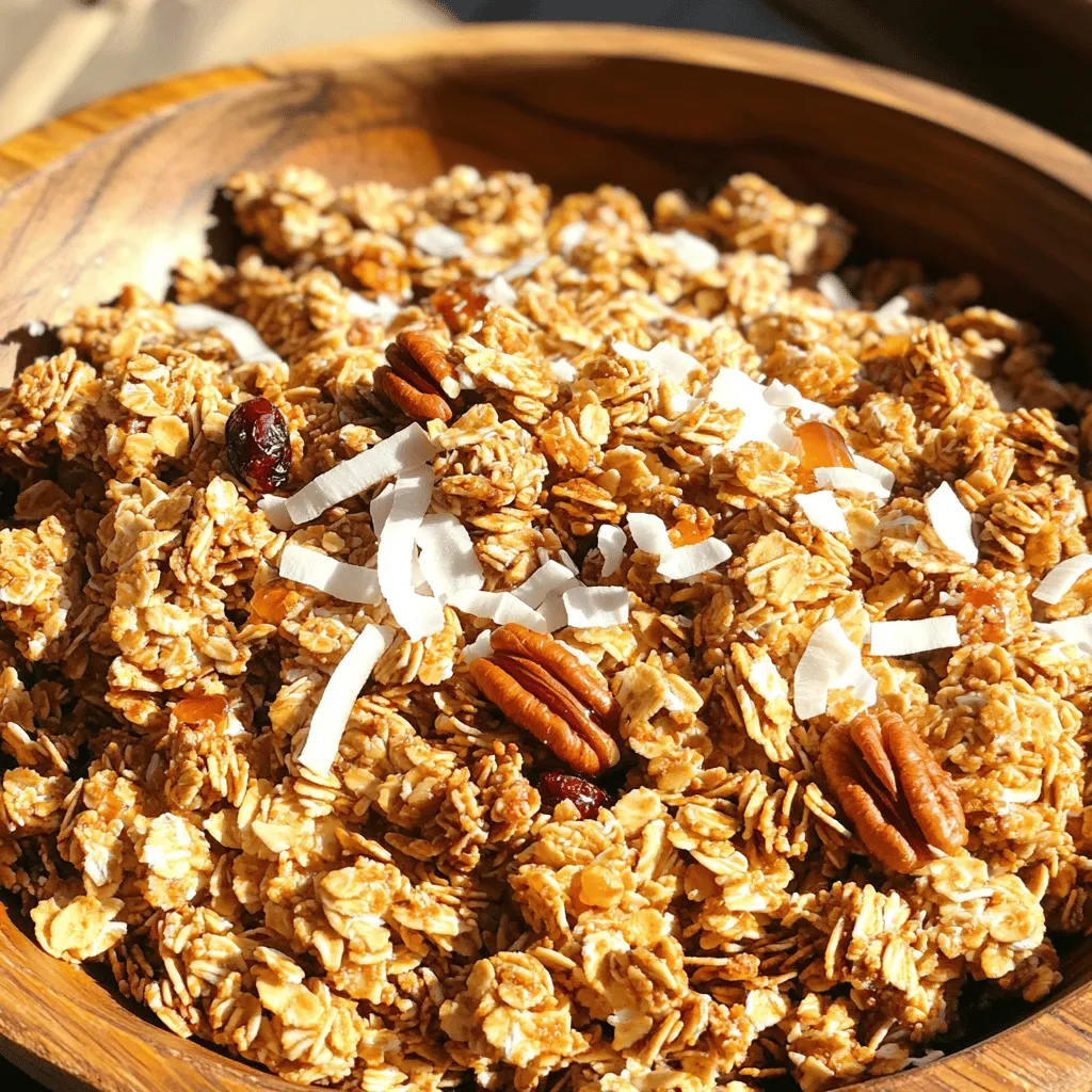 - 2 cups rolled oats - 1 cup pecans, roughly chopped - 1/2 cup unsweetened shredded coconut - 1/4 cup sunflower seeds - 1/4 cup maple syrup - 2 tablespoons coconut oil, melted - 1 teaspoon vanilla extract - 1 teaspoon cinnamon - 1/2 teaspoon salt - 1/2 cup dried cranberries (optional) Gathering the right ingredients is key for great maple pecan granola. I love using rolled oats for a chewy texture. Pecans add a nice crunch and flavor. The unsweetened shredded coconut gives a hint of sweetness. Sunflower seeds boost the nutty notes and add healthy fats. Maple syrup is our sweetener. It gives that lovely flavor we crave. Coconut oil helps everything crisp up nicely. Vanilla extract adds warmth and depth. Cinnamon brings in a cozy spice note, while salt enhances all the flavors. You can add dried cranberries for a fruity touch. They give a burst of tartness that pairs perfectly with the sweet maple. I recommend using these ingredients to create a delicious granola mix. For the full recipe and detailed steps, check out the Full Recipe section. First, you need to preheat your oven. Set it to 350°F (175°C). This step helps the granola bake evenly. Line a baking sheet with parchment paper to make cleanup easy later. Next, grab a large mixing bowl. Add 2 cups of rolled oats, 1 cup of roughly chopped pecans, 1/2 cup of shredded coconut, and 1/4 cup of sunflower seeds. Stir these dry ingredients well. This mix gives your granola a great crunch and flavor. In a small bowl, combine the wet ingredients. Whisk together 1/4 cup of maple syrup, 2 tablespoons of melted coconut oil, 1 teaspoon of vanilla extract, 1 teaspoon of cinnamon, and 1/2 teaspoon of salt. Make sure everything blends nicely. This mixture adds sweetness and richness to your granola. Now, pour the wet mixture over the dry ingredients. Stir until all the dry ingredients get coated. Spread the mixture evenly on your baking sheet. Bake for 20-25 minutes. Stir the granola every 10 minutes. This ensures it browns evenly. Once golden and fragrant, remove it from the oven. Let it cool completely on the baking sheet. It will become crunchy as it cools. If you like, stir in 1/2 cup of dried cranberries after it cools. Store your granola in an airtight container. For the full recipe, check the details above. To make sure your granola is crunchy, follow a few key steps. First, use rolled oats, as they bake better than quick oats. Second, spread the mixture evenly on the baking sheet. This allows for even toasting. Stir every ten minutes while baking. This helps the granola brown evenly. After baking, let it cool completely on the sheet. It will harden as it cools, giving you that perfect crunch. You can boost the flavor of your granola in many ways. Add spices like nutmeg or ginger for warmth. A pinch of sea salt can enhance the sweetness of the maple syrup. For a fruity twist, toss in dried fruits like cranberries or apricots. If you like a hint of chocolate, mix in some dark chocolate chips after baking. These small changes can create a granola that suits your taste perfectly. Maple pecan granola is versatile and fun to serve. You can enjoy it with yogurt and fresh fruit for a wholesome breakfast. Sprinkle it over salads for a crunchy texture. It also makes a great topping for desserts like ice cream. For a quick snack, grab a handful straight from the jar. The options are endless! Check out the Full Recipe for more ideas on how to enjoy this tasty treat. {{image_2}} You can switch out pecans for other nuts. Almonds, walnuts, or cashews work well. Each nut brings a unique taste and texture. Try using a mix for more flavor. Just keep the total nut amount the same. This way, your granola will still crunch. If you like it sweeter, add more maple syrup. Honey or agave syrup can also work great. For less sweetness, use less syrup or try unsweetened applesauce. Balance the flavors until it fits your taste. The aim is a granola that you love! You can add seeds or dried fruits for extra flavor. Chia seeds or pumpkin seeds add nutrition. Dried fruits like raisins, apricots, or blueberries give a nice chew. Try spices like nutmeg or ginger for a twist. Get creative and make it your own! Check out the Full Recipe for more tips on making this tasty Maple Pecan Granola! To keep your Maple Pecan Granola fresh, store it in an airtight container. Glass jars work well, but plastic containers are fine too. Make sure the container is completely sealed to keep out air and moisture. You can store it at room temperature, away from heat and sunlight. This helps maintain its crunch and flavor. When stored properly, your granola can last up to two weeks. If you want it to last longer, consider freezing it. Granola can stay fresh for three months in the freezer. Just make sure to use a freezer-safe container. When you want to eat it, let it thaw at room temperature. If your granola loses its crunch, don't worry! You can easily bring it back to life. Preheat your oven to 300°F (150°C). Spread the stale granola on a baking sheet in a single layer. Bake it for about 5 to 10 minutes. Keep an eye on it to avoid burning. Let it cool, and it should be crunchy again. Enjoy this tasty treat in various ways, like on yogurt or as a snack. For the full recipe, check out the complete details. You can customize your granola easily. Try adding different nuts, seeds, or dried fruit. You might like almonds, walnuts, or pumpkin seeds. You can swap maple syrup for honey or agave. Adjust the cinnamon for more or less spice. Mix in chocolate chips for a sweet treat. Yes, you can make this granola gluten-free. Choose certified gluten-free oats when you shop. Most nuts and seeds are naturally gluten-free too. Just make sure all your ingredients are safe. This way, everyone can enjoy your tasty granola. Maple Pecan Granola can be a healthy choice. It has whole grains from oats and healthy fats from nuts. The maple syrup adds natural sweetness, but it’s still sugar. Add dried fruit for extra vitamins. Enjoy in moderation for a balanced snack. Watch for the color and smell. Your granola will turn golden brown and smell great. Stir it every ten minutes for even toasting. It usually takes about 20 to 25 minutes. Let it cool completely; it will get crunchier as it cools. Absolutely! You can use any nuts or seeds you like. Almonds, cashews, or hazelnuts all work well. You can also try chia seeds or flaxseeds for extra nutrition. Feel free to mix and match for your perfect granola. For the full recipe, check out the detailed instructions above. Maple pecan granola is a tasty snack or breakfast. It has a crunchy texture and sweet flavor. You can make it with simple ingredients. Here’s what you need: - 2 cups rolled oats - 1 cup pecans, roughly chopped - 1/2 cup unsweetened shredded coconut - 1/4 cup sunflower seeds - 1/4 cup maple syrup - 2 tablespoons coconut oil, melted - 1 teaspoon vanilla extract - 1 teaspoon cinnamon - 1/2 teaspoon salt - 1/2 cup dried cranberries (optional) These ingredients create a perfect balance of flavors. The oats give it body, while pecans add crunch. Coconut adds a tropical twist, and sunflower seeds boost nutrition. Maple syrup is the sweetener that ties it all together. To make this granola, start by preheating your oven to 350°F (175°C). Next, mix the dry ingredients in a large bowl. This includes the oats, pecans, coconut, and sunflower seeds. In another bowl, whisk the wet ingredients together. This step ensures even flavor in every bite. Once combined, spread the mixture onto a parchment-lined baking sheet. Bake for 20-25 minutes. Stir every 10 minutes to help it toast evenly. The granola is done when it turns golden brown and smells amazing. Let it cool completely on the baking sheet. As it cools, it will become crunchy. You can add dried cranberries at this stage for a fruity flavor. Transfer the granola to an airtight container for storage. This recipe makes about 8 cups. You can serve it with yogurt and fresh fruit. It is also great on salads or desserts. Enjoy the delicious crunch of maple pecan granola! You now have a simple way to make Maple Pecan Granola. We covered the key ingredients, from oats to cranberries. You learned how to mix, bake, and store your granola. I shared tips to make it crunchy and tasty. Plus, you can customize it to fit your taste. This recipe is healthy and easy to make. Enjoy it alone or with yogurt. Get creative with flavors and ingredients. Making your own granola is fun, so dive in and start baking!