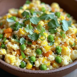 - 1 medium head of cauliflower - 2 tablespoons sesame oil - 1 small onion - 2 cloves garlic - 1 cup mixed vegetables (peas, carrots, corn) - 2 large eggs - 3 green onions - 3 tablespoons soy sauce - Salt and pepper to taste - Fresh cilantro (optional) Cauliflower fried rice is a simple dish. It uses fresh, easy-to-find ingredients. The star is the cauliflower. I like to use a medium head of cauliflower. When you grate it, it turns into rice-sized pieces. This gives you the perfect base. Next, sesame oil adds a nice flavor. I use two tablespoons. Then, chop one small onion and mince two cloves of garlic. Both ingredients bring great taste. They also add a nice aroma to the dish. I love to add variety with mixed vegetables. A cup of peas, carrots, and corn works well. It brings color and nutrition. You can use frozen or fresh veggies. For protein, I add two large eggs. Beaten eggs mix well with the other ingredients. Finally, I use three green onions and three tablespoons of soy sauce. The green onions give a fresh crunch, and the soy sauce adds depth. Don't forget to season with salt and pepper. You can also add fresh cilantro for garnish if you like. This dish is not just tasty; it's also healthy. You can find the full recipe to make this delightful meal. - Wash and grate the cauliflower. - Set aside after grating. Start with a medium head of cauliflower. Rinse it well under cold water to remove dirt. Cut away the leaves and stem. You can use a box grater or a food processor. Grate until it looks like rice. This is the base for your dish. - Sauté onion and garlic. - Add mixed vegetables and cook until tender. - Scramble eggs and combine with vegetables. In a large skillet, heat two tablespoons of sesame oil over medium heat. Add a finely chopped onion. Cook for about three minutes until it turns clear. Now, add two minced garlic cloves. Stir for thirty seconds until you smell the garlic. Next, toss in one cup of mixed vegetables. Cook these for two to three minutes until they soften. Push the veggies to one side of the skillet. Pour in two beaten eggs on the other side. Scramble them for a minute and mix with the veggies. - Mix in grated cauliflower. - Add soy sauce, salt, and pepper. - Stir-fry until golden and tender. Now, add the grated cauliflower to the skillet. Mix everything well. Pour in three tablespoons of soy sauce. Season with salt and pepper to taste. Stir-fry this mix for five to seven minutes until the cauliflower becomes tender and a bit golden. Finally, stir in three sliced green onions. This gives a fresh kick to your dish. Enjoy your vibrant and tasty cauliflower fried rice hot! For the full recipe, check out the details above. To get the best texture, avoid overcooking the cauliflower. Cook it just until tender. This keeps it from getting mushy. High heat is your friend here. It helps the cauliflower fry nicely and stay crisp. You can add your favorite sauces or spices. Try different options like teriyaki or chili sauce. If you want more protein, add chicken or shrimp. This makes the meal heartier and even more filling. Serve your cauliflower fried rice hot. It works great as a main dish or a side. To take it up a notch, add fresh herbs like cilantro or basil. They add color and fresh flavor to your dish. For the complete recipe, check out the Full Recipe section. {{image_2}} You can add protein to make this dish heartier. Try chicken, shrimp, or tofu. Each option brings a unique flavor. For chicken or shrimp, cook them first in the pan. Set them aside once done. Then, add them back in with the cauliflower. For tofu, press it to remove water before cooking. This helps it crisp up nicely. Feel free to switch the mixed veggies for what you have. Bell peppers, broccoli, or snap peas work great. Using seasonal veggies makes this dish fresher. In summer, add zucchini or corn. In winter, try carrots or kale. The key is to keep it colorful and vibrant. If you need it gluten-free, use tamari instead of soy sauce. This keeps the taste while meeting dietary needs. For a vegan version, skip the eggs. Replace them with scrambled tofu or chickpeas. This keeps protein in the dish and makes it filling. To store your leftover cauliflower fried rice, place it in an airtight container. This keeps it fresh and prevents odors from mixing. You can keep it in the refrigerator for about three days. I recommend using glass containers. They are easy to clean and do not stain. The best method to reheat cauliflower fried rice is on the stove. Heat a little sesame oil in a skillet over medium heat. Add the rice and stir it often. This helps maintain its texture and flavor. You can also use a microwave. Just cover it with a damp paper towel. This keeps it moist and stops it from drying out. If you want to freeze your fried rice, let it cool first. Then, place it in a freezer-safe bag or container. Make sure to remove as much air as you can. This prevents freezer burn. You can freeze it for up to three months. When you are ready to eat it, thaw it in the fridge overnight. Reheat it in a skillet for the best taste and texture. You can also microwave it directly from frozen, but it may need extra time. For a complete guide on making this dish, check out the Full Recipe. Cauliflower fried rice is a tasty dish made by substituting cauliflower for regular rice. It is low in carbs and calories. This dish includes vegetables, eggs, and a bit of soy sauce. It offers a great way to enjoy the flavors of fried rice without all the carbs. You can customize it with your favorite veggies or proteins. Cauliflower is full of nutrients, making this meal healthy and filling. Yes, you can prepare cauliflower fried rice ahead of time. To store it, keep it in an airtight container in the fridge. It stays fresh for about three to four days. You can also freeze it for longer storage. Just make sure to defrost it in the fridge before reheating. When you’re ready to eat, just heat it in a pan until warm. To boost the flavor of cauliflower fried rice, try these tips: - Add more spices like ginger or chili flakes for heat. - Use different sauces, like teriyaki, for a unique taste. - Include fresh herbs like cilantro or basil for freshness. - Sauté the cauliflower until it gets a nice golden color. These steps will add depth and make your dish even more delicious. Cauliflower fried rice is very healthy. It is low in calories and high in fiber. This dish helps you feel full without adding too many carbs. Cauliflower is rich in vitamins C and K, which are great for your immune system. It also has antioxidants that help your body fight off illness. By choosing cauliflower as a base, you create a nutritious meal that supports your health goals. Enjoying it as a part of a balanced diet is a smart choice! Cauliflower fried rice is a tasty and healthy dish. We explored its ingredients, including cauliflower, eggs, and soy sauce. I shared easy steps for preparation and cooking. You can use tips to improve texture and flavor. Variations let you customize the dish with different proteins and veggies. Remember to store leftovers well for quick meals later. This dish offers good nutrition and is simple to make. I hope you feel excited to try it or create your own version!