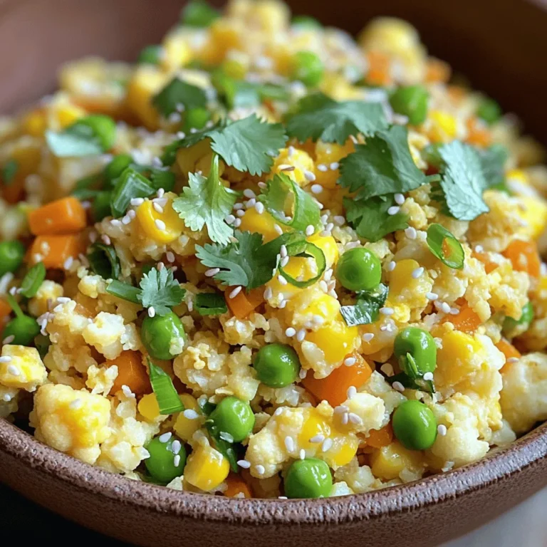 - 1 medium head of cauliflower - 2 tablespoons sesame oil - 1 small onion - 2 cloves garlic - 1 cup mixed vegetables (peas, carrots, corn) - 2 large eggs - 3 green onions - 3 tablespoons soy sauce - Salt and pepper to taste - Fresh cilantro (optional) Cauliflower fried rice is a simple dish. It uses fresh, easy-to-find ingredients. The star is the cauliflower. I like to use a medium head of cauliflower. When you grate it, it turns into rice-sized pieces. This gives you the perfect base. Next, sesame oil adds a nice flavor. I use two tablespoons. Then, chop one small onion and mince two cloves of garlic. Both ingredients bring great taste. They also add a nice aroma to the dish. I love to add variety with mixed vegetables. A cup of peas, carrots, and corn works well. It brings color and nutrition. You can use frozen or fresh veggies. For protein, I add two large eggs. Beaten eggs mix well with the other ingredients. Finally, I use three green onions and three tablespoons of soy sauce. The green onions give a fresh crunch, and the soy sauce adds depth. Don't forget to season with salt and pepper. You can also add fresh cilantro for garnish if you like. This dish is not just tasty; it's also healthy. You can find the full recipe to make this delightful meal. - Wash and grate the cauliflower. - Set aside after grating. Start with a medium head of cauliflower. Rinse it well under cold water to remove dirt. Cut away the leaves and stem. You can use a box grater or a food processor. Grate until it looks like rice. This is the base for your dish. - Sauté onion and garlic. - Add mixed vegetables and cook until tender. - Scramble eggs and combine with vegetables. In a large skillet, heat two tablespoons of sesame oil over medium heat. Add a finely chopped onion. Cook for about three minutes until it turns clear. Now, add two minced garlic cloves. Stir for thirty seconds until you smell the garlic. Next, toss in one cup of mixed vegetables. Cook these for two to three minutes until they soften. Push the veggies to one side of the skillet. Pour in two beaten eggs on the other side. Scramble them for a minute and mix with the veggies. - Mix in grated cauliflower. - Add soy sauce, salt, and pepper. - Stir-fry until golden and tender. Now, add the grated cauliflower to the skillet. Mix everything well. Pour in three tablespoons of soy sauce. Season with salt and pepper to taste. Stir-fry this mix for five to seven minutes until the cauliflower becomes tender and a bit golden. Finally, stir in three sliced green onions. This gives a fresh kick to your dish. Enjoy your vibrant and tasty cauliflower fried rice hot! For the full recipe, check out the details above. To get the best texture, avoid overcooking the cauliflower. Cook it just until tender. This keeps it from getting mushy. High heat is your friend here. It helps the cauliflower fry nicely and stay crisp. You can add your favorite sauces or spices. Try different options like teriyaki or chili sauce. If you want more protein, add chicken or shrimp. This makes the meal heartier and even more filling. Serve your cauliflower fried rice hot. It works great as a main dish or a side. To take it up a notch, add fresh herbs like cilantro or basil. They add color and fresh flavor to your dish. For the complete recipe, check out the Full Recipe section. {{image_2}} You can add protein to make this dish heartier. Try chicken, shrimp, or tofu. Each option brings a unique flavor. For chicken or shrimp, cook them first in the pan. Set them aside once done. Then, add them back in with the cauliflower. For tofu, press it to remove water before cooking. This helps it crisp up nicely. Feel free to switch the mixed veggies for what you have. Bell peppers, broccoli, or snap peas work great. Using seasonal veggies makes this dish fresher. In summer, add zucchini or corn. In winter, try carrots or kale. The key is to keep it colorful and vibrant. If you need it gluten-free, use tamari instead of soy sauce. This keeps the taste while meeting dietary needs. For a vegan version, skip the eggs. Replace them with scrambled tofu or chickpeas. This keeps protein in the dish and makes it filling. To store your leftover cauliflower fried rice, place it in an airtight container. This keeps it fresh and prevents odors from mixing. You can keep it in the refrigerator for about three days. I recommend using glass containers. They are easy to clean and do not stain. The best method to reheat cauliflower fried rice is on the stove. Heat a little sesame oil in a skillet over medium heat. Add the rice and stir it often. This helps maintain its texture and flavor. You can also use a microwave. Just cover it with a damp paper towel. This keeps it moist and stops it from drying out. If you want to freeze your fried rice, let it cool first. Then, place it in a freezer-safe bag or container. Make sure to remove as much air as you can. This prevents freezer burn. You can freeze it for up to three months. When you are ready to eat it, thaw it in the fridge overnight. Reheat it in a skillet for the best taste and texture. You can also microwave it directly from frozen, but it may need extra time. For a complete guide on making this dish, check out the Full Recipe. Cauliflower fried rice is a tasty dish made by substituting cauliflower for regular rice. It is low in carbs and calories. This dish includes vegetables, eggs, and a bit of soy sauce. It offers a great way to enjoy the flavors of fried rice without all the carbs. You can customize it with your favorite veggies or proteins. Cauliflower is full of nutrients, making this meal healthy and filling. Yes, you can prepare cauliflower fried rice ahead of time. To store it, keep it in an airtight container in the fridge. It stays fresh for about three to four days. You can also freeze it for longer storage. Just make sure to defrost it in the fridge before reheating. When you’re ready to eat, just heat it in a pan until warm. To boost the flavor of cauliflower fried rice, try these tips: - Add more spices like ginger or chili flakes for heat. - Use different sauces, like teriyaki, for a unique taste. - Include fresh herbs like cilantro or basil for freshness. - Sauté the cauliflower until it gets a nice golden color. These steps will add depth and make your dish even more delicious. Cauliflower fried rice is very healthy. It is low in calories and high in fiber. This dish helps you feel full without adding too many carbs. Cauliflower is rich in vitamins C and K, which are great for your immune system. It also has antioxidants that help your body fight off illness. By choosing cauliflower as a base, you create a nutritious meal that supports your health goals. Enjoying it as a part of a balanced diet is a smart choice! Cauliflower fried rice is a tasty and healthy dish. We explored its ingredients, including cauliflower, eggs, and soy sauce. I shared easy steps for preparation and cooking. You can use tips to improve texture and flavor. Variations let you customize the dish with different proteins and veggies. Remember to store leftovers well for quick meals later. This dish offers good nutrition and is simple to make. I hope you feel excited to try it or create your own version!