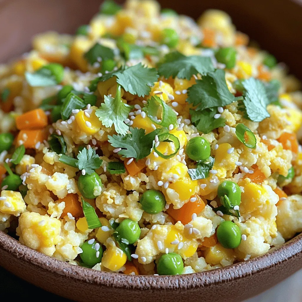 - 1 medium head of cauliflower - 2 tablespoons sesame oil - 1 small onion - 2 cloves garlic - 1 cup mixed vegetables (peas, carrots, corn) - 2 large eggs - 3 green onions - 3 tablespoons soy sauce - Salt and pepper to taste - Fresh cilantro (optional) Cauliflower fried rice is a simple dish. It uses fresh, easy-to-find ingredients. The star is the cauliflower. I like to use a medium head of cauliflower. When you grate it, it turns into rice-sized pieces. This gives you the perfect base. Next, sesame oil adds a nice flavor. I use two tablespoons. Then, chop one small onion and mince two cloves of garlic. Both ingredients bring great taste. They also add a nice aroma to the dish. I love to add variety with mixed vegetables. A cup of peas, carrots, and corn works well. It brings color and nutrition. You can use frozen or fresh veggies. For protein, I add two large eggs. Beaten eggs mix well with the other ingredients. Finally, I use three green onions and three tablespoons of soy sauce. The green onions give a fresh crunch, and the soy sauce adds depth. Don't forget to season with salt and pepper. You can also add fresh cilantro for garnish if you like. This dish is not just tasty; it's also healthy. You can find the full recipe to make this delightful meal. - Wash and grate the cauliflower. - Set aside after grating. Start with a medium head of cauliflower. Rinse it well under cold water to remove dirt. Cut away the leaves and stem. You can use a box grater or a food processor. Grate until it looks like rice. This is the base for your dish. - Sauté onion and garlic. - Add mixed vegetables and cook until tender. - Scramble eggs and combine with vegetables. In a large skillet, heat two tablespoons of sesame oil over medium heat. Add a finely chopped onion. Cook for about three minutes until it turns clear. Now, add two minced garlic cloves. Stir for thirty seconds until you smell the garlic. Next, toss in one cup of mixed vegetables. Cook these for two to three minutes until they soften. Push the veggies to one side of the skillet. Pour in two beaten eggs on the other side. Scramble them for a minute and mix with the veggies. - Mix in grated cauliflower. - Add soy sauce, salt, and pepper. - Stir-fry until golden and tender. Now, add the grated cauliflower to the skillet. Mix everything well. Pour in three tablespoons of soy sauce. Season with salt and pepper to taste. Stir-fry this mix for five to seven minutes until the cauliflower becomes tender and a bit golden. Finally, stir in three sliced green onions. This gives a fresh kick to your dish. Enjoy your vibrant and tasty cauliflower fried rice hot! For the full recipe, check out the details above. To get the best texture, avoid overcooking the cauliflower. Cook it just until tender. This keeps it from getting mushy. High heat is your friend here. It helps the cauliflower fry nicely and stay crisp. You can add your favorite sauces or spices. Try different options like teriyaki or chili sauce. If you want more protein, add chicken or shrimp. This makes the meal heartier and even more filling. Serve your cauliflower fried rice hot. It works great as a main dish or a side. To take it up a notch, add fresh herbs like cilantro or basil. They add color and fresh flavor to your dish. For the complete recipe, check out the Full Recipe section. {{image_2}} You can add protein to make this dish heartier. Try chicken, shrimp, or tofu. Each option brings a unique flavor. For chicken or shrimp, cook them first in the pan. Set them aside once done. Then, add them back in with the cauliflower. For tofu, press it to remove water before cooking. This helps it crisp up nicely. Feel free to switch the mixed veggies for what you have. Bell peppers, broccoli, or snap peas work great. Using seasonal veggies makes this dish fresher. In summer, add zucchini or corn. In winter, try carrots or kale. The key is to keep it colorful and vibrant. If you need it gluten-free, use tamari instead of soy sauce. This keeps the taste while meeting dietary needs. For a vegan version, skip the eggs. Replace them with scrambled tofu or chickpeas. This keeps protein in the dish and makes it filling. To store your leftover cauliflower fried rice, place it in an airtight container. This keeps it fresh and prevents odors from mixing. You can keep it in the refrigerator for about three days. I recommend using glass containers. They are easy to clean and do not stain. The best method to reheat cauliflower fried rice is on the stove. Heat a little sesame oil in a skillet over medium heat. Add the rice and stir it often. This helps maintain its texture and flavor. You can also use a microwave. Just cover it with a damp paper towel. This keeps it moist and stops it from drying out. If you want to freeze your fried rice, let it cool first. Then, place it in a freezer-safe bag or container. Make sure to remove as much air as you can. This prevents freezer burn. You can freeze it for up to three months. When you are ready to eat it, thaw it in the fridge overnight. Reheat it in a skillet for the best taste and texture. You can also microwave it directly from frozen, but it may need extra time. For a complete guide on making this dish, check out the Full Recipe. Cauliflower fried rice is a tasty dish made by substituting cauliflower for regular rice. It is low in carbs and calories. This dish includes vegetables, eggs, and a bit of soy sauce. It offers a great way to enjoy the flavors of fried rice without all the carbs. You can customize it with your favorite veggies or proteins. Cauliflower is full of nutrients, making this meal healthy and filling. Yes, you can prepare cauliflower fried rice ahead of time. To store it, keep it in an airtight container in the fridge. It stays fresh for about three to four days. You can also freeze it for longer storage. Just make sure to defrost it in the fridge before reheating. When you’re ready to eat, just heat it in a pan until warm. To boost the flavor of cauliflower fried rice, try these tips: - Add more spices like ginger or chili flakes for heat. - Use different sauces, like teriyaki, for a unique taste. - Include fresh herbs like cilantro or basil for freshness. - Sauté the cauliflower until it gets a nice golden color. These steps will add depth and make your dish even more delicious. Cauliflower fried rice is very healthy. It is low in calories and high in fiber. This dish helps you feel full without adding too many carbs. Cauliflower is rich in vitamins C and K, which are great for your immune system. It also has antioxidants that help your body fight off illness. By choosing cauliflower as a base, you create a nutritious meal that supports your health goals. Enjoying it as a part of a balanced diet is a smart choice! Cauliflower fried rice is a tasty and healthy dish. We explored its ingredients, including cauliflower, eggs, and soy sauce. I shared easy steps for preparation and cooking. You can use tips to improve texture and flavor. Variations let you customize the dish with different proteins and veggies. Remember to store leftovers well for quick meals later. This dish offers good nutrition and is simple to make. I hope you feel excited to try it or create your own version!