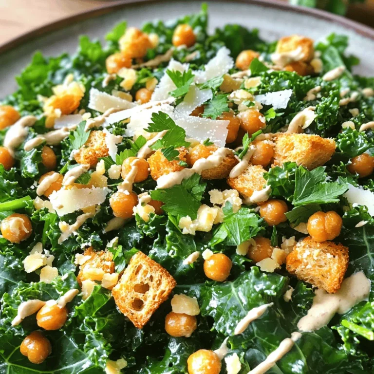- Kale: Use fresh, dark green kale. Lacinato or curly kale works well. Look for firm leaves and avoid yellow ones. - Other key ingredients and their benefits: - Chickpeas: These add protein and fiber, helping you feel full. - Parmesan cheese: Provides a rich flavor and calcium. - Sunflower seeds: Great for healthy fats and a nice crunch. - Croutons: Add texture. You can use store-bought or make your own. - Dressing components: - Tahini: Adds creaminess and nutty flavor. - Lemon juice: Brightens the salad with acid. - Dijon mustard: Gives a tangy taste and depth. - Olive oil: Provides healthy fats and smoothness. - Garlic: Adds a punch of flavor. - Salt and pepper: Enhances all the flavors. This mix of ingredients creates a tasty and healthy meal. You can find the complete preparation steps in the Full Recipe. To start, you need to prepare the kale. First, wash the kale leaves well. Then, chop them into bite-sized pieces. Next, it’s time to massage the kale. Why massage? This step softens the leaves and makes them tasty. Just sprinkle a pinch of salt on the kale and use your hands. Massage for about 2-3 minutes. You should feel the leaves becoming tender. For the perfect texture, ensure you remove all tough stems. Always choose fresh, vibrant kale. Look for deep green leaves without any yellow or brown spots. This helps your salad taste great. Now, let’s move on to the dressing. In a small bowl, add the tahini, lemon juice, Dijon mustard, olive oil, minced garlic, salt, and pepper. Use a whisk to mix these ingredients. Whisking helps create a smooth blend. If the dressing is too thick, add a tablespoon of water. Taste it and adjust the flavors. You might like more lemon or salt, so feel free to experiment. After the dressing is ready, it’s time to combine the ingredients. Drizzle the dressing over the massaged kale. Toss gently until all the leaves are coated. This step is crucial for even flavor distribution. Next, fold in the roasted chickpeas and sunflower seeds. Add half of the shaved Parmesan cheese, mixing everything softly. For serving, transfer the salad to a large platter or individual bowls. Top it with croutons and the remaining Parmesan cheese. Finally, sprinkle fresh chopped parsley on top for a beautiful finish. Enjoy your Kale Caesar Salad immediately for the best taste and texture. Don’t forget to check out the Full Recipe for more tips! To make your Kale Caesar Salad pop with flavor, try these fun additions: - Add diced avocado for creaminess. - Incorporate cherry tomatoes for sweetness and color. - Toss in some bacon bits for a savory crunch. For seasonings, consider: - Freshly cracked black pepper for a bit of heat. - A sprinkle of smoked paprika for depth. - A squeeze of fresh lemon juice to brighten each bite. If you want a lighter dressing, swap tahini with: - Greek yogurt for a creamy, low-calorie option. - Plain hummus for a vegan-friendly choice. For gluten-free options, ensure your croutons are gluten-free. You can also skip them and add: - Nuts or seeds for crunch without gluten. - Grated nutritional yeast for a cheesy flavor that is also vegan. These tips will help you tailor your salad to fit your taste and health goals. For the complete recipe, check out the Full Recipe. {{image_2}} You can make your Kale Caesar salad more filling by adding proteins. Chicken is a classic choice. Grilled or roasted chicken adds a nice touch. Tofu is a great plant-based option. It absorbs flavors well and adds protein. You can also switch up the greens. Try adding spinach or arugula for a different taste. Other veggies like bell peppers or cucumbers can add crunch. These choices keep your salad fresh and exciting. Seasonal ingredients can really change your salad. In the fall, add roasted butternut squash for sweetness. In the summer, fresh tomatoes can brighten the dish. These swaps keep your salad aligned with the season. For special occasions, think about unique flavors. Adding spicy sriracha to the dressing can give it a kick. You can also sprinkle in some nuts or seeds for texture. These small changes make your salad stand out. For the full recipe, check out the details above. To keep your kale Caesar salad fresh, you must store it properly. First, place the salad in an airtight container. This helps prevent air from wilting the leaves. If you have dressing left, store it separately. The dressing can make the salad soggy over time. I recommend using glass containers since they do not retain odors. Also, keep the salad in the fridge. It should stay fresh for about 2-3 days. Can you freeze kale salad? No, freezing is not a good option for salads. When you freeze kale, it loses its crispness and flavor. If you really want to save it, try freezing just the roasted chickpeas. That way, you maintain the quality of the kale. If you do freeze it, use a freezer-safe bag. Remove as much air as possible. When ready to eat, thaw it in the fridge for a day before serving. A Kale Caesar Salad is packed with nutrients. Kale is rich in vitamins A, C, and K. It also has calcium and iron. Chickpeas add protein and fiber, making this salad filling. The Parmesan cheese gives you calcium and healthy fats. Overall, this salad supports your health with its balanced mix of nutrients. Yes, you can make Kale Caesar Salad ahead of time. To keep it fresh, store the dressing separately. Mix the salad just before serving. This keeps the kale crisp and prevents it from wilting. If you want to prepare it all at once, consider using a sturdier kale variety like Lacinato. This type holds up better in the fridge. Many dressings work well with kale salads. You can try a lemon vinaigrette for a light taste. A tahini-based dressing adds creaminess without dairy. For a spicy kick, use a chipotle dressing. You may also blend yogurt with herbs for a tangy twist. Experiment with flavors to find your favorite combination. For more ideas, explore recipes that suit your taste preferences. This blog post covered how to create a tasty Kale Caesar Salad. We discussed choosing the right kale and other ingredients that boost flavor and nutrition. You learned techniques for massaging kale and making a smooth dressing. We also explored fun tips to enhance flavors and healthier dressing options. Variations let you be creative with proteins and seasonal ingredients. Lastly, we shared how to store leftovers and answered common questions about nutrition and meal prep. Enjoy your kale salad, knowing it’s a tasty and healthy choice!