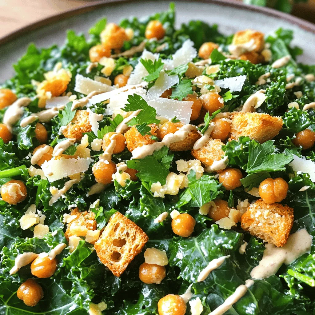 - Kale: Use fresh, dark green kale. Lacinato or curly kale works well. Look for firm leaves and avoid yellow ones. - Other key ingredients and their benefits: - Chickpeas: These add protein and fiber, helping you feel full. - Parmesan cheese: Provides a rich flavor and calcium. - Sunflower seeds: Great for healthy fats and a nice crunch. - Croutons: Add texture. You can use store-bought or make your own. - Dressing components: - Tahini: Adds creaminess and nutty flavor. - Lemon juice: Brightens the salad with acid. - Dijon mustard: Gives a tangy taste and depth. - Olive oil: Provides healthy fats and smoothness. - Garlic: Adds a punch of flavor. - Salt and pepper: Enhances all the flavors. This mix of ingredients creates a tasty and healthy meal. You can find the complete preparation steps in the Full Recipe. To start, you need to prepare the kale. First, wash the kale leaves well. Then, chop them into bite-sized pieces. Next, it’s time to massage the kale. Why massage? This step softens the leaves and makes them tasty. Just sprinkle a pinch of salt on the kale and use your hands. Massage for about 2-3 minutes. You should feel the leaves becoming tender. For the perfect texture, ensure you remove all tough stems. Always choose fresh, vibrant kale. Look for deep green leaves without any yellow or brown spots. This helps your salad taste great. Now, let’s move on to the dressing. In a small bowl, add the tahini, lemon juice, Dijon mustard, olive oil, minced garlic, salt, and pepper. Use a whisk to mix these ingredients. Whisking helps create a smooth blend. If the dressing is too thick, add a tablespoon of water. Taste it and adjust the flavors. You might like more lemon or salt, so feel free to experiment. After the dressing is ready, it’s time to combine the ingredients. Drizzle the dressing over the massaged kale. Toss gently until all the leaves are coated. This step is crucial for even flavor distribution. Next, fold in the roasted chickpeas and sunflower seeds. Add half of the shaved Parmesan cheese, mixing everything softly. For serving, transfer the salad to a large platter or individual bowls. Top it with croutons and the remaining Parmesan cheese. Finally, sprinkle fresh chopped parsley on top for a beautiful finish. Enjoy your Kale Caesar Salad immediately for the best taste and texture. Don’t forget to check out the Full Recipe for more tips! To make your Kale Caesar Salad pop with flavor, try these fun additions: - Add diced avocado for creaminess. - Incorporate cherry tomatoes for sweetness and color. - Toss in some bacon bits for a savory crunch. For seasonings, consider: - Freshly cracked black pepper for a bit of heat. - A sprinkle of smoked paprika for depth. - A squeeze of fresh lemon juice to brighten each bite. If you want a lighter dressing, swap tahini with: - Greek yogurt for a creamy, low-calorie option. - Plain hummus for a vegan-friendly choice. For gluten-free options, ensure your croutons are gluten-free. You can also skip them and add: - Nuts or seeds for crunch without gluten. - Grated nutritional yeast for a cheesy flavor that is also vegan. These tips will help you tailor your salad to fit your taste and health goals. For the complete recipe, check out the Full Recipe. {{image_2}} You can make your Kale Caesar salad more filling by adding proteins. Chicken is a classic choice. Grilled or roasted chicken adds a nice touch. Tofu is a great plant-based option. It absorbs flavors well and adds protein. You can also switch up the greens. Try adding spinach or arugula for a different taste. Other veggies like bell peppers or cucumbers can add crunch. These choices keep your salad fresh and exciting. Seasonal ingredients can really change your salad. In the fall, add roasted butternut squash for sweetness. In the summer, fresh tomatoes can brighten the dish. These swaps keep your salad aligned with the season. For special occasions, think about unique flavors. Adding spicy sriracha to the dressing can give it a kick. You can also sprinkle in some nuts or seeds for texture. These small changes make your salad stand out. For the full recipe, check out the details above. To keep your kale Caesar salad fresh, you must store it properly. First, place the salad in an airtight container. This helps prevent air from wilting the leaves. If you have dressing left, store it separately. The dressing can make the salad soggy over time. I recommend using glass containers since they do not retain odors. Also, keep the salad in the fridge. It should stay fresh for about 2-3 days. Can you freeze kale salad? No, freezing is not a good option for salads. When you freeze kale, it loses its crispness and flavor. If you really want to save it, try freezing just the roasted chickpeas. That way, you maintain the quality of the kale. If you do freeze it, use a freezer-safe bag. Remove as much air as possible. When ready to eat, thaw it in the fridge for a day before serving. A Kale Caesar Salad is packed with nutrients. Kale is rich in vitamins A, C, and K. It also has calcium and iron. Chickpeas add protein and fiber, making this salad filling. The Parmesan cheese gives you calcium and healthy fats. Overall, this salad supports your health with its balanced mix of nutrients. Yes, you can make Kale Caesar Salad ahead of time. To keep it fresh, store the dressing separately. Mix the salad just before serving. This keeps the kale crisp and prevents it from wilting. If you want to prepare it all at once, consider using a sturdier kale variety like Lacinato. This type holds up better in the fridge. Many dressings work well with kale salads. You can try a lemon vinaigrette for a light taste. A tahini-based dressing adds creaminess without dairy. For a spicy kick, use a chipotle dressing. You may also blend yogurt with herbs for a tangy twist. Experiment with flavors to find your favorite combination. For more ideas, explore recipes that suit your taste preferences. This blog post covered how to create a tasty Kale Caesar Salad. We discussed choosing the right kale and other ingredients that boost flavor and nutrition. You learned techniques for massaging kale and making a smooth dressing. We also explored fun tips to enhance flavors and healthier dressing options. Variations let you be creative with proteins and seasonal ingredients. Lastly, we shared how to store leftovers and answered common questions about nutrition and meal prep. Enjoy your kale salad, knowing it’s a tasty and healthy choice!