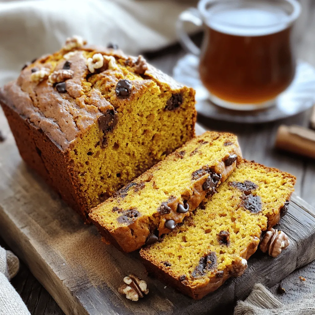 - 1 cup canned pumpkin puree - 1/2 cup vegetable oil - 1 cup granulated sugar - 1/2 cup brown sugar, packed - 3 large eggs - 2 cups all-purpose flour - 1 teaspoon baking soda - 1/2 teaspoon baking powder - 1 teaspoon ground cinnamon - 1/2 teaspoon ground nutmeg - 1/2 teaspoon ground ginger - 1/2 teaspoon salt - 1/4 teaspoon ground cloves - 1 cup chopped walnuts (optional) - 1/2 cup dark chocolate chips (optional) To make easy pumpkin bread, you need simple and fresh ingredients. Canned pumpkin puree makes it easy and tasty. You can also use fresh pumpkin if you prefer. Vegetable oil keeps the bread moist. For sweet taste, we mix granulated and brown sugars. Eggs help bind everything together. Next, we need all-purpose flour and some leavening agents like baking soda and baking powder. These help the bread rise. For spice, I add ground cinnamon, nutmeg, ginger, and cloves. Salt balances the flavors. You can customize your bread with nuts or chocolate. Walnuts add crunch, while dark chocolate chips bring sweetness. Both are optional but delicious. If you want to swap ingredients, I can help with that too. You can replace pumpkin puree with applesauce or mashed banana. For oil, use coconut oil or applesauce for a lighter option. You can also swap out sugars for honey or maple syrup. This recipe is flexible, so you can make it your own. Check out the Full Recipe for more details! To start, prepare your loaf pan. Grease a 9x5 inch loaf pan well. This helps the bread release easily after baking. Next, preheat your oven to 350°F (175°C). It’s important to have the oven hot when you bake the bread. Now, let’s mix the wet ingredients. In a large mixing bowl, combine the pumpkin puree, vegetable oil, granulated sugar, and brown sugar. Whisk until it is smooth. This step adds moisture and sweetness to the bread. After that, add the eggs one by one. Mix well after each egg to ensure they blend in fully. In another bowl, whisk together the dry ingredients. This includes the flour, baking soda, baking powder, cinnamon, nutmeg, ginger, salt, and cloves. Mixing these well helps distribute the leavening agents and spices evenly. Now, gradually add the dry mix to the wet mixture. Stir gently until just combined. Avoid overmixing; this helps keep the bread soft. Once mixed, it's time to pour the batter into the prepared loaf pan. Smooth the top with a spatula. Now, it’s time to bake! Place the loaf pan in the preheated oven. Bake for 60 to 70 minutes. You’ll know it's done when a toothpick inserted in the center comes out clean. The aroma will fill your kitchen, making it hard to wait! To make the best pumpkin bread, avoid overmixing your batter. Overmixing can lead to a dense loaf. Mix just until you see no dry flour. This keeps your bread light and fluffy. To check if your bread is done, use a toothpick. Insert it in the center of the loaf. If it comes out clean, your bread is ready. If it has batter on it, bake a little longer. You can serve pumpkin bread warm or at room temperature. I love to spread a little butter on top. A sprinkle of cinnamon adds a nice touch too. For drinks, pumpkin bread pairs well with hot tea or coffee. Try it with a pumpkin spice latte for a festive treat. If your bread is undercooked, bake it longer. Cover the top with foil if it browns too fast. This helps it cook evenly. If your bread is too dense, you may have overmixed the batter. Next time, mix just until combined. For extra flavor, try adding more spices or nuts. This can make your bread even better. {{image_2}} You can make this pumpkin bread even better with some simple tweaks. Adding spices like allspice or cardamom gives it extra warmth. Try mixing in fruits like cranberries or apples for a fresh twist. Nuts, such as walnuts or pecans, add crunch and flavor. These small changes can make your bread special. If you need gluten-free options, use gluten-free flour instead of all-purpose flour. This swap works well and keeps the taste great. For vegan modifications, replace eggs with flaxseed meal mixed with water. Use plant-based oil and a vegan sugar option to keep it entirely vegan. These changes help everyone enjoy the bread. You can turn your pumpkin bread into muffins for a fun bite-sized treat. Just pour the batter into muffin tins and adjust the baking time. Another idea is to add a cream cheese filling. Mix cream cheese with sugar and a splash of vanilla, then swirl it into the batter before baking. Both ideas keep the pumpkin flavor while adding a creative touch. To keep your pumpkin bread fresh, you can store it at room temperature. Place it in a sealed container or wrap it in plastic wrap. This keeps moisture in and stops the bread from getting stale. If your home is humid or warm, the fridge is a better choice. It can extend the bread's life but may change its texture. For the best taste, use a glass or plastic container with a tight lid. If you want to save your pumpkin bread for later, freezing works well. Wrap the bread tightly in plastic wrap, then add a layer of foil. This helps prevent freezer burn. It can last up to three months in the freezer. When you are ready to eat it, take it out and thaw it in the fridge overnight. To reheat, slice it and pop it in the toaster or microwave. Enjoy warm, and it will taste fresh again! Can I use fresh pumpkin instead of canned? Yes, you can use fresh pumpkin. Just cook and puree it first. This can add a richer flavor to your bread. Make sure to drain excess water to avoid a soggy texture. How long does pumpkin bread last? Pumpkin bread lasts about 3 to 5 days at room temperature. Keep it in an airtight container. For longer storage, refrigerate it for up to a week. Can I add chocolate chips without affecting the texture? Absolutely! Adding chocolate chips enhances the flavor without changing the bread's texture. Just fold them in gently at the end of mixing. What if my bread didn't rise? If your bread didn’t rise, check your baking soda and baking powder. They should be fresh. Also, ensure you mixed the ingredients well. Overmixing can prevent good rising too. How to tell when it's done baking? Insert a toothpick into the center of the bread. If it comes out clean or with a few crumbs, it's done. If it's wet, bake it a bit longer. Can I make it ahead of time? Yes, you can make pumpkin bread ahead of time. Bake it, then wrap it well. This keeps it fresh for a few days. Just warm it up before serving. Caloric breakdown per serving Each slice of pumpkin bread has about 200 calories. This can vary if you add nuts or chocolate. Benefits of the ingredients used Pumpkin is rich in vitamins A and C. It also has fiber, which helps with digestion. The spices add health benefits too, like anti-inflammatory properties. This pumpkin bread recipe offers a delicious treat that's easy to make. From gathering simple ingredients to following clear steps, you can bake with confidence. Consider the tips for perfecting your bread and explore creative twists to make it your own. Whether you enjoy it fresh or stored for later, this recipe meets your needs. Baking should be fun, so try different variations. Your pumpkin bread adventure starts here, and I can’t wait for you to enjoy it.