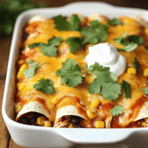 To make easy chicken enchiladas, gather these tasty items: - 2 cups shredded cooked chicken - 1 cup enchilada sauce (store-bought or homemade) - 1 cup grated cheese (cheddar or Mexican blend) - 8 small corn tortillas - 1/2 cup black beans, rinsed and drained - 1/2 cup corn (frozen or canned) - 1 small onion, finely chopped - 2 cloves garlic, minced - 1 teaspoon ground cumin - 1 teaspoon chili powder - Salt and pepper to taste - Fresh cilantro for garnish - Sour cream for serving (optional) This mix of flavors creates a delicious meal. The shredded chicken adds protein and texture. The enchilada sauce brings a kick of flavor. The cheese gives that gooey goodness we all love. Corn tortillas hold everything together and add a soft bite. Black beans and corn add fiber and sweetness. Onions and garlic give depth to the filling. Ground cumin and chili powder spice things up. Remember to season with salt and pepper to taste. Garnish with cilantro for a fresh touch and sour cream for creaminess. For the full recipe, check the details above. Set your oven to 375°F (190°C). Preheating is key. It ensures the enchiladas cook evenly. This step helps develop great flavors. In a large bowl, mix these ingredients well: - 2 cups shredded cooked chicken - 1/2 cup black beans, rinsed and drained - 1/2 cup corn (frozen or canned) - 1 cup enchilada sauce (reserve some for later) - 1 small onion, finely chopped - 2 cloves garlic, minced - 1 teaspoon ground cumin - 1 teaspoon chili powder - Salt and pepper to taste Make sure all the ingredients blend together. This gives each bite great taste. Warm the corn tortillas. You can use a dry skillet or microwave for about 20 seconds. This makes them soft and easy to roll. Take one tortilla and spoon about 2-3 tablespoons of the filling in the center. Roll it tightly and place it seam-side down in a baking dish. Repeat this for all tortillas. Pour the remaining enchilada sauce over the rolled enchiladas. Spread it evenly. Then, sprinkle the remaining cheese on top. You can use cheddar or a Mexican blend for extra flavor. Cover the baking dish with aluminum foil. Bake for 20 minutes. After that, remove the foil and bake for another 10 minutes. This helps the cheese melt and get bubbly. Once they are done, let them sit for a few minutes. This helps the flavors settle. Garnish with fresh cilantro. You can also add sour cream if you like. Enjoy your easy chicken enchiladas! For the full recipe, check the detailed instructions above. To make great enchiladas, avoid sogginess. Use just enough sauce to coat the tortillas. Too much sauce makes them mushy. Also, warm the tortillas before filling. This makes them soft and easy to roll. When it comes to cheese, cheddar is a classic choice. It melts well and gives a rich flavor. A Mexican blend adds a nice twist with its variety. You can mix both for a cheesy treat! You can save time with a few easy tricks. Chop your onion and garlic the night before. This way, you're ready to go. Another tip is to prep a big batch of filling. You can store it in the fridge for later use. If you want to make meals for the week, consider batch cooking. Make extra enchiladas and freeze them. They reheat well and taste just as good. Enchiladas pair well with many side dishes. Black beans and rice are popular options. A fresh green salad adds crunch and color. Toppings can add flair to your meal. Try adding diced avocado or fresh salsa. A sprinkle of lime juice also boosts flavor. You can make each plate unique with these fun toppings. {{image_2}} You can swap out the chicken for other meats. Ground beef is a great choice. It gives a hearty flavor. Cook it with spices before mixing. Turkey works too. It’s lean and still tasty. For a vegetarian dish, use black beans or lentils. They add protein and texture. You can also use sautéed vegetables like bell peppers and zucchini. Making your own sauce is easy. Blend tomatoes, onion, garlic, and spices for a fresh taste. You can also add chili peppers for heat. If you like it spicy, grab some hot sauce or chipotle peppers in adobo. They pack a punch! A creamy sauce made with sour cream or cream cheese is another option. It adds richness to your enchiladas. Choosing the right tortilla matters. Corn tortillas are traditional. They have a nice flavor. If you prefer flour tortillas, they work too. They are softer and easier to roll. For a low-carb choice, use lettuce leaves or cauliflower tortillas. They are light and still hold the filling well. Each option brings a different twist to your enchiladas. To store your enchiladas, let them cool first. Place them in an airtight container. This keeps them fresh and tasty. You can refrigerate them for up to 3 days. If you want them to last longer, freeze them. Wrap each enchilada in plastic wrap and then in foil. This prevents freezer burn and keeps them safe for up to 3 months. When you are ready to eat, you have two good options for reheating. You can use the oven or the microwave. - Oven Method: Preheat your oven to 350°F (175°C). Place the enchiladas in a baking dish. Cover with foil to keep them moist. Heat for about 20 minutes or until warm. - Microwave Method: Place one or two enchiladas on a microwave-safe plate. Cover with a damp paper towel. Heat on high for 1-2 minutes. Check to make sure they are hot all the way through. Using the oven keeps the texture nice, while the microwave is quicker. Leftovers can last in the fridge for about 3 days. After this, they may spoil. Check for changes in smell or color. If they look or smell off, it’s best to throw them away. For frozen enchiladas, they can be kept for 3 months. After that, they may lose flavor and texture. Always trust your senses when deciding if food is safe to eat. You can make enchiladas ahead in a few easy steps. First, prepare the filling as stated in the Full Recipe. Next, fill and roll the tortillas. Place them in a baking dish. Instead of baking right away, cover and chill them in the fridge. When you’re ready to eat, pour the sauce on top and bake. This method saves time and keeps your meal fresh. Yes, using rotisserie chicken is a great idea! It cuts down on prep time. The chicken is already cooked and seasoned, adding flavor to your enchiladas. Just shred the chicken and mix it with the other filling ingredients. This option is quick and very tasty. Chicken enchiladas pair well with several sides. Popular choices include: - Mexican rice - Refried beans - A fresh green salad - Guacamole or salsa - Corn on the cob These sides complement the flavors and round out the meal nicely. Absolutely! You can use gluten-free tortillas for this recipe. Many brands offer corn or almond flour tortillas that are gluten-free. Check the labels to ensure they are certified gluten-free. This way, everyone can enjoy the dish without worry. To add heat to your enchiladas, you have a few options. You can mix diced jalapeños or other hot peppers into the filling. Another method is to use a spicier enchilada sauce. You can also add extra chili powder to the filling. Adjust the spice level to your liking while cooking. You learned how to make easy and tasty chicken enchiladas in this guide. We covered the best ingredients, step-by-step instructions, and helpful tips for the perfect dish. Variations allow you to customize enchiladas to your taste. Storing leftovers is simple, and reheating keeps them delicious. With my advice, you can impress family and friends with great flavor. Enjoy every bite and make these enchiladas your own!