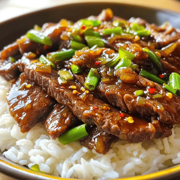 - 1 pound flank steak, thinly sliced against the grain - 2 tablespoons cornstarch - 2 tablespoons vegetable oil - 4 green onions, chopped (whites separated from greens) - 3 cloves garlic, minced - 1-inch piece ginger, grated - 1/2 cup soy sauce (low sodium, if desired) - 1/4 cup brown sugar - 1 tablespoon rice vinegar - 1 teaspoon sesame oil - 1/2 teaspoon red pepper flakes (optional) To make easy Mongolian beef, you start with flank steak. It’s tender and flavorful. Slicing it against the grain helps it stay soft. Cornstarch gives the beef a nice sear. It helps lock in flavor too. You’ll also need vegetable oil for cooking. Next, we have the green onions, garlic, and ginger. These add a fresh taste to the dish. Chop the green onion whites finely. Keep the greens for later. Minced garlic and grated ginger give this dish a punch. Now, for the sauce! It’s simple but so tasty. Soy sauce adds umami. Brown sugar gives sweetness. Rice vinegar adds a bit of tang. Sesame oil brings a nutty aroma. The red pepper flakes? They add heat, if you like it spicy! That’s it for the ingredients! For the full recipe, check out the detailed steps to make this delicious meal. - Toss sliced flank steak with cornstarch. - Heat vegetable oil in a skillet over medium-high heat. To start, you want to coat the flank steak with cornstarch. This step is key. It helps make the beef tender and gives it a nice crust. I like to use a bowl for this. Just add the sliced steak and mix it well. Next, heat your skillet. Use medium-high heat and add the vegetable oil. Wait until the oil shimmers. That tells you it is hot and ready for the meat. - Sear flank steak until browned on both sides. - Remove beef from skillet and set aside. Once the oil is hot, add the flank steak. Spread it in a single layer. If your skillet is small, do this in batches. Sear the steak for about 2-3 minutes. You want it browned on both sides. This gives it a nice flavor and texture. After the beef is browned, remove it from the skillet. Set it aside on a plate. This step keeps it juicy while you make the sauce. - Sauté green onion whites, garlic, and ginger. - Prepare sauce mixture and bring to a simmer. Now it's time to make the sauce. In the same skillet, add the white parts of the green onions, minced garlic, and grated ginger. Sauté these for about 30 seconds. You want to release their flavors. In a small bowl, mix together soy sauce, brown sugar, rice vinegar, sesame oil, and red pepper flakes if you like heat. Pour this mixture into the skillet. Bring it to a simmer. This sauce will add depth to your dish. After that, you can return the seared beef to the skillet. Toss everything together to coat the beef in sauce. Cook for another 2-3 minutes. The sauce should thicken slightly, and the beef will heat through. For the final touch, stir in the green onion greens just before serving. This adds color and a fresh taste to your dish. Serve your easy Mongolian beef over rice for a satisfying meal. For the full recipe, check out the recipe card above. To get the perfect sear on the beef, use a hot skillet. The heat helps lock in the juices. Thin slices allow for quick cooking. When you add the beef, do it in a single layer. This step makes sure each piece gets that nice brown color. If you add too much, the beef will steam instead of sear. Cooking in batches is key. It keeps the temperature high. If the pan cools, you lose that great sear. It might take a bit longer, but it makes a big difference in taste and texture. You can swap flank steak for other cuts. Sirloin or ribeye will work well too. Just make sure to slice against the grain for tenderness. If you want a vegan or vegetarian version, try using tofu or seitan. Both options soak up the sauce nicely and add protein. Mongolian beef pairs great with rice. White or brown rice is perfect for soaking up sauce. You can also serve it with steamed veggies for a colorful plate. For garnishing, add more chopped green onions on top. This adds a fresh touch and makes the dish look nice. You can also sprinkle sesame seeds for extra flavor and crunch. {{image_2}} Mongolian beef can change from place to place. In some regions, cooks add a mix of vegetables like bell peppers or broccoli. This adds color and flavor. Restaurant versions often include more sauce for extra taste. Some places might use a sweeter sauce, while others keep it savory. These small twists can make a big difference in how the dish tastes. You can make gluten-free Mongolian beef easily. Just swap regular soy sauce for a gluten-free option. Many brands now offer tasty gluten-free soy sauce. If you want a low-carb version, skip the rice. Instead, serve the beef over steamed veggies or cauliflower rice. This keeps the meal light and healthy. You can change the heat level in your dish. Red pepper flakes are a simple way to add spice. Start with a little and taste. You can always add more if you like it hot! Want to try something new? Add garlic powder or a dash of black pepper for a different flavor. Each choice can give your Mongolian beef a fresh twist. To keep your Mongolian beef fresh, store it in an airtight container. This helps lock in flavor. You can place the beef in the fridge for up to three days. If you want it to last longer, try freezing it. Frozen Mongolian beef can stay good for about three months. Just remember to thaw it in the fridge before reheating. When reheating, use gentle heat to avoid drying out the beef. The best method is to use a skillet. Just add a splash of water or broth to keep it moist. Heat on low until warm. You can also use the microwave, but cover the dish. This keeps the steam in and prevents dryness. If you want to freeze leftovers, separate portions into freezer bags. This makes it easy to grab a quick meal later. Preparing ingredients in advance can save time. Slice the flank steak and chop the green onions ahead of time. Store these in the fridge. This way, you can cook Mongolian beef quickly on busy nights. You can also use leftover beef for quick meals. Toss it in a salad or mix it with noodles. The flavors will still shine through, making for a tasty dish. For more details, check the Full Recipe. Mongolian beef is a popular dish that has roots in Chinese cuisine. It features tender beef, usually flank steak, stir-fried with bold flavors. The main ingredients include soy sauce, ginger, garlic, and green onions. The dish is sweet and savory, making it a favorite for many. It’s often served over rice, which soaks up the rich sauce. Yes, you can make Mongolian beef ahead of time. To do this, follow these tips: - Cook the beef: Prepare the dish as usual, but do not add the green onion greens. - Store it properly: Place the beef in an airtight container. It will stay fresh in the fridge for up to three days. - Reheat before serving: When ready to eat, heat the beef in a skillet. Add the green onion greens at this stage for freshness. Mongolian beef pairs well with several sides. Here are some great options: - Rice: Serve with white or brown rice to soak up the sauce. - Vegetables: Steamed broccoli or sautéed bok choy add color and nutrition. - Noodles: Try it with lo mein or rice noodles for a different twist. - Salad: A crisp cucumber salad can balance the savory flavors. For the complete recipe, check out the Full Recipe section! In this blog post, we explored the key ingredients and recipes for easy Mongolian beef. We covered everything from selecting the best flank steak to making a flavorful sauce. I shared tips for cooking, ingredient substitutions, and serving ideas. Mongolian beef is simple to make and delicious. With a few tweaks, you can tailor it to your taste. Enjoy delicious meals with this quick recipe and make it your own!