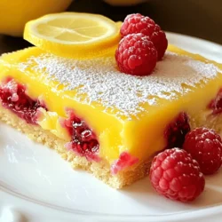 Raspberry lemonade bars are a sweet and tangy treat. You need a mix of simple ingredients. These bars have a buttery crust and a fruity filling. Every bite is a burst of flavor. Here’s what you need to make these delicious bars: - 1 cup all-purpose flour - 1/4 cup powdered sugar - 1/2 cup unsalted butter, softened - 1/4 teaspoon salt - 2 large eggs - 1 cup granulated sugar - 1/4 cup fresh lemon juice (about 2 lemons) - Zest of 1 lemon - 1 cup fresh raspberries (or thawed frozen raspberries) - 1 teaspoon baking powder - Extra powdered sugar for dusting You can swap some ingredients if needed. Use whole wheat flour for a healthier crust. Coconut sugar can replace granulated sugar. If you want a dairy-free option, use coconut oil instead of butter. For a twist, try lime juice in place of lemon juice. These changes keep the bars tasty and fun! First, gather all your ingredients. Make sure you have everything you need: - 1 cup all-purpose flour - 1/4 cup powdered sugar - 1/2 cup unsalted butter, softened - 1/4 teaspoon salt - 2 large eggs - 1 cup granulated sugar - 1/4 cup fresh lemon juice (about 2 lemons) - Zest of 1 lemon - 1 cup fresh raspberries (or thawed frozen raspberries) - 1 teaspoon baking powder - Extra powdered sugar for dusting Next, preheat your oven to 350°F (175°C). Grease an 8x8-inch baking pan. You can also line it with parchment paper. This makes it easy to remove the bars later. In a mixing bowl, combine the flour, powdered sugar, and salt. Add the softened butter. Mix everything until it’s crumbly. Now, press this mixture firmly into the bottom of your prepared baking pan. Make sure it covers the whole bottom. Bake it for 15-20 minutes. You want it to turn lightly golden. While the crust bakes, grab another bowl. Whisk together the eggs, granulated sugar, lemon juice, lemon zest, and baking powder. Make sure everything is smooth and well mixed. Now, gently fold in the raspberries. Be careful not to mash them too much. Once mixed, pour this filling over the crust. Bake the whole thing for another 20-25 minutes. The filling should be set and slightly firm to the touch. When done, remove it from the oven. Let it cool completely in the pan on a wire rack. Once cool, dust the top with extra powdered sugar. Then, cut into bars and enjoy your sweet and tangy treat! For the full recipe, check out the detailed instructions above. To make the best crust, use cold butter. It helps create a flaky texture. Mix flour, powdered sugar, and salt first. Then, add the butter. Use a fork or your fingers to blend until crumbly. Press the mix into the pan firmly. This step is key to a strong base. Bake until lightly golden, which takes about 15-20 minutes. Let it cool before adding the filling for the best results. Balance is key in these bars. The tartness of lemon pairs well with sweet raspberries. Use fresh lemon juice for a vibrant flavor. If you want more sweetness, add a bit more sugar to the filling. Keep the zest in; it adds a lovely aroma. I recommend tasting the filling before baking. Adjust sweetness if needed, as flavors change when baked. One common mistake is overmixing the filling. This can make the bars tough. Mix just until combined, and fold in the raspberries gently. Another mistake is not cooling the crust properly. If it’s too warm, the filling can melt and mix in. Lastly, don't skip dusting with powdered sugar. It adds a nice finish and extra sweetness to each bite. Follow these tips for the best raspberry lemonade bars from the full recipe! {{image_2}} You can switch raspberries for other berries. Blueberries, strawberries, or blackberries work great. Each berry adds its own taste. Blueberries give a mild flavor, while strawberries bring sweetness. Blackberries add a tangy twist. Use the same amount as the raspberries in the recipe. This keeps the texture and flavor balanced. If you want gluten-free bars, swap the all-purpose flour. Use almond flour or coconut flour instead. Both options give a nice texture. Almond flour adds a nutty taste, while coconut flour gives a slight sweetness. Remember to adjust the amount of sugar, if needed, to match the new flour's flavor. You can change the sweetness of your bars easily. If you like it less sweet, cut back on the granulated sugar. Start with half a cup instead of a full cup. For more sweetness, add a bit more sugar. You can also use honey or maple syrup. Just remember, they add moisture, so adjust the other wet ingredients slightly. For a complete guide to making these delightful bars, check out the Full Recipe. To keep your raspberry lemonade bars fresh, store them in an airtight container. Place parchment paper between layers to prevent sticking. These bars taste best when cool, so keep them in the fridge. They will stay fresh for about a week this way. You can freeze these bars if you want to save some for later. First, cut the bars into squares. Then, wrap each square in plastic wrap. Place the wrapped squares in a freezer-safe bag. They can last for up to three months in the freezer. When you're ready to eat them, just thaw them in the fridge overnight. Raspberry lemonade bars have a shelf life of about five to seven days in the fridge. For serving, enjoy them chilled or at room temperature. You can dust them with powdered sugar right before serving for a beautiful touch. Pair them with lemonade or tea for a refreshing treat. For the full recipe, check the detailed instructions above. Yes, you can use frozen raspberries in your bars. Just make sure to thaw them first. Drain any extra juice to keep the filling from getting too wet. Using frozen raspberries can still give you that bright flavor and beautiful color. I often use them when fresh ones are out of season. They work great in the filling. You can tell the bars are done when the filling is set. It should feel slightly firm to the touch. A good test is to gently shake the pan. If the center is not jiggly, it’s ready. The edges might also look a bit golden. Remember, they will firm up more as they cool, so don’t over-bake them. These bars are great on their own, but you can serve them with a few tasty sides. Consider a scoop of vanilla ice cream or a dollop of whipped cream for a rich touch. Fresh mint leaves can add a nice pop of color and flavor. A cup of tea or lemonade pairs perfectly with these sweet and tangy treats. Enjoy them at a picnic or a summer party! For the full recipe, check out the section above. You learned how to make delicious raspberry lemonade bars. We explored the ingredients, steps, and tips to perfect your recipe. Remember, you can swap ingredients and adjust flavors to fit your taste. Storing and freezing your bars is easy, so you can enjoy them later. In the end, these bars are versatile and fun to make. Happy baking!