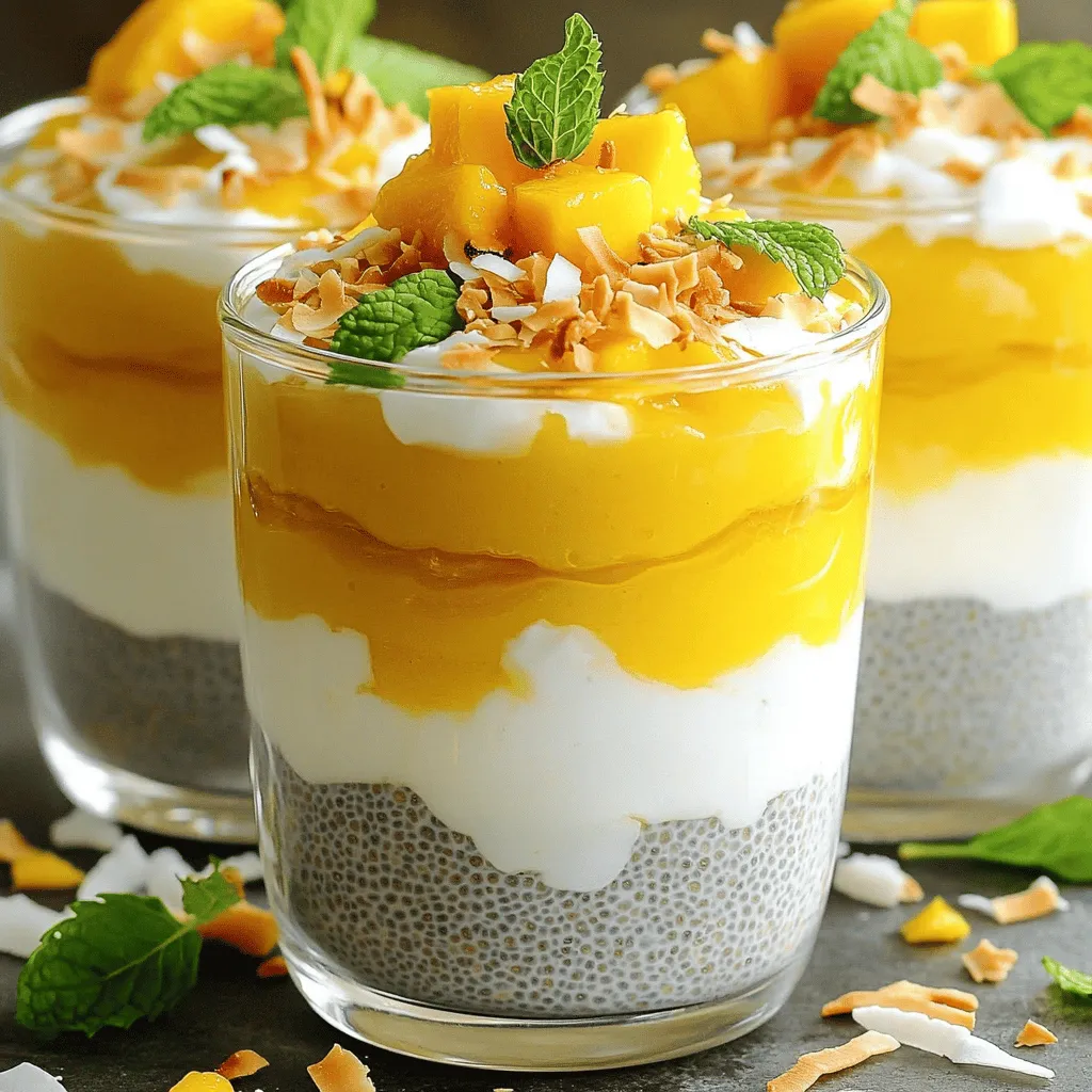 To make Coconut Mango Chia Pudding, gather these ingredients: - 1 cup coconut milk (canned or carton) - 1 cup ripe mango, pureed (plus extra for topping) - 1/4 cup chia seeds - 2 tablespoons maple syrup (or honey) - 1 teaspoon vanilla extract - Pinch of salt - Toasted coconut flakes (for garnish) - Fresh mint leaves (for garnish) You can change some ingredients based on your taste or needs. Here are some options: - Coconut Milk: Use almond milk or oat milk if you prefer a different flavor. - Mango: Swap mango with pureed banana or peach for a twist. - Maple Syrup: Honey or agave syrup works great as sweeteners. - Chia Seeds: Use ground flaxseeds for a similar texture. Each ingredient in this pudding offers great health perks: - Coconut Milk: Rich in healthy fats, coconut milk helps keep you full longer. - Chia Seeds: Packed with fiber, protein, and omega-3 fatty acids, they aid digestion. - Mango: This fruity delight is high in vitamins A and C, boosting your immune system. - Maple Syrup: A natural sweetener, it has antioxidants that support health. Using these ingredients, you not only create a tasty dish but also nourish your body. For the full recipe, check out the detailed instructions to make this delightful treat. To start, gather your ingredients. You will need coconut milk, ripe mango, chia seeds, maple syrup, vanilla extract, and a pinch of salt. In a mixing bowl, combine the coconut milk, mango puree, maple syrup, vanilla, and salt. Whisk until smooth. Next, add the chia seeds. Stir them in well to spread them evenly. This mix will become your pudding. Once you have mixed everything, cover the bowl with plastic wrap. Place it in the fridge for at least four hours. For the best results, chill it overnight. This time allows the chia seeds to soak up the liquid. They will swell and create a thick, creamy texture. If you want a smooth pudding, make sure to whisk well. Stir after the chilling time too. This helps break up any clumps of chia seeds. If you find it too thick, add a bit more coconut milk. This will help you achieve the texture you love. Enjoy your Coconut Mango Chia Pudding! For detailed steps, check out the Full Recipe. To make a smooth mango puree, choose ripe mangoes. A ripe mango feels soft when you gently squeeze it. Cut the mango, remove the pit, and scoop out the flesh. Place the flesh in a blender or food processor. Blend until smooth and creamy. You can add a splash of coconut milk to help it blend. Taste and adjust sweetness if needed. This puree brings a fresh, sweet flavor to the pudding. If you have leftovers, store them in an airtight container. This keeps the pudding fresh and tasty. Place it in the fridge and eat within three days. The chia seeds will continue to soak up liquid, thickening the pudding. If it gets too thick, stir in a bit of coconut milk before serving. For a stunning presentation, serve the pudding in clear cups or glasses. This shows off the beautiful layers of coconut and mango. Add a drizzle of mango puree on top just before serving. Sprinkle toasted coconut flakes and fresh mint leaves for color. You can also layer different flavors or toppings to make it more fun. Enjoy your beautiful and tasty Coconut Mango Chia Pudding! For the full recipe, check the previous section. {{image_2}} This recipe is already vegan and gluten-free! Use coconut milk and maple syrup, and you have a perfect treat. Chia seeds are naturally gluten-free and safe for everyone. You can enjoy this pudding without any worry. Want to add more taste? Try a splash of vanilla or lime juice. Vanilla gives a warm flavor, while lime adds a zesty kick. You can mix them into the coconut milk before adding chia seeds. These small changes can make a big difference! You can switch up the fruit too! Berries like strawberries or blueberries pair well. Pineapple is another great choice for a tropical twist. Simply chop the fruit and mix it in or layer it on top when you serve. It makes each bite exciting! For the complete recipe, check out [Full Recipe]. Enjoy experimenting with these variations! To keep your coconut mango chia pudding fresh, store it in airtight containers. Glass jars work great for this. Make sure to seal them tightly to avoid any air or moisture getting in. If you use plastic containers, ensure they are safe for food storage. Keep the pudding in the fridge until you're ready to eat. This pudding lasts for about 3 to 5 days in the fridge. If you want to reheat it, you can gently warm it on the stove. Add a splash of coconut milk to keep it creamy. Stir while heating to ensure it warms evenly. However, many enjoy it cold, so you might not need to reheat it at all. You can freeze coconut mango chia pudding for later use. Use freezer-safe containers or zip-top bags. Pour the pudding in, but leave some space at the top for expansion. It can last for up to 2 months in the freezer. When you're ready to eat, thaw it in the fridge overnight. After thawing, stir well to mix the texture back together. Enjoy this delicious treat whenever you want! For the full recipe, check out the earlier section. Coconut Mango Chia Pudding lasts about 4 to 5 days in the fridge. Keep it in a sealed container to stay fresh. The chia seeds will keep absorbing liquid, so the pudding may thicken over time. If it gets too thick, just stir in a bit of coconut milk to loosen it. Yes, you can use other types of milk. Almond milk, oat milk, or soy milk work well. Each option gives a different flavor, but they will still taste great. Just make sure to choose unsweetened milk if you want to control the sweetness. This way, the mango and maple syrup can shine through. Absolutely! This recipe is perfect for meal prep. You can make a batch and store it in the fridge for quick breakfasts or snacks. Just portion it into small jars or containers. This makes it easy to grab on busy mornings. Plus, it stays tasty for several days, which is a big win. For the full recipe, check the section above. This article covered how to make Coconut Mango Chia Pudding from start to finish. You learned about key ingredients, step-by-step instructions, and helpful tips for perfecting your dish. We also explored delicious variations, storage methods, and answered common questions. Creating this pudding is easy and fun. You can customize it to fit your needs or preferences. Enjoy making it and sharing it with friends and family. This healthy treat will impress everyone. Dive into your cooking and savor each bite!