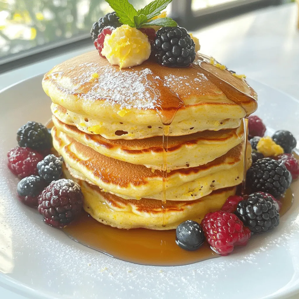 - 1 cup ricotta cheese - 3 large eggs - 1/2 cup milk - 1/4 cup granulated sugar - Zest of 1 lemon - 2 tablespoons fresh lemon juice - 1 teaspoon vanilla extract - 1 cup all-purpose flour - 1 tablespoon baking powder - 1/4 teaspoon salt - Butter or oil for cooking - Maple syrup and fresh berries for serving Lemon ricotta pancakes need fresh and simple ingredients. Each item adds flavor and texture. Ricotta cheese gives these pancakes a creamy base. The eggs add richness and help them rise. Milk makes the batter smooth and easy to mix. Granulated sugar balances the tartness of the lemon. Lemon zest and juice create a bright, fresh taste. This citrus flavor is what makes these pancakes special. Vanilla extract adds warmth and depth. All-purpose flour provides structure. Baking powder helps the pancakes puff up and become fluffy. A pinch of salt enhances all the flavors. You can use butter or oil for cooking. Both options work well. Finally, serve your pancakes with maple syrup and fresh berries. They add sweetness and a pop of color to your dish. - Gluten-free flour alternative - Vegan substitutions - Flavor enhancers (like almond extract) If you want to change things up, consider these options. You can use gluten-free flour for a gluten-free version. For a vegan twist, swap eggs and dairy with plant-based options. Almond extract can give an extra layer of flavor. These variations keep the recipe fun and flexible. Start by whisking together the wet ingredients. In a big bowl, mix the ricotta cheese, eggs, milk, granulated sugar, lemon zest, lemon juice, and vanilla extract. Make sure it is smooth and well mixed. Next, sift together the dry ingredients. In another bowl, combine the all-purpose flour, baking powder, and salt. Sifting helps make the pancakes light and fluffy. Now, let’s prepare the skillet. Heat a non-stick skillet over medium heat. Add a small amount of butter or oil to the pan. This will help prevent sticking. Pour the batter onto the skillet. Use about 1/4 cup for each pancake. Cook until bubbles form on the surface, which takes about 2-3 minutes. Flip the pancakes and cook for another 2-3 minutes until they turn golden brown. After cooking, remove them from the skillet and keep warm while you cook the rest. Serve the pancakes warm for the best taste. Top them with maple syrup and fresh berries for a sweet touch. For a pretty presentation, stack the pancakes high on a plate. Garnish with powdered sugar, extra lemon zest, and a sprig of mint. This makes the dish look as good as it tastes. For the full recipe, check the recipe section above. To make your pancakes fluffy, do not overmix the batter. When you mix, stop as soon as you see no dry flour. A few lumps are fine. This keeps air in the batter, making your pancakes rise nicely. For the perfect skillet temperature, heat it over medium heat. If it is too hot, your pancakes will burn. If too cool, they will not cook well. Test the heat by dropping a small amount of batter on the skillet. If it bubbles, you’re ready! You can add spices to the batter for extra flavor. A dash of cinnamon or nutmeg pairs well with lemon. These spices add warmth and depth. Incorporating fruit into the batter can also boost flavor. Fresh blueberries or diced strawberries add sweetness and color. You can mix them in gently right before cooking. Using cold ingredients can lead to dense pancakes. Always use room temperature eggs and milk. This helps the batter mix better and rise properly. Overcooking or undercooking can ruin your pancakes. Cook them until golden brown on both sides. Look for bubbles on the surface before flipping. This way, you achieve the perfect texture every time. For the full recipe, check out the section above! {{image_2}} You can still enjoy these pancakes without gluten. Try using almond flour or oat flour in place of all-purpose flour. These options give a nice flavor and texture. You may need to add a bit more liquid to the batter since gluten-free flours absorb more moisture. Make sure to check the mix, adjusting until it’s smooth. To make these pancakes vegan, you can replace the eggs with flaxseed meal or chia seeds. Mix one tablespoon of either with three tablespoons of water, and let it sit. For the ricotta, use a plant-based alternative like almond or soy-based ricotta. Adjust the cooking time as vegan mixes can cook faster, so keep an eye on them! Toppings can make your pancakes shine. Fresh berries like strawberries, blueberries, or raspberries add a bright touch. You can also mix fruits for a fun twist. Instead of maple syrup, try honey or agave for a different flavor. These options will elevate your breakfast and make it even more enjoyable. Remember to keep the toppings colorful and fresh for a beautiful presentation. To keep your lemon ricotta pancakes fresh, store them in an airtight container. Place a layer of parchment paper between pancakes to prevent sticking. They stay fresh in the fridge for about three days. Just remember to check for any off smells or visible mold before eating. If you want to save your pancakes for later, freezing is a great option. Let the pancakes cool completely before stacking them. Wrap each stack in plastic wrap, then place them in a freezer bag. They can last up to two months in the freezer. When you're ready to eat, reheat them in a toaster or microwave. This keeps them fluffy and delicious. You might have leftover ricotta cheese after making pancakes. Use it in a creamy pasta sauce or mix it into a smoothie for added protein. You can also add it to baked goods like muffins or cakes for richness. This way, you reduce waste and enjoy more tasty meals with similar ingredients. Yes, you can make these pancakes ahead of time. To prep, cook the pancakes as directed and let them cool. Once cooled, stack them with parchment paper in between to prevent sticking. Store them in an airtight container in the fridge. They will stay fresh for about three days. For longer storage, you can freeze them. Just place the cooled pancakes in a freezer bag, and they can last up to two months. When you’re ready to enjoy, simply reheat them. To reheat pancakes, the best method is to use a microwave or a skillet. If you use a microwave, place a damp paper towel over the pancakes. Heat for about 30 seconds to 1 minute. This keeps them moist. If you prefer the skillet, heat on low and flip them for even warmth. This method can help maintain their golden texture and taste. If you want to make more pancakes, you can easily scale the ingredients. For every two additional servings, simply add half of each ingredient. For example, if you want to make six servings, use 1.5 cups of ricotta cheese, 4.5 eggs, and so on. Make sure to mix well to keep the batter smooth. This way, everyone can enjoy the deliciousness of lemon ricotta pancakes. For the complete method, check the Full Recipe. Lemon ricotta pancakes are a tasty treat you can make easily. We covered all the essentials, from the ingredients to cooking tips. I hope you feel ready to try this recipe. Remember to have fun with variations and toppings. Each bite can be your own creation. With a bit of care, your pancakes will impress anyone. Enjoy making these delicious pancakes today!