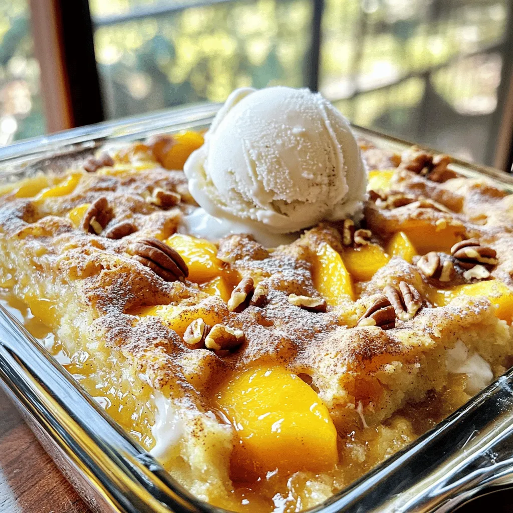 To make a delicious Peach Cobbler Dump Cake, you need these key items: - 2 cans (15 oz each) sliced peaches in syrup, drained - 1 box yellow cake mix (15.25 oz) - 1 stick unsalted butter (1/2 cup), melted - 1 teaspoon ground cinnamon - 1/2 teaspoon vanilla extract - 1/4 cup brown sugar You can add some fun twists to your dump cake with these extras: - 1 cup chopped pecans for a crunchy texture - Vanilla ice cream for serving - Whipped cream for a creamy topping If you don't have something on hand, try these swaps: - Use fresh peaches instead of canned for a fresher taste. - Substitute melted coconut oil for butter for a dairy-free option. - Try using spice cake mix instead of yellow cake mix for a unique flavor. These ingredients come together to create a sweet and easy dessert delight that everyone will love. For the full recipe, follow along and enjoy making this tasty treat! Start by preheating your oven to 350°F (175°C). This step helps your cake bake evenly. Next, grab a 9x13 inch baking dish. Grease it well with butter or cooking spray. This keeps the cake from sticking and makes serving easier. Now it is time to layer your ingredients. Take the drained peach slices and spread them evenly on the bottom of the greased dish. Drizzle the vanilla extract over the peaches to add a nice flavor. In a bowl, mix the yellow cake mix with ground cinnamon and brown sugar. Sprinkle this dry mix evenly over the peaches. Make sure to cover them completely. Then, pour the melted butter over the cake mix layer. Try to cover as much as you can without mixing it in. If you want some crunch, add chopped pecans on top. Place the dish in the preheated oven. Bake for 45 to 50 minutes. You want the top to be golden brown and the edges bubbling. Once done, take it out and let it cool for about 10 minutes. This cooling time helps the cake set up nicely. Enjoy serving your Peach Cobbler Dump Cake warm. For an extra treat, add a scoop of vanilla ice cream or a dollop of whipped cream on top. This adds a delightful touch to your dessert. For the full recipe, check out the detailed instructions. To get the best texture in your Peach Cobbler Dump Cake, follow a few key steps. First, use ripe peaches for flavor but canned ones work well too. Make sure to drain the peaches well. Too much syrup will make the cake soggy. Then, spread the cake mix evenly over the peaches. This helps the mix absorb the peach juices. Pour the melted butter on top. Don’t mix it in; let it create a nice crust. Bake until the top is golden brown. This will give you that perfect crunchy layer. Serve your dump cake warm for the best taste. A scoop of vanilla ice cream on top melts perfectly into the cake. Whipped cream is another tasty option. For a fun twist, sprinkle some cinnamon on top before serving. You can also serve it with fresh fruit or a drizzle of caramel sauce. This adds a sweet touch and makes it look fancy. Your guests will love the look and taste! Want to boost the flavors? Add a pinch of nutmeg along with the cinnamon. This gives a warm, spiced taste. For a nutty crunch, mix in chopped pecans or walnuts before baking. You can also use almond extract instead of vanilla for a unique twist. If you like a tart flavor, add some lemon juice to the peaches. This balances the sweetness of the cake. Experiment with these ideas to make the recipe your own! For the complete Peach Paradise Dump Cake recipe, check out the Full Recipe. {{image_2}} You can change the fruit in your dump cake. Try using cherries or blueberries. These fruits add their own flavor and sweetness. You can also mix fruits for new tastes. For example, combine peaches with blackberries for a fun twist. If you need a gluten-free version, use gluten-free cake mix. Many brands offer this option. Just make sure to check the label. You can still enjoy the same great taste. Ensure your peaches are also gluten-free. Try different cake mix flavors for fun. Chocolate cake mix adds a rich twist. Spice cake mix gives a warm flavor, perfect for fall. Vanilla or lemon mixes can add a light touch. Each mix brings its unique taste, making your dump cake exciting. For the full recipe, please check the recipe section above. To store your leftover peach cobbler dump cake, let it cool completely. Cover it tightly with plastic wrap or foil. You can also use an airtight container. Keep it in the fridge for up to three days. This cake stays moist and tasty even after a day or two. You can freeze peach cobbler dump cake for longer storage. First, let it cool down. Cut it into slices for easy serving. Wrap each slice in plastic wrap, then place them in a freezer-safe bag. It will stay fresh in the freezer for up to three months. When you’re ready to enjoy, just thaw it overnight in the fridge. Reheating peach cobbler dump cake is simple. You can use the microwave or the oven. For the microwave, place a slice on a plate and heat for 20-30 seconds. If you prefer the oven, preheat it to 350°F (175°C). Place the cake in an oven-safe dish and cover it with foil. Heat it for about 10-15 minutes. This keeps the top nice and crisp. Add a scoop of vanilla ice cream on top for a warm and sweet treat! Yes, you can make Peach Cobbler Dump Cake ahead of time. Prepare the cake and bake it. Let it cool completely, then cover it tightly. Store it in the fridge for up to three days. When you're ready to serve, reheat it in the oven at 350°F for about 15 minutes. This keeps the flavors fresh and warm. You can tell the dump cake is done by looking for a golden-brown top. Check the edges for bubbling, which shows it's cooked through. Use a toothpick to poke the center. If it comes out clean, your dump cake is ready! Let it cool for about 10 minutes before serving. This will help the texture set up nicely. Absolutely! Fresh peaches work great in this recipe. Use about 4 cups of sliced fresh peaches. Make sure they are ripe for the best flavor. You may want to add a bit of sugar to the fresh peaches to enhance their sweetness. This will help mimic the syrup from canned peaches. This blog post covers the key points for making Peach Cobbler Dump Cake. We discussed the ingredients you need and how to prep them. I showed you each step to bake the perfect cake. We explored ways to enhance flavor and serving tips. Plus, I highlighted storage methods and answered common questions. Now, you have all the tools to create this tasty dessert. Enjoy experimenting and sharing your results!