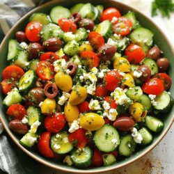 - 1 large cucumber, diced - 2 cups cherry tomatoes, halved - 1 cup red bell pepper, diced - 1 small red onion, finely chopped Fresh vegetables make this salad bright and full of flavor. The cucumber adds a nice crunch. Cherry tomatoes bring sweetness. Red bell pepper gives extra color. The red onion adds a bit of bite. - 1 cup Kalamata olives, pitted and halved - 1 cup feta cheese, crumbled Kalamata olives add a salty, rich taste. Feta cheese is creamy and tangy. Together, they enhance the overall flavor. They also make your salad feel more like a meal. - 1/4 cup extra virgin olive oil - 2 tablespoons red wine vinegar (or lemon juice) - 1 teaspoon dried oregano - Salt and pepper to taste - Fresh parsley, chopped (for garnish) The dressing is key to this salad. Extra virgin olive oil gives a smooth texture. Red wine vinegar or lemon juice adds a tangy kick. Dried oregano brings a hint of warmth. Don’t forget salt and pepper; they help balance all the flavors. Fresh parsley on top looks nice and adds freshness. For the full recipe, check out the Mediterranean Chopped Greek Salad. To start, grab a large mixing bowl. Combine the diced cucumber, halved cherry tomatoes, diced red bell pepper, chopped red onion, and halved Kalamata olives. Mixing these fresh veggies brings vibrant colors and flavors to your salad. Each bite will burst with freshness. Next, add the crumbled feta cheese. Be gentle as you mix it. You want to keep the feta intact, not mashed. This adds a creamy touch that pairs perfectly with the crunch of the veggies. Now, let’s whip up the dressing. In a small bowl, whisk together olive oil, red wine vinegar or lemon juice, dried oregano, salt, and pepper. This dressing enhances the salad's taste. Pour it over the salad mixture and toss everything together. Make sure every piece gets coated. Let it sit for about 10-15 minutes. This waiting time lets the flavors meld beautifully. You can find the full recipe above for a complete guide! Letting your salad sit for 10-15 minutes helps the flavors come together. This wait time allows the dressing to soak into the veggies. You’ll taste the difference! The tomatoes release their juices, making the dish even more juicy and delicious. To present your salad well, serve it in a large, shallow bowl. This style invites guests to dig in. If you want to impress, drizzle some extra olive oil on top. A sprinkle of additional feta cheese adds a lovely touch. Fresh herbs, like parsley, also make it look bright and appealing. Adjusting the dressing can change how the salad tastes. If you like it tangy, add more vinegar or lemon juice. For a richer flavor, increase the olive oil. You can always taste as you go! Tailoring the dressing to your liking makes the dish more enjoyable. This personal touch can elevate your meal and make it just right for you. {{image_2}} Adding protein to your chopped Greek salad can make it more filling. Grilled chicken, shrimp, or chickpeas all work well. These options add flavor and texture that enhance the salad. Chicken brings a savory touch, while shrimp adds a sweet flavor. Chickpeas are a great choice for a vegetarian option. You can also make dietary swaps to fit your needs. If you want a dairy-free version, simply omit the feta cheese. Alternatively, you can use vegan cheese for a similar taste without dairy. This allows you to enjoy the dish while keeping your diet in mind. Seasonal adjustments can help keep the salad fresh and exciting. Try adding zucchini in summer or peppery arugula in spring. These veggies not only change the taste but also add color and nutrition. Feel free to mix and match based on what you have on hand. Want to explore more? Check out the Full Recipe to create your own chopped Greek salad masterpiece! Keep any leftovers in an airtight container in the refrigerator for up to 2 days. This helps maintain freshness and taste. Make sure to seal it well. If you want to prepare a batch, store the dressing separately. Mix it in just before serving. This keeps the salad crisp and tasty. Freezing is not recommended for this salad. The texture of the vegetables changes when frozen. You want your salad to stay crunchy and fresh! A chopped Greek salad has all ingredients diced into smaller, bite-sized pieces. This makes it easier to eat and mix. You can enjoy a burst of flavor in every bite. Traditional Greek salad usually has larger pieces. The chopped version creates a fun, more casual dish. Yes, feel free to add more vegetables or proteins as desired. You can try adding ingredients like radishes, avocado, or even grilled chicken. This salad is versatile. Get creative and mix in what you love! Omit feta cheese or use a plant-based alternative. There are many vegan cheese options that taste great. You can also add nuts or seeds for extra texture. This way, you keep the salad tasty and creamy without dairy. It stays fresh for about 1-2 days when stored properly in an airtight container. If you want to keep it longer, store the dressing separately. Mix it in just before serving to keep the veggies crisp. Enjoy your meal! In this post, we explored the key ingredients for a tasty chopped Greek salad. We looked at fresh veggies, mix-ins, and dressing components. I shared step-by-step instructions to make your salad shine. With tips on flavor, serving, and storage, you'll enjoy this dish anytime. You can even customize it to fit your taste and diet. Keep experimenting and find what you love most in your salad. Your chopped Greek salad journey starts now!