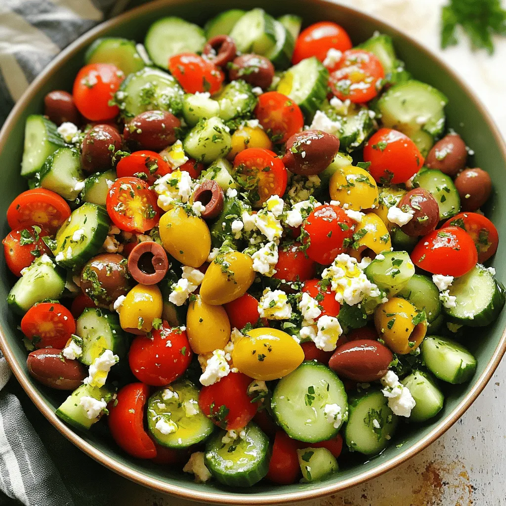 - 1 large cucumber, diced - 2 cups cherry tomatoes, halved - 1 cup red bell pepper, diced - 1 small red onion, finely chopped Fresh vegetables make this salad bright and full of flavor. The cucumber adds a nice crunch. Cherry tomatoes bring sweetness. Red bell pepper gives extra color. The red onion adds a bit of bite. - 1 cup Kalamata olives, pitted and halved - 1 cup feta cheese, crumbled Kalamata olives add a salty, rich taste. Feta cheese is creamy and tangy. Together, they enhance the overall flavor. They also make your salad feel more like a meal. - 1/4 cup extra virgin olive oil - 2 tablespoons red wine vinegar (or lemon juice) - 1 teaspoon dried oregano - Salt and pepper to taste - Fresh parsley, chopped (for garnish) The dressing is key to this salad. Extra virgin olive oil gives a smooth texture. Red wine vinegar or lemon juice adds a tangy kick. Dried oregano brings a hint of warmth. Don’t forget salt and pepper; they help balance all the flavors. Fresh parsley on top looks nice and adds freshness. For the full recipe, check out the Mediterranean Chopped Greek Salad. To start, grab a large mixing bowl. Combine the diced cucumber, halved cherry tomatoes, diced red bell pepper, chopped red onion, and halved Kalamata olives. Mixing these fresh veggies brings vibrant colors and flavors to your salad. Each bite will burst with freshness. Next, add the crumbled feta cheese. Be gentle as you mix it. You want to keep the feta intact, not mashed. This adds a creamy touch that pairs perfectly with the crunch of the veggies. Now, let’s whip up the dressing. In a small bowl, whisk together olive oil, red wine vinegar or lemon juice, dried oregano, salt, and pepper. This dressing enhances the salad's taste. Pour it over the salad mixture and toss everything together. Make sure every piece gets coated. Let it sit for about 10-15 minutes. This waiting time lets the flavors meld beautifully. You can find the full recipe above for a complete guide! Letting your salad sit for 10-15 minutes helps the flavors come together. This wait time allows the dressing to soak into the veggies. You’ll taste the difference! The tomatoes release their juices, making the dish even more juicy and delicious. To present your salad well, serve it in a large, shallow bowl. This style invites guests to dig in. If you want to impress, drizzle some extra olive oil on top. A sprinkle of additional feta cheese adds a lovely touch. Fresh herbs, like parsley, also make it look bright and appealing. Adjusting the dressing can change how the salad tastes. If you like it tangy, add more vinegar or lemon juice. For a richer flavor, increase the olive oil. You can always taste as you go! Tailoring the dressing to your liking makes the dish more enjoyable. This personal touch can elevate your meal and make it just right for you. {{image_2}} Adding protein to your chopped Greek salad can make it more filling. Grilled chicken, shrimp, or chickpeas all work well. These options add flavor and texture that enhance the salad. Chicken brings a savory touch, while shrimp adds a sweet flavor. Chickpeas are a great choice for a vegetarian option. You can also make dietary swaps to fit your needs. If you want a dairy-free version, simply omit the feta cheese. Alternatively, you can use vegan cheese for a similar taste without dairy. This allows you to enjoy the dish while keeping your diet in mind. Seasonal adjustments can help keep the salad fresh and exciting. Try adding zucchini in summer or peppery arugula in spring. These veggies not only change the taste but also add color and nutrition. Feel free to mix and match based on what you have on hand. Want to explore more? Check out the Full Recipe to create your own chopped Greek salad masterpiece! Keep any leftovers in an airtight container in the refrigerator for up to 2 days. This helps maintain freshness and taste. Make sure to seal it well. If you want to prepare a batch, store the dressing separately. Mix it in just before serving. This keeps the salad crisp and tasty. Freezing is not recommended for this salad. The texture of the vegetables changes when frozen. You want your salad to stay crunchy and fresh! A chopped Greek salad has all ingredients diced into smaller, bite-sized pieces. This makes it easier to eat and mix. You can enjoy a burst of flavor in every bite. Traditional Greek salad usually has larger pieces. The chopped version creates a fun, more casual dish. Yes, feel free to add more vegetables or proteins as desired. You can try adding ingredients like radishes, avocado, or even grilled chicken. This salad is versatile. Get creative and mix in what you love! Omit feta cheese or use a plant-based alternative. There are many vegan cheese options that taste great. You can also add nuts or seeds for extra texture. This way, you keep the salad tasty and creamy without dairy. It stays fresh for about 1-2 days when stored properly in an airtight container. If you want to keep it longer, store the dressing separately. Mix it in just before serving to keep the veggies crisp. Enjoy your meal! In this post, we explored the key ingredients for a tasty chopped Greek salad. We looked at fresh veggies, mix-ins, and dressing components. I shared step-by-step instructions to make your salad shine. With tips on flavor, serving, and storage, you'll enjoy this dish anytime. You can even customize it to fit your taste and diet. Keep experimenting and find what you love most in your salad. Your chopped Greek salad journey starts now!