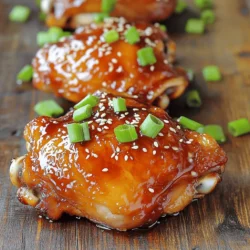 - 4 chicken thighs (bone-in, skin-on for best flavor) - 1/4 cup honey - 1/4 cup soy sauce (low-sodium preferred) - 2 cloves garlic, minced - 1 tablespoon ginger, minced - 1 tablespoon rice vinegar - 2 green onions, sliced - Sesame seeds (for garnish, optional) - 1/4 teaspoon crushed red pepper flakes (optional, for heat) Gather these ingredients before starting. The chicken thighs give a juicy bite. Honey adds sweetness, while soy sauce gives depth. Garlic and ginger bring warmth and spice. Rice vinegar balances the flavors. For a little crunch, use green onions and sesame seeds. The crushed red pepper flakes can add heat if you like spice. This simple list makes for a tasty dish. Check the [Full Recipe] for more details. How to marinate the chicken To marinate the chicken, mix honey, soy sauce, garlic, ginger, rice vinegar, sesame oil, black pepper, and red pepper flakes in a bowl. Place the chicken thighs in a zip-top bag or a shallow dish. Pour the marinade over the chicken and seal or cover it. Let it sit in the fridge. Importance of marinating time Marinating time is key. It allows the chicken to soak up all the flavors. I recommend at least one hour. For the best taste, let it marinate overnight. This makes the chicken juicy and full of flavor. Preheat the oven: Why it matters Preheating your oven to 400°F (200°C) is important. It helps the chicken cook evenly. A hot oven gives the skin a nice crisp. Without preheating, your chicken may turn out soggy. Arrangement and baking guidelines After marinating, take the chicken out. Let the excess marinade drip off. Place the chicken on a baking sheet lined with foil or parchment paper, skin side up. This makes cleanup easy. Bake the chicken for 35 to 40 minutes. Use a meat thermometer to check that it reaches 165°F (75°C). Creating the sauce: Optional step While the chicken bakes, you can make a sauce. Take the leftover marinade and boil it in a small saucepan. Then, reduce to a simmer for 5 to 10 minutes until it thickens. This adds more flavor to your dish. Serving suggestions for Honey Soy Glazed Chicken Once the chicken is done, let it rest for a few minutes. Serve it with the thickened sauce drizzled over the top. Garnish with sliced green onions and sesame seeds for a nice touch. You can pair it with rice or veggies to complete your meal. For the full recipe, check the section above. Using low-sodium soy sauce is key. It cuts down on salt but still gives great taste. Too much salt can overpower your dish. You want the honey to shine through. Adjust the sweetness with honey to your liking. If you want it sweeter, add a bit more honey. If you prefer less sweet, use less. To get crispy skin, start with dry chicken. Pat the skin with a paper towel before cooking. This helps it crisp up nicely in the oven. Basting the chicken adds extra glaze and flavor. Use the reserved marinade during the last 10 minutes of baking. This gives the chicken a beautiful shine and rich taste. If you need a soy sauce alternative, try tamari. It has a similar taste and is gluten-free. Coconut aminos are a great choice too. They add sweetness without the soy taste. For sweeteners, you can use maple syrup or agave nectar. Each one will change the flavor slightly but will still be delicious. {{image_2}} You can use different cuts of chicken for this dish. I often choose bone-in, skin-on thighs for rich flavor. They stay juicy while cooking. However, boneless chicken thighs also work well. They cook faster, so keep an eye on them. Chicken breasts are another option. They are leaner but can dry out if overcooked. If you prefer breasts, try brining them first. This adds moisture and flavor. You can change the flavors to suit your taste. Adding citrus can brighten the dish. Lime or orange juice mixed with the marinade works great. You can also add spices for a kick. Try smoked paprika or five-spice powder. These spices can enhance the glaze and add depth. Experiment with your favorites to create a unique taste. Honey soy glazed chicken pairs well with many sides. Steamed rice is a classic choice. It soaks up the delicious sauce. You can also serve it with stir-fried veggies. Broccoli and bell peppers add color and crunch. For a lighter meal, a simple salad works too. Choose fresh greens with a light vinaigrette. This creates a balanced and complete meal. If you want to make it extra special, try serving it with the full recipe. To keep your honey soy glazed chicken fresh, store it in the fridge. Use an airtight container for the best results. Make sure it cools to room temperature before sealing. Your leftovers will last up to four days. If you want to keep it longer, freezing is a great option. You can freeze honey soy glazed chicken for later use. Place the chicken in a freezer-safe bag or container. Squeeze out as much air as possible to prevent freezer burn. It will stay good for up to three months. When you’re ready to eat, thaw it overnight in the fridge. Reheat in the oven at 350°F (175°C) until hot. This keeps the chicken juicy and flavorful. Preparing your honey soy glazed chicken ahead saves time. You can marinate the chicken a day in advance. Then, store it in the fridge until you’re ready to cook. Use glass or BPA-free plastic containers for storage. This way, your meal prep stays safe and easy. You can also portion out the chicken into single servings for quick lunches or dinners. You should marinate the chicken for at least 1 hour. However, for the best taste, marinate overnight. This gives the chicken time to soak in all the flavors. The longer it sits, the more flavorful it becomes. Yes, you can use other proteins. Salmon, pork, or beef all work well. Just make sure to adjust the cooking time. For example, salmon cooks much faster than chicken. If you need a substitute for honey, use maple syrup or agave nectar. Both options work great. They add a similar sweetness to the glaze. You can also use brown sugar, but mix it with a bit of water. This recipe is perfect for meal prep. You can cook a batch and store it in containers. It keeps well in the fridge for 3-4 days. Just reheat it when you’re ready to eat. For freezing, place it in airtight containers. You now have all the tools to make Honey Soy Glazed Chicken. We covered key ingredients like chicken thighs, honey, and soy sauce. You learned how to prep and cook this tasty dish step by step. Tips for flavor and variations help you customize it to your liking. Don’t forget about proper storage methods to enjoy leftovers later. This recipe is perfect for meal prep or a quick weeknight dinner. Dive in and make this sweet and savory delight your own!