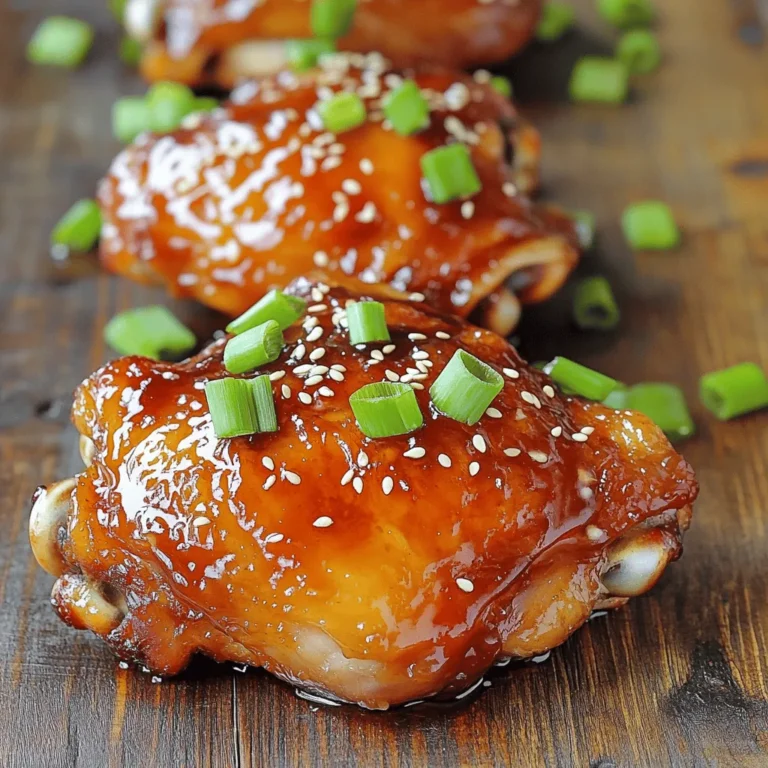 - 4 chicken thighs (bone-in, skin-on for best flavor) - 1/4 cup honey - 1/4 cup soy sauce (low-sodium preferred) - 2 cloves garlic, minced - 1 tablespoon ginger, minced - 1 tablespoon rice vinegar - 2 green onions, sliced - Sesame seeds (for garnish, optional) - 1/4 teaspoon crushed red pepper flakes (optional, for heat) Gather these ingredients before starting. The chicken thighs give a juicy bite. Honey adds sweetness, while soy sauce gives depth. Garlic and ginger bring warmth and spice. Rice vinegar balances the flavors. For a little crunch, use green onions and sesame seeds. The crushed red pepper flakes can add heat if you like spice. This simple list makes for a tasty dish. Check the [Full Recipe] for more details. How to marinate the chicken To marinate the chicken, mix honey, soy sauce, garlic, ginger, rice vinegar, sesame oil, black pepper, and red pepper flakes in a bowl. Place the chicken thighs in a zip-top bag or a shallow dish. Pour the marinade over the chicken and seal or cover it. Let it sit in the fridge. Importance of marinating time Marinating time is key. It allows the chicken to soak up all the flavors. I recommend at least one hour. For the best taste, let it marinate overnight. This makes the chicken juicy and full of flavor. Preheat the oven: Why it matters Preheating your oven to 400°F (200°C) is important. It helps the chicken cook evenly. A hot oven gives the skin a nice crisp. Without preheating, your chicken may turn out soggy. Arrangement and baking guidelines After marinating, take the chicken out. Let the excess marinade drip off. Place the chicken on a baking sheet lined with foil or parchment paper, skin side up. This makes cleanup easy. Bake the chicken for 35 to 40 minutes. Use a meat thermometer to check that it reaches 165°F (75°C). Creating the sauce: Optional step While the chicken bakes, you can make a sauce. Take the leftover marinade and boil it in a small saucepan. Then, reduce to a simmer for 5 to 10 minutes until it thickens. This adds more flavor to your dish. Serving suggestions for Honey Soy Glazed Chicken Once the chicken is done, let it rest for a few minutes. Serve it with the thickened sauce drizzled over the top. Garnish with sliced green onions and sesame seeds for a nice touch. You can pair it with rice or veggies to complete your meal. For the full recipe, check the section above. Using low-sodium soy sauce is key. It cuts down on salt but still gives great taste. Too much salt can overpower your dish. You want the honey to shine through. Adjust the sweetness with honey to your liking. If you want it sweeter, add a bit more honey. If you prefer less sweet, use less. To get crispy skin, start with dry chicken. Pat the skin with a paper towel before cooking. This helps it crisp up nicely in the oven. Basting the chicken adds extra glaze and flavor. Use the reserved marinade during the last 10 minutes of baking. This gives the chicken a beautiful shine and rich taste. If you need a soy sauce alternative, try tamari. It has a similar taste and is gluten-free. Coconut aminos are a great choice too. They add sweetness without the soy taste. For sweeteners, you can use maple syrup or agave nectar. Each one will change the flavor slightly but will still be delicious. {{image_2}} You can use different cuts of chicken for this dish. I often choose bone-in, skin-on thighs for rich flavor. They stay juicy while cooking. However, boneless chicken thighs also work well. They cook faster, so keep an eye on them. Chicken breasts are another option. They are leaner but can dry out if overcooked. If you prefer breasts, try brining them first. This adds moisture and flavor. You can change the flavors to suit your taste. Adding citrus can brighten the dish. Lime or orange juice mixed with the marinade works great. You can also add spices for a kick. Try smoked paprika or five-spice powder. These spices can enhance the glaze and add depth. Experiment with your favorites to create a unique taste. Honey soy glazed chicken pairs well with many sides. Steamed rice is a classic choice. It soaks up the delicious sauce. You can also serve it with stir-fried veggies. Broccoli and bell peppers add color and crunch. For a lighter meal, a simple salad works too. Choose fresh greens with a light vinaigrette. This creates a balanced and complete meal. If you want to make it extra special, try serving it with the full recipe. To keep your honey soy glazed chicken fresh, store it in the fridge. Use an airtight container for the best results. Make sure it cools to room temperature before sealing. Your leftovers will last up to four days. If you want to keep it longer, freezing is a great option. You can freeze honey soy glazed chicken for later use. Place the chicken in a freezer-safe bag or container. Squeeze out as much air as possible to prevent freezer burn. It will stay good for up to three months. When you’re ready to eat, thaw it overnight in the fridge. Reheat in the oven at 350°F (175°C) until hot. This keeps the chicken juicy and flavorful. Preparing your honey soy glazed chicken ahead saves time. You can marinate the chicken a day in advance. Then, store it in the fridge until you’re ready to cook. Use glass or BPA-free plastic containers for storage. This way, your meal prep stays safe and easy. You can also portion out the chicken into single servings for quick lunches or dinners. You should marinate the chicken for at least 1 hour. However, for the best taste, marinate overnight. This gives the chicken time to soak in all the flavors. The longer it sits, the more flavorful it becomes. Yes, you can use other proteins. Salmon, pork, or beef all work well. Just make sure to adjust the cooking time. For example, salmon cooks much faster than chicken. If you need a substitute for honey, use maple syrup or agave nectar. Both options work great. They add a similar sweetness to the glaze. You can also use brown sugar, but mix it with a bit of water. This recipe is perfect for meal prep. You can cook a batch and store it in containers. It keeps well in the fridge for 3-4 days. Just reheat it when you’re ready to eat. For freezing, place it in airtight containers. You now have all the tools to make Honey Soy Glazed Chicken. We covered key ingredients like chicken thighs, honey, and soy sauce. You learned how to prep and cook this tasty dish step by step. Tips for flavor and variations help you customize it to your liking. Don’t forget about proper storage methods to enjoy leftovers later. This recipe is perfect for meal prep or a quick weeknight dinner. Dive in and make this sweet and savory delight your own!