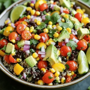 - 1 cup quinoa - 1 can (15 oz) black beans, drained and rinsed - 1 cup corn kernels (fresh or frozen) - 1 bell pepper (red or yellow), diced - 1 cup cherry tomatoes, halved - 1 avocado, diced - Juice of 2 limes - 2 tablespoons olive oil - 1 teaspoon cumin - 1 teaspoon chili powder The main ingredients in this Tex Mex quinoa salad make it a powerhouse of nutrition. Quinoa is a complete protein, meaning it has all nine essential amino acids. It cooks up fluffy and adds a nutty flavor. Black beans bring fiber and protein, while corn adds sweetness and crunch. We use fresh vegetables to make the salad vibrant and full of flavor. Bell peppers add a crisp texture and bright color. Cherry tomatoes contribute juiciness and a pop of sweetness. Avocado brings creaminess and healthy fats that help keep you full. For the dressing, lime juice adds tang, while olive oil gives richness. Cumin and chili powder bring warmth and depth. This dressing ties all the flavors together beautifully. You can find the full recipe to make this delicious salad and enjoy its delightful flavors. To start, rinse 1 cup of quinoa under cold water. This helps remove any bitter taste. Next, in a medium saucepan, combine the rinsed quinoa with 2 cups of vegetable broth or water. Bring this mixture to a boil over medium-high heat. Once it boils, reduce the heat to low. Cover the pot and let it simmer for about 15 to 20 minutes. The quinoa should become fluffy, and the liquid will absorb. When done, remove it from the heat and let it cool slightly. While the quinoa cools, chop and combine your fresh vegetables. Dice 1 bell pepper and halve 1 cup of cherry tomatoes. You can also chop 1 avocado and finely chop 1/4 cup of red onion. Add these veggies into a large mixing bowl. Then, open a can of black beans, drain, and rinse them. Add 1 can (15 oz) of black beans and 1 cup of corn kernels, either fresh or frozen, to the bowl with the vegetables. Mix everything together well. In a small bowl, whisk together the dressing ingredients. Squeeze the juice of 2 limes into the bowl. Add 2 tablespoons of olive oil, 1 teaspoon of cumin, and 1 teaspoon of chili powder. Season with salt and pepper to taste. Whisk this mixture until well combined. The dressing adds a bright, zesty flavor to your salad. Now it’s time to bring everything together. Fluff the cooled quinoa with a fork and add it to the large mixing bowl with the veggies and beans. Pour the dressing over the salad mixture. Gently toss all the ingredients together until everything is well combined. Taste the salad and adjust the seasoning if needed. You can add more salt, pepper, or lime juice for extra flavor. Serve immediately or refrigerate it for 30 minutes to let the flavors meld together. For the full recipe, refer to the main ingredients and steps above. To make sure your quinoa is not mushy, rinse it well. This clears off the saponins, which can make quinoa bitter. Use a fine mesh strainer for best results. Cook quinoa in vegetable broth for extra flavor. - Temperature: Start with medium-high heat to boil. - Cooking time: Reduce heat to low and cover for 15-20 minutes. Keep an eye on it so it doesn’t overcook. After cooking, let it sit covered for 5 minutes. Then fluff it with a fork. Adjusting the seasoning can make a big difference. If you want a kick, add more chili powder. You can also try fresh jalapeños for some heat. - Tips: Taste as you go. This helps you find the right balance. - Adding heat: A pinch of cayenne can spice it up too. Try adding lime zest for a bright touch. An attractive salad makes it more fun to eat. Serve it in a large bowl to show off those colorful ingredients. - Serving suggestions: Layer the salad for a beautiful look. - Garnishing techniques: Top with extra cilantro and lime wedges. This adds freshness and color. For a crunchy touch, sprinkle some tortilla strips on top. For the full recipe, check the provided link. {{image_2}} You can easily change some ingredients in the Tex Mex quinoa salad. For a different flavor, try using other beans or grains. Instead of black beans, you could use pinto beans or chickpeas. If you want to switch the quinoa, try brown rice or farro. Both provide great texture and taste. Seasonal produce options can also add freshness. In summer, use ripe tomatoes and fresh corn. In fall, consider adding roasted sweet potatoes or butternut squash. These swaps keep the salad vibrant and exciting. This salad is naturally vegan and gluten-free. To ensure it fits your needs, check all labels. Some dressings may contain hidden gluten or dairy. You can make a simple dressing with olive oil and lime juice. This keeps it tasty and safe for all diets. If you want a creamier dressing, try a dairy-free option. You can blend avocado with lime juice and olive oil. This makes a rich dressing that is still healthy and delicious. If you want to enhance flavors, consider adding cheese alternatives. Nutritional yeast gives a cheesy flavor without dairy. You can also add vegan cheese shreds for a fun twist. More herbs and spices can elevate your salad. Fresh cilantro and diced jalapeños add a kick. You might also try adding smoked paprika or garlic powder to the mix. These simple enhancements can create a unique taste in your Tex Mex quinoa salad. For the full recipe, check out the [Full Recipe]. To keep your Tex Mex quinoa salad fresh, follow these tips. First, place any leftovers in an airtight container. This helps prevent moisture loss and keeps the flavors strong. Store the salad in the fridge. It will last for about 3 to 5 days. Always check for any odd smells or colors before eating. If you want to save the salad for later, freezing works well. Start by placing the salad in a freezer-safe container. Leave some space at the top, as the salad will expand when frozen. You can freeze it for up to 3 months. When you're ready to eat it, thaw the salad overnight in the fridge. After thawing, check the texture. If it's too wet, drain some liquid. Toss it gently to mix everything again. Your Tex Mex quinoa salad will still taste great! For the full recipe, refer back to the detailed instructions provided. Tex Mex Quinoa Salad is a vibrant dish packed with flavor and nutrients. It combines quinoa with black beans, corn, fresh veggies, and spices. Here’s what you’ll find in this colorful salad: - 1 cup quinoa, rinsed - 1 can (15 oz) black beans, drained and rinsed - 1 cup corn kernels (fresh or frozen) - 1 bell pepper (red or yellow), diced - 1 cup cherry tomatoes, halved - 1 avocado, diced - 1/4 cup red onion, finely chopped - 1/4 cup fresh cilantro, chopped - Juice of 2 limes - 2 tablespoons olive oil - 1 teaspoon cumin - 1 teaspoon chili powder - Salt and pepper to taste This dish is easy to make and is perfect for lunch or dinner. Yes, you can meal prep this salad! It holds well in the fridge. To prepare in advance, follow these tips: - Cook the quinoa and let it cool. - Chop and store the veggies separately. - Mix the salad just before eating to keep it fresh. - Use airtight containers to store portions. By prepping ahead, you save time and enjoy a healthy meal all week. There are many ways to customize this salad. Here are some popular changes: - Swap black beans for kidney or pinto beans. - Use quinoa blends for varied textures. - Add jalapeños for some heat. - Try adding different veggies like cucumbers or zucchini. These swaps keep the salad exciting and fresh every time you make it. Yes, this salad fits many dietary needs. Here’s how: - Vegan: All ingredients are plant-based. - Gluten-free: Quinoa is naturally gluten-free. - Low-carb: Reduce quinoa and add more veggies for a lower carb count. This salad is versatile and can cater to various diets without losing flavor. If you want to boost the protein, consider these options: - Add grilled chicken or shrimp for a meat option. - Mix in tofu or tempeh for a plant-based boost. - Include nuts or seeds like pumpkin seeds or sunflower seeds. These additions make the salad even more filling and nutritious. Absolutely! You can swap quinoa for other grains. Here are some alternatives: - Brown rice for a heartier texture. - Farro for a nutty flavor. - Bulgur for a quick-cooking option. Feel free to experiment with grains to find your favorite combination. Check out the Full Recipe for more details on making this delicious salad! This Tex Mex Quinoa Salad blends wholesome ingredients like quinoa, beans, and fresh veggies. You learned how to cook the quinoa, prep the salad, and create a zesty dressing. I shared tips for perfecting the flavor and presented variations to suit your taste. In closing, this salad is versatile and easy to make. It's filling, healthy, and great for meal prep. Enjoy trying different flavors and ingredients. Your kitchen adventures await!