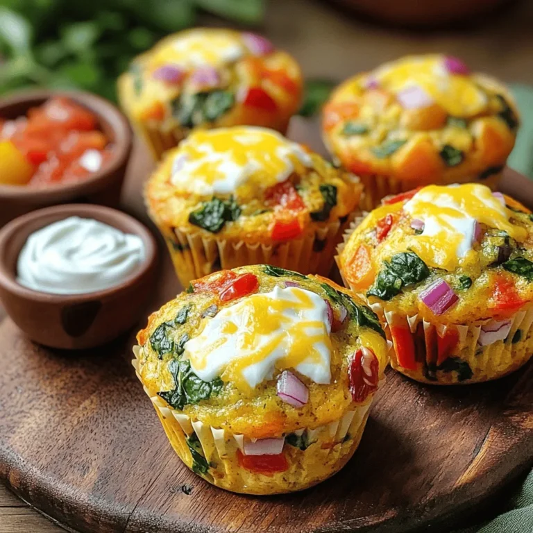 To make Easy Egg Muffins, gather these key ingredients: - 6 large eggs - 1 cup spinach, chopped - 1/2 bell pepper, diced (any color) - 1/4 cup red onion, finely chopped - 1/2 cup cherry tomatoes, halved - 1/4 cup shredded cheese (cheddar or feta work well) - Salt and pepper to taste - 1 teaspoon garlic powder - 1 teaspoon olive oil (for greasing the muffin tin) These ingredients create a tasty base for your muffins. The eggs provide protein, while the veggies add flavor and color. Cheese gives a nice creaminess that balances the dish. You can spice up your Easy Egg Muffins with these add-ins: - Cooked bacon or sausage, chopped - Fresh herbs like parsley or basil - Diced zucchini or mushrooms - Spicy jalapeños for a kick Feel free to mix and match these options. Adding different flavors makes each batch unique. Think about what you enjoy most. If you need to adjust the recipe based on your diet, here are some ideas: - Use egg whites for a lower-fat option. - Swap regular cheese for a dairy-free type. - Replace vegetables with your favorites or what you have on hand. - You can use silken tofu as an egg substitute for a vegan version. These substitutions keep the muffins delicious while catering to your needs. You can enjoy Easy Egg Muffins no matter your dietary preferences. For the full recipe, refer to the earlier section. Start by preheating your oven to 350°F (175°C). This step is key to getting good muffins. While the oven heats, grab a standard muffin tin. Use a paper towel or brush to coat it lightly with olive oil. This helps the muffins come out easily after baking. In a large bowl, crack six large eggs. Whisk them well until they are fully mixed. Next, add your veggies: one cup of chopped spinach, half a diced bell pepper, and a quarter cup of finely chopped red onion. Toss in half a cup of halved cherry tomatoes for some sweetness. Now, sprinkle in a quarter cup of shredded cheese, one teaspoon of garlic powder, and salt and pepper to taste. Mix everything until well combined. Pour the egg mixture into your prepared muffin tin. Fill each cup about three-quarters full. This gives them room to puff up. Place the tin in your preheated oven and bake for 18 to 20 minutes. Keep an eye on them; they should look puffy and golden. To check if they are done, insert a toothpick into the center of a muffin. If it comes out clean, they are ready. Once baked, take them out and let them cool for a few minutes. Use a knife to gently loosen the edges, then pop them out. Transfer the muffins to a wire rack to cool more. Enjoy your egg muffins warm or at room temperature! To get the best texture in your egg muffins, remember a few key points. First, use fresh eggs. Fresh eggs beat better and hold more air. This helps your muffins rise nicely. Mix the eggs gently but well. If you overbeat, the texture may turn rubbery. The right baking time is also crucial. Bake until they puff up and a toothpick comes out clean. This usually takes 18 to 20 minutes. Many people face common issues when making egg muffins. One mistake is not greasing the muffin tin well. This can cause your muffins to stick. Another mistake is filling the cups too full. Leave some space for rising. Also, don’t skip seasoning. A little salt and pepper go a long way in flavor. Finally, be cautious with oven temperature. Too hot can burn the tops, while too low may leave them soggy. You can easily customize these muffins to fit any taste. If you love meat, try adding cooked bacon or sausage. For a spicy kick, toss in some diced jalapeños. For a vegetarian twist, mix in more veggies like zucchini or mushrooms. If you want a cheesy flavor, add different types of cheese. You can also explore herbs and spices. Fresh basil or oregano can brighten up your muffins. Tailoring flavors makes cooking fun and personal. For more ideas, check out the Full Recipe. {{image_2}} You can make your egg muffins even heartier by adding meat. Try diced ham, cooked bacon, or sausage. These options boost protein and add great flavor. Just remember to cook any raw meat before mixing it in. Use about 1/2 to 1 cup of meat per batch. This simple change makes your breakfast more filling and satisfying. For a vegetarian twist, swap in your favorite veggies. Think zucchini, mushrooms, or kale. You can also add beans for extra protein. A mix of colorful bell peppers makes each muffin pop. Use about 1 to 2 cups of veggies. This keeps your muffins light while still being tasty. You can even add fresh herbs like basil or cilantro for a burst of flavor. Want to keep it low-carb? Use fewer potatoes or skip them entirely. You can replace them with cauliflower rice or more veggies. Another option is to add cheese for a creamy texture. Cream cheese or ricotta can work well here. Just ensure you keep the overall ingredient balance in mind for the best results. This way, you can enjoy delicious muffins while staying on track with your diet. For the full recipe, refer to the earlier section. To keep your egg muffins fresh, let them cool completely. Place them in an airtight container. You can store them in the fridge for up to five days. If you want to enjoy them later, freezing is a great option. When you're ready to eat your muffins, reheating is simple. You can use a microwave or an oven. For the microwave, heat one muffin for about 30 seconds. If you prefer the oven, preheat it to 350°F (175°C) and warm the muffins for about 10 minutes. This keeps them fluffy and tasty. Freezing egg muffins is easy and smart. Wrap each muffin in plastic wrap. Then, place them in a freezer bag or container. Make sure to remove as much air as possible. They will stay good for up to three months. When you want one, just thaw it in the fridge overnight before reheating. For the full recipe, check out the Egg-cellent Veggie Muffins. Easy Egg Muffins can last in the fridge for about four to five days. Store them in an airtight container to keep them fresh. Make sure they are completely cool before sealing. This helps prevent moisture buildup that can lead to sogginess. Yes, you can use egg substitutes like flax eggs or commercial egg replacers. For each egg, mix 1 tablespoon of ground flaxseed with 2.5 tablespoons of water. Let it sit for a few minutes to thicken. This works well but may change the texture slightly. You can serve Easy Egg Muffins warm or at room temperature. They pair great with salsa, Greek yogurt, or avocado slices. For a fun twist, top them with hot sauce or fresh herbs. This adds a burst of flavor and makes them even more enjoyable. To make Easy Egg Muffins in advance, prepare them as usual and bake. Once cooled, store them in the fridge or freezer. If freezing, wrap each muffin tightly in plastic wrap. When you’re ready to eat, just reheat them in the microwave or oven. This makes breakfast quick and easy! For the full recipe, refer to the earlier section. Easy egg muffins are a simple, tasty option for any meal. You learned about key ingredients, preparation steps, and baking tips. We also covered how to customize your muffins for different diets and flavors. Storing and reheating tips ensure you enjoy them fresh later. Try these muffins for a quick breakfast or snack. I hope you feel inspired to experiment in your kitchen!