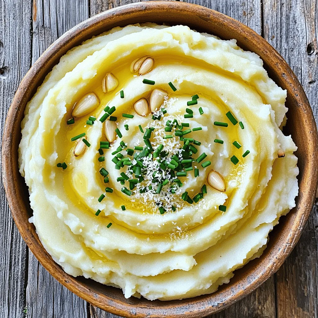 - 2 pounds Yukon Gold potatoes, peeled and cubed - 4 cloves of garlic, peeled - 1/2 cup heavy cream - 1/4 cup unsalted butter, softened To make creamy garlic mashed potatoes, you need these main ingredients. Yukon Gold potatoes give a rich, buttery flavor. They are perfect for mashing. Garlic adds a nice kick. I love using fresh garlic for the best taste. Heavy cream makes the potatoes rich and smooth. Unsalted butter brings in extra creaminess. - 1/4 cup grated Parmesan cheese - Chopped fresh chives for garnish If you want to take your mashed potatoes up a notch, add grated Parmesan cheese. It gives a sharp taste that balances well with the creaminess. Fresh chives offer a pop of color and a mild onion flavor. They make your dish look great and taste better. - Salt and black pepper - Alternative herbs Salt and black pepper are the basics for flavor. Always taste as you go. You can also add herbs like thyme or rosemary for a twist. These herbs can enhance the flavor profile. Experiment with different seasonings to find your favorite mix. To start, peel and cube 2 pounds of Yukon Gold potatoes. These potatoes are creamy and perfect for mashing. Cut them into even pieces, about 1-2 inches. This helps them cook at the same rate. Next, peel 4 cloves of garlic. You can add more if you love garlic. Place the cubed potatoes and garlic in a large pot. Cover them with cold water, filling the pot about an inch above the potatoes. Now, add a pinch of salt to the water. This step helps flavor the potatoes as they cook. Bring the water to a boil over medium-high heat. Once boiling, reduce the heat and let it simmer. Cook for about 15-20 minutes until the potatoes are tender. You can check by poking them with a fork. After cooking, drain the potatoes and garlic. Return them to the pot to let off some steam. This makes them fluffier. Grab a potato masher and start mashing the potatoes and garlic together. Press down firmly but gently. If you want a smoother mash, you can use a ricer or a food mill. This gives the potatoes a light and airy texture. Keep mashing until you reach your desired smoothness. Avoid over-mashing, as it can turn gummy. Now, it’s time to make these mashed potatoes creamy. Add 1/4 cup of softened unsalted butter to the pot. Then, pour in 1/2 cup of heavy cream. Stir the mixture well until it’s creamy and well combined. For an extra touch, you can mix in 1/4 cup of grated Parmesan cheese. This adds a rich flavor that pairs well with garlic. Finally, season with salt and black pepper to taste. Start with a little and adjust as needed. If you want to enhance the flavor, feel free to add chopped fresh chives for garnish. For the full recipe, check out [Full Recipe]. Enjoy your creamy garlic mashed potatoes! To get the best creamy texture, choose Yukon Gold potatoes. They are buttery and smooth. Cut them into even cubes for even cooking. Boil them until soft, about 15 to 20 minutes. Test with a fork; they should break apart easily. Using warm cream helps mix better. Cold cream can cool down your potatoes. Warm it gently on the stove or in the microwave. Then, pour it in when mashing. This makes your mashed potatoes extra creamy. For more garlic flavor, you can use roasted garlic instead of raw. Roasting gives a sweet, mellow taste. Simply wrap the garlic in foil and bake until soft. You can also add fresh herbs like thyme or rosemary. Chop them finely and mix them in for a fresh touch. If you want a bold flavor, try adding some garlic powder. It adds depth without the raw bite. You can also sprinkle a bit of smoked paprika for a unique twist. Creamy garlic mashed potatoes pair well with many dishes. They are great with meats like roasted chicken or steak. They also complement fish nicely. For a vegetarian meal, serve them with grilled veggies. Be creative with presentation. Use a piping bag to create swirls on a plate. Add a sprinkle of chives on top for color. You can also serve them in a hollowed-out bread bowl for fun. For detailed instructions, check out the Full Recipe. {{image_2}} You can switch up the garlic in your mashed potatoes. Roasted garlic gives a sweet, rich flavor. To roast garlic, wrap unpeeled cloves in foil and bake them until soft. This change adds depth and warmth to your dish. You can also blend different garlic herbs. Try mixing garlic with rosemary or thyme. These herbs add fresh notes that enhance the potato’s creamy texture. If you want vegan mashed potatoes, use plant-based milk and vegan butter. Coconut milk adds a nice twist. You can still have creamy potatoes without dairy. For a low-carb version, replace potatoes with cauliflower. Steam cauliflower until soft, then mash it with garlic. This option is flavorful and fits well into low-carb diets. Cheese lovers can enjoy cheesy mashed potatoes. Try adding cheddar, gouda, or cream cheese for a rich taste. Each cheese brings its own unique flavor. You can also mix in crispy bacon or sautéed mushrooms. Bacon adds a salty crunch, while mushrooms offer earthy tones. Both additions make your mashed potatoes even more satisfying. For the full recipe, check out the Creamy Garlic Mashed Potatoes section. To keep your creamy garlic mashed potatoes fresh, store them in the fridge. Place the leftovers in an airtight container. This helps the potatoes stay moist and tasty. They can last up to four days in the fridge. If you want to save them for longer, freezing is a great choice. To freeze mashed potatoes, use freezer-safe bags or containers. Flatten the bags before sealing. This helps save space and speeds up thawing. Mashed potatoes can last for about two months in the freezer. When you're ready to eat them, just thaw them in the fridge overnight. Reheating mashed potatoes can be tricky. You want to keep them creamy, not dry. One method is the stovetop. Place the potatoes in a pot over low heat. Add a splash of cream or milk to help revive the creaminess. Stir gently until heated through. For the microwave, use a microwave-safe dish. Cover the dish with a damp paper towel. This keeps moisture in while they heat. Heat in short bursts of one minute, stirring in between. This way, they warm evenly and stay smooth. To make mashed potatoes creamier, use Yukon Gold potatoes. They have a buttery flavor and smooth texture. Mash the potatoes while they are warm. This helps mix in the cream and butter better. Add heavy cream, as it provides richness. You can also use warm cream instead of cold. This change makes a big difference in texture. For extra creaminess, add softened cream cheese or sour cream. Yes, you can prepare mashed potatoes in advance. Cook them as usual, then let them cool. Store them in an airtight container in the fridge for up to two days. When ready to serve, reheat them on low heat. Add a splash of cream or milk to restore creaminess. Stir often to prevent sticking. The best potatoes for mashed potatoes are Yukon Gold and Russet potatoes. Yukon Gold potatoes are creamy and smooth. They hold their shape well when mashed. Russet potatoes are fluffy and absorb flavors easily. Both types make great mashed potatoes, but Yukon Gold is my favorite. To add more garlic flavor, try roasting the garlic first. Roasting mellows the garlic and adds depth. You can also use garlic powder for a stronger taste. Add it during the mixing stage for even flavor. For a bold twist, mix in garlic oil. This method infuses the mashed potatoes with rich garlic flavor. If your mashed potatoes are lumpy, don't worry. You can fix them easily. First, try mashing them a bit more. If they are still lumpy, use a potato ricer. This tool will smooth them out. Another option is to blend them quickly with a hand mixer. Just be careful not to overmix, or they will become gummy. In this blog post, we explored how to make creamy garlic mashed potatoes. We discussed the right ingredients, including Yukon Gold potatoes and garlic. You learned step-by-step instructions, from preparation to mashing. I shared tips for improving texture and flavor, plus some fun variations. Now, you can enjoy delicious mashed potatoes with ease and confidence. With these techniques, your next meal will impress everyone at the table. Enjoy your cooking adventure!