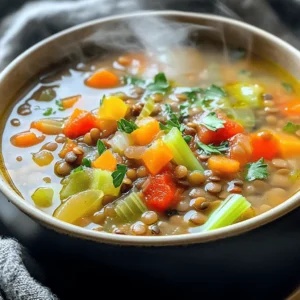 To make a hearty Lentil Vegetable Soup, you'll need simple, fresh ingredients. These items come together to create a warm and comforting bowl of goodness. Here’s what you need: - Green or brown lentils (1 cup, rinsed) - Olive oil (1 tablespoon) - Medium onion (1, diced) - Garlic cloves (2, minced) - Carrots (3, diced) - Celery stalks (2, diced) - Red bell pepper (1, diced) - Zucchini (1, diced) - Canned diced tomatoes (1 can, 14 oz) - Vegetable broth (6 cups) - Dried thyme (1 teaspoon) - Cumin (1 teaspoon) - Bay leaf (1) - Salt and pepper (to taste) - Fresh parsley (for garnish) Each ingredient plays a key role. The lentils add protein and fiber. The vegetables bring color and flavor. Olive oil helps to sauté and enrich the taste. Canned tomatoes add a sweet and tangy touch. Broth brings depth to the soup. Fresh herbs like parsley not only make the dish pretty but also add a fresh taste. You can find all these ingredients easily at your local store. For the full recipe, check out the details on how to prepare this delicious dish. 1. Sautéing onions and garlic Start by heating the olive oil in a large pot over medium heat. When the oil is warm, add the diced onion. Cook it for about five minutes, stirring often. The onion should turn translucent. Then, add the minced garlic and stir for one more minute. This step adds a strong and tasty base to the soup. 2. Adding vegetables Next, toss in the diced carrots and celery. Sauté these for about five minutes. They will soften and blend well with the onion and garlic. After that, add the red bell pepper and zucchini. Cook for another three to four minutes. The goal is to make the vegetables tender but still crisp. 3. Incorporating lentils and liquids Now, it’s time for the star ingredient: lentils! Add the rinsed lentils to the pot along with the canned tomatoes and their juice. Pour in the vegetable broth, and stir in the dried thyme, cumin, bay leaf, salt, and pepper. Mix everything well to ensure all the flavors combine. 1. Bringing to a boil Turn up the heat and bring the mixture to a boil. This step will help all the flavors meld together. 2. Simmering the soup Once boiling, reduce the heat to low. Cover the pot and let it simmer for about 30 to 35 minutes. Stir occasionally. You want the lentils to be tender and the soup to thicken slightly. 3. Final seasoning adjustments After 30 minutes, taste the soup. You might want to add more salt or pepper. Remove the bay leaf before serving. This ensures a smooth and enjoyable texture. - Best ways to serve Lentil Vegetable Soup Serve the soup hot, straight from the pot. It pairs well with crusty bread or a simple salad. - Garnishing tips Sprinkle fresh parsley on top for a bright color and fresh flavor. You can also add a swirl of olive oil for richness. - Pairing options For a full meal, enjoy it with a slice of whole grain bread or a side of roasted veggies. This soup is comforting and healthy, making it a perfect choice for any day. To boost the flavor of your lentil vegetable soup, I recommend using spices and herbs like thyme, cumin, and bay leaves. These add depth to your dish. You can also try adding smoked paprika or a pinch of cayenne for a warm kick. Balancing seasoning is key. Always taste your soup as it cooks. A little salt or pepper can elevate the dish. Don't forget to finish with fresh herbs like parsley for a bright touch. Getting the perfect lentils is easy. Rinse them well before cooking. This removes dirt and helps them cook evenly. I suggest simmering the lentils just right. If you cook them too long, they may turn mushy. To keep your vegetables firm, add them at different times. Start with heartier veggies like carrots and celery. Add softer ones like zucchini and bell peppers later. This keeps them vibrant and tender. Simmering time is important. Let your soup cook gently for 30-35 minutes. This melds the flavors and allows the lentils to soften. Lentils are powerhouses of nutrition. They are high in protein and fiber. They also pack essential vitamins and minerals. Pair them with colorful vegetables for even more health benefits. This soup is vegan and gluten-free, making it a great choice for many diets. You can even serve smaller portions as a side dish. This way, you can enjoy it with other meals too. For the full recipe, check out the [Full Recipe]. {{image_2}} You can switch the lentils for different types. Red lentils cook faster and turn soft. French green lentils hold their shape better and add texture. For vegetables, use what is fresh and in season. In summer, try yellow squash or fresh peas. In winter, consider adding sweet potatoes or kale for warmth. If you want more protein, add cooked chicken, turkey, or sausage. You can also use beans like chickpeas or kidney beans. These options make the soup heartier. Want some heat? Add a pinch of red pepper flakes or diced jalapeños. This will give your soup a nice kick. You can also explore different cuisines. For an Italian twist, add basil and oregano. For Indian flavors, toss in curry powder and coconut milk. Each version brings a new taste experience. If you like a creamy soup, blend part of it until smooth. You can also stir in some cream or coconut cream for richness. For low-sodium options, use low-sodium broth. You can also skip added salt until the end. Taste it first to see if it needs more. To make it kid-friendly, use mild spices. You can add cheese on top as a fun touch. Kids may love it more with some bread on the side. For extra health benefits, you can include superfoods like spinach or chia seeds. They boost nutrition without changing the flavor much. To store leftover soup, let it cool first. Pour the soup into an airtight container. Make sure to leave some space at the top for expansion. Seal the container tightly and place it in the fridge. This way, you keep it fresh for up to five days. For proper cooling methods, divide large amounts into smaller containers. This helps the soup cool down faster. Remember, never leave hot soup out for more than two hours. For freezing soup, use freezer-safe containers or bags. Leave space for the soup to expand as it freezes. Label each container with the date. This helps you track how long it has been stored. When you want to eat the soup, thaw it in the fridge overnight. You can also use the microwave for quick thawing. When ready to eat, heat it on the stove. Stir occasionally to ensure even heating. This soup lasts about five days in the fridge. If you freeze it, it can last up to three months. Look for signs of spoilage to avoid eating bad soup. Foul smells, mold, or off colors mean it’s time to toss it. Always trust your senses; if it seems off, it probably is. For a delightful experience, follow the Full Recipe and enjoy your hearty lentil veggie delight! How long does it take to make Lentil Vegetable Soup? It takes about 45 minutes to make this soup. You spend 10 minutes prepping and 35 minutes cooking. This makes it a quick and tasty meal. Can I use dried herbs instead of fresh? Yes, you can use dried herbs. Use about one-third the amount. Dried herbs pack a strong flavor, so adjust to your taste. What can I add to make this soup heartier? You can add more vegetables like potatoes or sweet potatoes. Adding cooked grains, like rice or quinoa, also boosts heartiness. What do I do if my soup is too thick? If your soup is too thick, add more vegetable broth or water. Stir well and heat until warm. This will help get the right consistency. How to reduce the acidity of the soup? To reduce acidity, add a pinch of sugar. This helps balance the flavors. Stir well and taste again to adjust as needed. Tips for making the soup ahead of time You can make the soup a day ahead. Let it cool, then store it in the fridge. Reheat on the stove when ready to serve. Is Lentil Vegetable Soup gluten-free? Yes, Lentil Vegetable Soup is gluten-free. All the ingredients are gluten-free, making it safe for those with gluten sensitivities. What are the best types of lentils for soup? Green and brown lentils work best for soup. They hold their shape and add a nice texture. Red lentils can become mushy, so use them with care. Can I use frozen vegetables in this recipe? Yes, you can use frozen vegetables. They are a great time saver. Just add them during the cooking phase and adjust the cooking time as needed. For the complete cooking instructions, check out the Full Recipe. Lentil Vegetable Soup is a simple, healthy choice. We covered ingredients, step-by-step instructions, and tips to enhance flavor. You learned about variations and how to store leftovers properly. Embrace this recipe as a satisfying meal that you can tweak to your tastes. With practice, you’ll master it and impress others. Enjoy creating your own delicious bowl today!