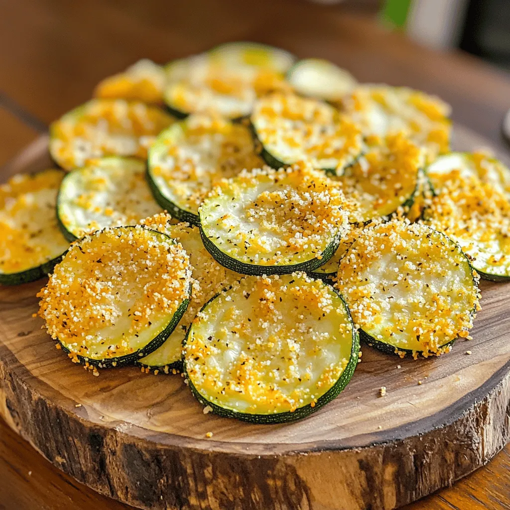 - 2 medium zucchinis - 1 cup grated Parmesan cheese - 1 cup breadcrumbs - 2 large eggs - Olive oil spray - 1 teaspoon garlic powder - 1 teaspoon onion powder - 1 teaspoon Italian seasoning - Salt and pepper to taste - Each serving has about 150 calories. - Zucchini is low in calories and high in water. - Parmesan adds protein and calcium, giving a nutritious boost. I love using fresh zucchini for these crisps. Zucchini is light and has a great texture. It pairs well with the savory taste of Parmesan. The cheese brings a rich flavor and crispy texture. You can easily adjust the seasoning to fit your taste. With just a few simple ingredients, you can make a healthy snack that everyone will enjoy. For the full recipe, check out the detailed instructions above. - Preheat your oven to 425°F (220°C). - Line a baking sheet with parchment paper. - Slice the zucchinis into thin rounds, about 1/4 inch thick. - In a shallow bowl, mix the grated Parmesan, breadcrumbs, garlic powder, onion powder, Italian seasoning, salt, and pepper. - In another bowl, beat the eggs until well mixed. - Dip each zucchini slice into the beaten eggs, letting the excess drip off. - Coat each slice in the Parmesan mixture. Press lightly to help the coating stick. - Place the coated slices on the prepared baking sheet in a single layer. - Spray the tops of the zucchini crisps lightly with olive oil. - Bake for 20-25 minutes until they are tender and golden. - Flip the crisps halfway through to ensure even cooking. - Check for doneness; they should be crispy and golden brown. Enjoy these crispy treats straight from the oven! For the full recipe, check out the complete instructions. To make Parmesan Zucchini Crisps, you need a few key tools: - Baking sheet: A sturdy baking sheet is crucial. Choose one that is heavy-duty for even heat. - Parchment paper: Line your baking sheet with parchment. This helps prevent sticking and makes cleanup easier. - Shallow bowls: Use two shallow bowls for the egg and Parmesan mixtures. This makes coating the zucchini easy. - Cooking spray: Olive oil spray adds a light coating for crispiness without extra oil. Crispiness is key for these snacks. Here are some tips: - Egg coating: Dip each zucchini slice in the egg thoroughly. Let any extra egg drip off. This helps the cheese stick better. - Baking time: Bake for 20 to 25 minutes. Check for golden tops. Flip halfway through to cook evenly. If you want extra crunch, add a few more minutes. To make these crisps even tastier, try these ideas: - Spice variations: Add paprika or cayenne pepper for a kick. Mix in some cumin for a warm flavor. - Fresh herbs: Use basil or parsley for freshness. Chop them finely and mix them with the cheese for a bright touch. For the full recipe, check the [Full Recipe]. {{image_2}} You can switch out Parmesan for other cheeses. Try using Pecorino Romano for a sharper taste. If you want creaminess, mozzarella works well too. Combining cheeses can add depth to the flavor. Mix Parmesan with cheddar for a rich, savory bite. Feel free to add other veggies like carrots or bell peppers. You can even toss in cooked bacon for a savory twist. Instead of breadcrumbs, use crushed nuts for a crunchier texture. Almond flour is a great gluten-free option too. If you prefer air frying, set it to 375°F (190°C) for about 15 minutes. Check them halfway and shake the basket for even cooking. Baking gives a nice, even crisp, while air frying can be quicker. Both methods yield delicious results, so choose what suits you best. To keep your Parmesan zucchini crisps fresh, store them in an airtight container. Place a paper towel in the container to absorb any moisture. This helps maintain their crunch. I recommend using a glass or plastic container with a tight lid. Avoid stacking them too high, as this can cause them to lose their crispiness. When you want to enjoy leftover crisps, use your oven or air fryer. Preheat the oven to 350°F (175°C) and place the crisps on a baking sheet. Heat for about 5-10 minutes until they are crispy again. If using an air fryer, set it to 350°F (175°C) for about 3-5 minutes. Avoid microwaving; it makes them soggy. For freezing, arrange the crisps in a single layer and freeze on a baking sheet. Once frozen, transfer them to a freezer bag. To thaw, let them sit at room temperature for about 30 minutes. In the fridge, Parmesan zucchini crisps last about 3 days. Look for signs like softness or discoloration to check for spoilage. If they start to smell off or feel wet, it's best to toss them. Enjoying them fresh will give you the best taste and texture! For a delicious snack, check the full recipe for tips on making these crunchy treats. Parmesan Zucchini Crisps last about 3 days in the fridge. Store them in an airtight container. This keeps them fresh and tasty. If you want them to stay crispy, place a paper towel in the container. This helps absorb moisture. Yes, you can make these gluten-free. Instead of regular breadcrumbs, use gluten-free breadcrumbs or crushed nuts. You can also use ground oats for a healthy twist. These substitutes still give you a nice crunch. You can serve these crisps with many dips. Try marinara sauce, ranch dressing, or garlic aioli. They also go well with hummus or tzatziki. Pairing them with a refreshing dip enhances the flavors. You can prepare the zucchini slices in advance. Coat them and place them on the baking sheet. Cover the sheet with plastic wrap and store it in the fridge. Bake them just before serving for that fresh taste. To ensure crispy Parmesan Zucchini Crisps, follow a few tips. First, slice your zucchini thinly and evenly. This helps them cook at the same rate. Avoid overcrowding the baking sheet. Leave space between each slice. Flip them halfway through cooking for even crispiness. In this post, we explored the delicious world of Parmesan Zucchini Crisps. We covered everything from the main ingredients to step-by-step instructions. You learned about seasoning, baking tips, and flavor variations. These crisps are easy to make and full of flavor. Remember, cooking is all about trying new things. You can adjust recipes to fit your taste. Enjoy making these tasty snacks, and don't hesitate to experiment. They are sure to be a hit!