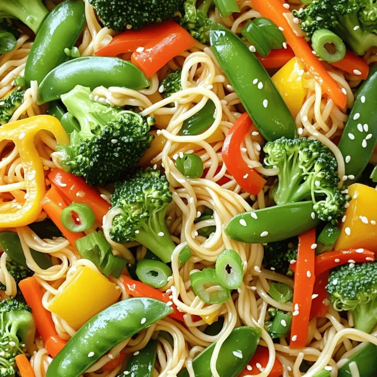 - 8 oz lo mein noodles - 2 tablespoons sesame oil - 1 cup broccoli florets - 1 small bell pepper, sliced (any color) - 1 cup snap peas, trimmed - 1 carrot, julienned - 2 green onions, chopped - 3 cloves garlic, minced - 2 tablespoons soy sauce - 1 tablespoon hoisin sauce - 1 teaspoon ginger, grated You will need lo mein noodles as the base. These noodles soak up all the flavors. Fresh vegetables add color and crunch. I love using broccoli, bell pepper, snap peas, and carrot. They give a nice mix of textures. For the sauces, soy sauce and hoisin sauce are key. They add rich flavors and a bit of sweetness. Don’t forget the sesame oil! It adds a lovely nutty taste. - Green onions - Sesame seeds Garnishing brings your dish to life. I recommend adding chopped green onions for a fresh bite. Sesame seeds add a delightful crunch and look great too. - Alternative vegetables - Gluten-free noodle options You can switch up the veggies based on what you have. Try bell peppers, zucchini, or mushrooms! If you need gluten-free options, rice noodles work well. Just cook them according to package directions. Feel free to mix and match ingredients to make this dish your own. Check out the Full Recipe for more details on how to create this tasty meal! Cooking the noodles First, start by cooking the lo mein noodles. Follow the instructions on the package. Typically, this means boiling them in water for about 4 to 5 minutes. Once they are done, drain the noodles and set them aside. This step is key to have the perfect texture. Preparing the vegetables Next, wash and chop your vegetables. You will need broccoli florets, bell pepper, snap peas, and carrots. Slice the bell pepper into strips. Julienning the carrot means cutting it into thin matchstick shapes. This not only looks nice but helps them cook evenly. Sautéing the garlic and ginger Now, let’s get cooking! Heat two tablespoons of sesame oil in a large skillet or wok over medium heat. Add three cloves of minced garlic and a teaspoon of grated ginger. Sauté them for about 30 seconds until they smell amazing. This step brings out their flavor. Stir-frying the vegetables Add the broccoli and bell pepper to your skillet. Stir-fry them for about 3 to 4 minutes until they start to soften. Next, add the snap peas and julienned carrots. Keep stirring for another 2 to 3 minutes until all the veggies are vibrant and tender-crisp. This keeps them fresh and tasty. Mixing in sauces Lower the heat and pour in two tablespoons of soy sauce and one tablespoon of hoisin sauce. Stir well to mix the sauces with the veggies. Final assembly and serving Now it’s time to bring it all together! Toss in the cooked lo mein noodles. Gently mix everything until well combined and heated through. Serve hot and top with chopped green onions and sesame seeds. Enjoy your colorful vegetable lo mein! For the complete guide, check the Full Recipe. To prevent noodles from sticking, rinse them in cold water after cooking. This helps remove excess starch. Toss them in a bit of oil to keep them separate. For stir-frying, I recommend sesame oil. It adds a rich, nutty flavor that enhances your dish. You can also mix it with vegetable oil for a higher smoke point. Try adding a pinch of red pepper flakes for some heat. You can also use five-spice powder for a warm, aromatic touch. Balancing flavors is key. Add a touch of sugar to your sauce for sweetness. Make sure to taste your sauce as you go. Adjust the soy sauce and hoisin to find the perfect mix for your palate. Pair your Lo Mein with crispy spring rolls or a fresh salad. This adds a nice crunch and balance to your meal. For presentation, use a wide bowl. Place the noodles in the center and arrange the veggies on top. A sprinkle of sesame seeds and green onions makes it look even better. If you want the full details, check out the Full Recipe. {{image_2}} To make your Easy Vegetable Lo Mein even more filling, you can add protein. Here are some tasty options: - Tofu options: Tofu is a great choice for a plant-based protein. You can use firm or extra-firm tofu. Cube it and sauté until golden brown before adding it to your dish. It soaks up flavors well, making it a perfect match for the sauce. - Chicken or shrimp options: If you prefer meat, chicken and shrimp work well. For chicken, slice it thin and cook it until no longer pink. For shrimp, toss them in the pan until they turn pink and opaque. Add these proteins before the veggies for the best results. You can switch up the veggies to suit your taste or what you have on hand. - Seasonal vegetables: Use what’s fresh and in season. Try zucchini, asparagus, or mushrooms. These add color and flavor. The key is to keep them vibrant and tender-crisp. - Using frozen vegetables: Frozen veggies are quick and easy. They save time and still taste great. Just add them straight to the pan. They cook fast and mix well with the noodles and sauce. Changing the sauce can give your dish a new twist. - Making it spicy: If you love heat, add chili paste or sriracha to the sauce. Start with a small amount and adjust to your spice level. This adds a nice kick and depth. - Sweet and sour adaptations: For a sweet and tangy flavor, mix in a bit of pineapple juice or vinegar. You can also add a dash of sugar or honey to balance the flavors, creating a lovely contrast. Feel free to mix and match these ideas. Your Easy Vegetable Lo Mein can be unique every time! For a complete guide, check the Full Recipe. To keep your vegetable lo mein fresh, put it in an airtight container. This helps lock in flavor and moisture. Place the container in the fridge. Your lo mein will stay good for about 3 to 4 days. If you notice any odd smell or change in color, it’s best to throw it away. When you're ready to eat your leftovers, use the stovetop for the best results. Heat a pan over medium heat. Add a splash of water or a bit of oil to keep it moist. Stir the lo mein until it is hot. This method helps keep the noodles from getting soggy. You can also use a microwave. Just cover the dish with a damp paper towel for moisture. Heat in short bursts, stirring in between. If you want to keep your lo mein for a longer time, freezing is a good option. Start by letting the dish cool down completely. Then, place it in a freezer-safe container. Make sure to leave some space for air. This allows the food to expand as it freezes. Your vegetable lo mein can last for up to 3 months in the freezer. When you’re ready to eat it, move it to the fridge to thaw overnight. For a quicker method, you can thaw it in the microwave. Just remember to stir often for even heating. To cook lo mein noodles, boil water in a pot. Add the noodles and cook for 4-5 minutes. Stir them gently to avoid sticking. Drain the noodles and rinse with cold water. This stops the cooking. Toss the noodles with a little sesame oil to keep them from clumping. Yes, you can make vegetable lo mein ahead of time. Cook the noodles and veggies, then store them separately. Keep the sauce in a jar. When ready to eat, heat the noodles and veggies. Mix them with the sauce for a fresh meal. This method saves time on busy days. Lo mein and chow mein differ in how they cook the noodles. Lo mein uses soft, boiled noodles. Chow mein uses crispy, fried noodles. Lo mein is saucy and soft. Chow mein is crunchy and often has more veggies. Both are delicious but offer different textures. To make Easy Vegetable Lo Mein at home, follow the Full Recipe for detailed guidance. You will enjoy a mix of fresh vegetables tossed with flavorful sauces. This dish is quick to make and very satisfying. Perfect for a busy weeknight or a cozy dinner. In this blog post, we explored the key ingredients for making delicious Lo Mein, including noodles, fresh veggies, and sauces. I shared steps for cooking, combining, and serving your dish. We also covered helpful tips and variations, from protein swaps to flavor enhancers. Remember, making Lo Mein is easy and fun. You can adjust ingredients to suit your taste. Enjoy experimenting in the kitchen with this classic dish!