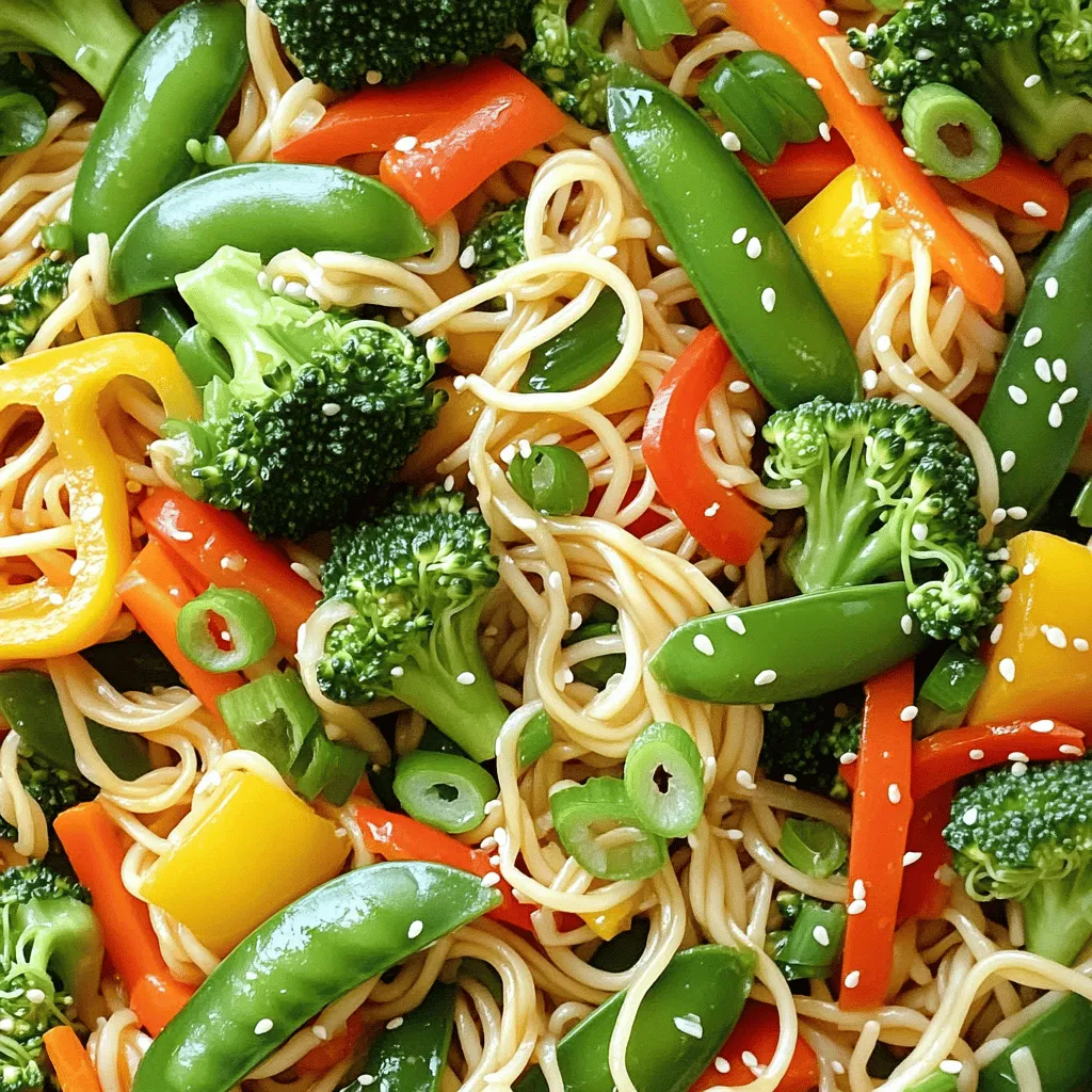- 8 oz lo mein noodles - 2 tablespoons sesame oil - 1 cup broccoli florets - 1 small bell pepper, sliced (any color) - 1 cup snap peas, trimmed - 1 carrot, julienned - 2 green onions, chopped - 3 cloves garlic, minced - 2 tablespoons soy sauce - 1 tablespoon hoisin sauce - 1 teaspoon ginger, grated You will need lo mein noodles as the base. These noodles soak up all the flavors. Fresh vegetables add color and crunch. I love using broccoli, bell pepper, snap peas, and carrot. They give a nice mix of textures. For the sauces, soy sauce and hoisin sauce are key. They add rich flavors and a bit of sweetness. Don’t forget the sesame oil! It adds a lovely nutty taste. - Green onions - Sesame seeds Garnishing brings your dish to life. I recommend adding chopped green onions for a fresh bite. Sesame seeds add a delightful crunch and look great too. - Alternative vegetables - Gluten-free noodle options You can switch up the veggies based on what you have. Try bell peppers, zucchini, or mushrooms! If you need gluten-free options, rice noodles work well. Just cook them according to package directions. Feel free to mix and match ingredients to make this dish your own. Check out the Full Recipe for more details on how to create this tasty meal! Cooking the noodles First, start by cooking the lo mein noodles. Follow the instructions on the package. Typically, this means boiling them in water for about 4 to 5 minutes. Once they are done, drain the noodles and set them aside. This step is key to have the perfect texture. Preparing the vegetables Next, wash and chop your vegetables. You will need broccoli florets, bell pepper, snap peas, and carrots. Slice the bell pepper into strips. Julienning the carrot means cutting it into thin matchstick shapes. This not only looks nice but helps them cook evenly. Sautéing the garlic and ginger Now, let’s get cooking! Heat two tablespoons of sesame oil in a large skillet or wok over medium heat. Add three cloves of minced garlic and a teaspoon of grated ginger. Sauté them for about 30 seconds until they smell amazing. This step brings out their flavor. Stir-frying the vegetables Add the broccoli and bell pepper to your skillet. Stir-fry them for about 3 to 4 minutes until they start to soften. Next, add the snap peas and julienned carrots. Keep stirring for another 2 to 3 minutes until all the veggies are vibrant and tender-crisp. This keeps them fresh and tasty. Mixing in sauces Lower the heat and pour in two tablespoons of soy sauce and one tablespoon of hoisin sauce. Stir well to mix the sauces with the veggies. Final assembly and serving Now it’s time to bring it all together! Toss in the cooked lo mein noodles. Gently mix everything until well combined and heated through. Serve hot and top with chopped green onions and sesame seeds. Enjoy your colorful vegetable lo mein! For the complete guide, check the Full Recipe. To prevent noodles from sticking, rinse them in cold water after cooking. This helps remove excess starch. Toss them in a bit of oil to keep them separate. For stir-frying, I recommend sesame oil. It adds a rich, nutty flavor that enhances your dish. You can also mix it with vegetable oil for a higher smoke point. Try adding a pinch of red pepper flakes for some heat. You can also use five-spice powder for a warm, aromatic touch. Balancing flavors is key. Add a touch of sugar to your sauce for sweetness. Make sure to taste your sauce as you go. Adjust the soy sauce and hoisin to find the perfect mix for your palate. Pair your Lo Mein with crispy spring rolls or a fresh salad. This adds a nice crunch and balance to your meal. For presentation, use a wide bowl. Place the noodles in the center and arrange the veggies on top. A sprinkle of sesame seeds and green onions makes it look even better. If you want the full details, check out the Full Recipe. {{image_2}} To make your Easy Vegetable Lo Mein even more filling, you can add protein. Here are some tasty options: - Tofu options: Tofu is a great choice for a plant-based protein. You can use firm or extra-firm tofu. Cube it and sauté until golden brown before adding it to your dish. It soaks up flavors well, making it a perfect match for the sauce. - Chicken or shrimp options: If you prefer meat, chicken and shrimp work well. For chicken, slice it thin and cook it until no longer pink. For shrimp, toss them in the pan until they turn pink and opaque. Add these proteins before the veggies for the best results. You can switch up the veggies to suit your taste or what you have on hand. - Seasonal vegetables: Use what’s fresh and in season. Try zucchini, asparagus, or mushrooms. These add color and flavor. The key is to keep them vibrant and tender-crisp. - Using frozen vegetables: Frozen veggies are quick and easy. They save time and still taste great. Just add them straight to the pan. They cook fast and mix well with the noodles and sauce. Changing the sauce can give your dish a new twist. - Making it spicy: If you love heat, add chili paste or sriracha to the sauce. Start with a small amount and adjust to your spice level. This adds a nice kick and depth. - Sweet and sour adaptations: For a sweet and tangy flavor, mix in a bit of pineapple juice or vinegar. You can also add a dash of sugar or honey to balance the flavors, creating a lovely contrast. Feel free to mix and match these ideas. Your Easy Vegetable Lo Mein can be unique every time! For a complete guide, check the Full Recipe. To keep your vegetable lo mein fresh, put it in an airtight container. This helps lock in flavor and moisture. Place the container in the fridge. Your lo mein will stay good for about 3 to 4 days. If you notice any odd smell or change in color, it’s best to throw it away. When you're ready to eat your leftovers, use the stovetop for the best results. Heat a pan over medium heat. Add a splash of water or a bit of oil to keep it moist. Stir the lo mein until it is hot. This method helps keep the noodles from getting soggy. You can also use a microwave. Just cover the dish with a damp paper towel for moisture. Heat in short bursts, stirring in between. If you want to keep your lo mein for a longer time, freezing is a good option. Start by letting the dish cool down completely. Then, place it in a freezer-safe container. Make sure to leave some space for air. This allows the food to expand as it freezes. Your vegetable lo mein can last for up to 3 months in the freezer. When you’re ready to eat it, move it to the fridge to thaw overnight. For a quicker method, you can thaw it in the microwave. Just remember to stir often for even heating. To cook lo mein noodles, boil water in a pot. Add the noodles and cook for 4-5 minutes. Stir them gently to avoid sticking. Drain the noodles and rinse with cold water. This stops the cooking. Toss the noodles with a little sesame oil to keep them from clumping. Yes, you can make vegetable lo mein ahead of time. Cook the noodles and veggies, then store them separately. Keep the sauce in a jar. When ready to eat, heat the noodles and veggies. Mix them with the sauce for a fresh meal. This method saves time on busy days. Lo mein and chow mein differ in how they cook the noodles. Lo mein uses soft, boiled noodles. Chow mein uses crispy, fried noodles. Lo mein is saucy and soft. Chow mein is crunchy and often has more veggies. Both are delicious but offer different textures. To make Easy Vegetable Lo Mein at home, follow the Full Recipe for detailed guidance. You will enjoy a mix of fresh vegetables tossed with flavorful sauces. This dish is quick to make and very satisfying. Perfect for a busy weeknight or a cozy dinner. In this blog post, we explored the key ingredients for making delicious Lo Mein, including noodles, fresh veggies, and sauces. I shared steps for cooking, combining, and serving your dish. We also covered helpful tips and variations, from protein swaps to flavor enhancers. Remember, making Lo Mein is easy and fun. You can adjust ingredients to suit your taste. Enjoy experimenting in the kitchen with this classic dish!