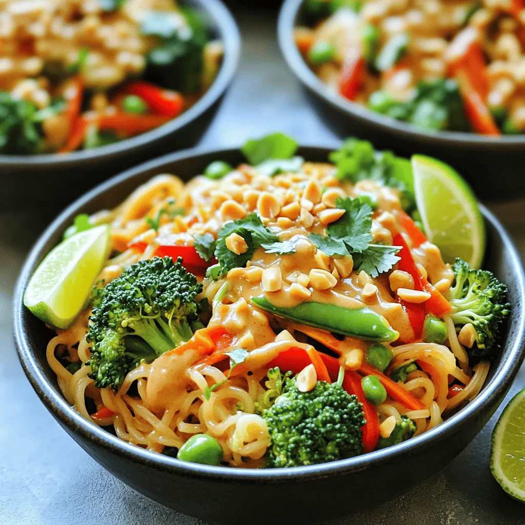 To make Thai Peanut Noodles, you need fresh and tasty ingredients. Here’s what you'll need: - 8 oz rice noodles - 1 cup broccoli florets - 1 red bell pepper, thinly sliced - 1 carrot, julienned - 1 cup snap peas, trimmed - 1/2 cup crushed peanuts (plus extra for garnish) - 3 green onions, chopped - 2 tablespoons sesame oil - 1 tablespoon rice vinegar - 1 tablespoon soy sauce (or tamari for gluten-free) - 1 tablespoon peanut butter - 1 teaspoon sriracha (or to taste) - 1 teaspoon ginger, grated - 2 cloves garlic, minced - Fresh cilantro for garnish - Lime wedges for serving This recipe is adaptable. You can make it gluten-free by using tamari instead of soy sauce. For a vegan option, just check that your peanut butter and other sauces are vegan-friendly. For brands, I suggest using San-J Tamari for gluten-free soy sauce and Skippy Natural Peanut Butter for the best flavor. These brands give a good taste without any extra stuff you don’t want. You can find most ingredients at your local grocery store, but fresh produce is best at farmer’s markets. Grab your favorite veggies to add some extra crunch and color. Now, you have everything you need to create a quick, delicious meal. If you're ready, check out the Full Recipe for more details! To cook rice noodles perfectly, start by boiling water in a large pot. Once the water is bubbling, add the noodles. Follow the package instructions, usually about 4 to 6 minutes. You want them al dente, not mushy. After cooking, drain the noodles and rinse them under cold water. This stops the cooking process and helps keep them from sticking. Toss them gently to separate. For the peanut sauce, grab a small bowl. Whisk together sesame oil, rice vinegar, soy sauce, peanut butter, sriracha, grated ginger, and minced garlic until smooth. Taste your sauce. If you prefer more heat, add a bit more sriracha. The sauce can be adjusted to match your spice level. Heat a little oil in a large skillet over medium-high heat. Add broccoli, red bell pepper, carrot, and snap peas. Sauté for about 3 to 4 minutes. You want the veggies tender but still crisp. Now it’s time to combine! Add the cooked noodles to the skillet with the veggies. Pour the peanut sauce over the noodles. Toss everything well to coat. Cook for an additional 2 to 3 minutes until it’s warm throughout. Once done, remove the skillet from heat. Stir in crushed peanuts and chopped green onions. For serving, fresh cilantro and lime wedges add a great touch. For the full recipe, check [Full Recipe]. - Overcooking noodles and vegetables: This is a big mistake. Overcooked noodles become mushy. They lose their structure and flavor. Vegetables should stay crisp and bright. Cook them just enough to be tender. - Inadequate mixing of sauce: Mixing the sauce well is key. If you don't mix it enough, some bites can be bland. Use tongs or a spoon to toss everything together. Make sure every noodle gets coated in that tasty sauce. - Suggestions for additional spices or ingredients: Want to kick up the flavor? Add some crushed red pepper or chili flakes. They give a nice heat. You can also toss in some lime juice for a fresh zing. - How to balance flavors in the dish: Balance is important. If your dish is too sweet, add a splash of soy sauce. If it’s too salty, a little sugar can help. Always taste as you go. Adjust the flavors to suit your taste. {{image_2}} You can easily change some ingredients in Thai peanut noodles. If you want to swap rice noodles, try using whole wheat noodles or zoodles (zucchini noodles). Both options give you a new taste and texture. For veggies, you can add bell peppers, bok choy, or even corn. Each veggie brings its own flavor. Experimenting with different vegetables can make this dish fun and new every time. Adding protein to your Thai peanut noodles makes them heartier. You can choose chicken, tofu, or shrimp. If using chicken, cut it into small pieces and cook for about 5-7 minutes until it's no longer pink. For tofu, use firm tofu. Cut it into cubes and pan-fry for 4-5 minutes until golden. Shrimp cooks fast. Just sauté them for 3-4 minutes until they turn pink. Mixing any of these proteins with your noodles adds great taste and nutrition. For the full recipe, check out [Full Recipe]. To keep Thai peanut noodles fresh, follow these tips. First, let the noodles cool down to room temperature. Next, place them in an airtight container. This helps prevent moisture loss. Store the container in the fridge. The noodles last for about three days when stored correctly. When reheating, use a skillet over low heat. Add a splash of water to keep them moist. Stir gently to warm evenly. You can also use a microwave. Cover the bowl with a damp paper towel to keep steam in. Heat in short bursts, stirring in between. Freezing Thai peanut noodles is easy and quick. Start by preparing the dish as usual. Allow the noodles to cool completely. Then, portion them into freezer-safe bags or containers. Make sure to remove as much air as possible. This helps avoid freezer burn. When you’re ready to eat, remove the noodles from the freezer. Thaw them overnight in the fridge. If you're in a hurry, you can use the microwave on defrost mode. Once thawed, reheat as mentioned above. For the best texture, add a splash of water while reheating. This keeps the noodles from drying out. If you want a different noodle, try these options: - Soba noodles: These are buckwheat noodles. They add a nutty flavor. - Spaghetti: Use regular or whole wheat spaghetti for a twist. - Zucchini noodles: Great for a low-carb option. They add freshness. - Udon noodles: These are thick and chewy, perfect for this dish. - Egg noodles: They add a rich taste and texture. Each of these noodles will change the feel and flavor of your dish. Yes, you can make Thai Peanut Noodles in advance! Here are some tips: - Prep the veggies: Cut and store them in the fridge. - Make the sauce: Whisk together and keep it in a jar. - Cook noodles: Cook and store them separately to avoid sticking. When ready to eat, just heat the veggies, add the noodles, and mix in the sauce. Enjoy tasty meals all week long! Pair these noodles with some tasty sides: - Spring rolls: Fresh or fried, they add a nice crunch. - Cucumber salad: Crisp and cool, it balances the dish. - Edamame: These are fun to snack on and healthy too. - Grilled chicken: A protein boost complements the noodles. - Miso soup: Light and warm, it rounds out the meal. These options will make your meal even better! If you want the full recipe, check out the Thai Peanut Noodles 🥜 section above. This recipe for Thai peanut noodles is both simple and delicious. You learned how to prepare the noodles, make the sauce, and sauté vegetables while keeping them crisp. We also covered tips to avoid common mistakes and enhance flavors. Feel free to customize the ingredients to fit your dietary needs or preferences. With proper storage, you can enjoy this dish even longer. Now, it’s time to gather your ingredients and create a meal that delights your taste buds!