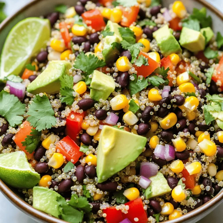 To make a tasty Southwest Quinoa Salad, gather these fresh ingredients: - 1 cup quinoa, rinsed - 2 cups vegetable broth (or water) - 1 can (15 oz) black beans, drained and rinsed - 1 cup corn kernels (fresh or frozen) - 1 red bell pepper, diced - 1 avocado, diced - 1/2 cup red onion, finely chopped - 1 bunch fresh cilantro, chopped - 1 lime, juiced - 3 tablespoons olive oil - 1 teaspoon cumin - 1 teaspoon chili powder - Salt and pepper to taste Quinoa is a star in this dish. It is a complete protein. This means it has all nine essential amino acids. Quinoa also has fiber. Fiber helps with digestion and keeps you full. Black beans add extra protein and fiber. They are rich in antioxidants too. Corn adds sweetness and crunch. It brings vitamins like B6 and folate. The red bell pepper is packed with vitamin C. This vitamin is great for skin health. Avocado gives healthy fats that are good for your heart. Cilantro adds flavor and is full of vitamins K and A. If you want to change things up, here are some ideas: - You can use brown rice or farro instead of quinoa. - Swap black beans for kidney beans or chickpeas. - Use frozen corn if fresh corn is not available. - Try different peppers like yellow or green bell peppers. - If you don’t like cilantro, parsley works well too. These swaps keep the salad fresh and fun. Each option brings its own flavor and nutrition. For the full recipe, check the previous section. To make Southwest Quinoa Salad, start with the quinoa. First, rinse 1 cup of quinoa under cold water. This step removes the bitter coating. Next, combine it with 2 cups of vegetable broth in a medium saucepan. Bring this mixture to a boil over medium-high heat. Once it boils, reduce the heat to low, cover, and let it simmer for 15 minutes. The quinoa will absorb the liquid and become fluffy. After 15 minutes, take it off the heat and let it sit covered for 5 more minutes. Fluff it with a fork and allow it to cool. For the best quinoa, use the right water ratio. One cup of quinoa needs two cups of liquid. This ensures it cooks properly. Also, let it rest after cooking. This helps it become fluffy. If you want more flavor, use vegetable broth instead of water. It adds taste and depth to your dish. In a large bowl, mix the black beans, corn, diced red bell pepper, diced avocado, red onion, and chopped cilantro. This mix creates a colorful base. In a small bowl, whisk together the lime juice, olive oil, cumin, chili powder, salt, and pepper. This dressing ties all the ingredients together. Once the quinoa cools, add it to your veggie mix. Pour the dressing over everything and gently toss. This ensures every bite is full of flavor. Taste the salad and adjust the seasoning if you need to. Now your Southwest Quinoa Salad is ready to serve! For the full recipe, check the earlier section. To make your salad pop, focus on fresh herbs. Fresh cilantro adds a bright taste. You can also try adding fresh lime juice. This brings a zesty kick that brightens every bite. For extra texture, consider adding roasted nuts or seeds. They give a nice crunch and extra nutrients. Adding spices can also boost flavors. A pinch of cumin or chili powder gives depth. You can even mix in a bit of garlic powder for a savory touch. Just remember to taste as you go. Adjust the spices to fit your liking. This salad is great on its own but shines with sides. Serve it with grilled chicken or shrimp for protein. You can also pair it with tortilla chips for a fun crunch. Another option is to enjoy it with a light soup, like tomato or vegetable. For a colorful plate, add a side of sliced avocado. This adds creaminess and a healthy fat. You can also sprinkle some feta cheese on top. It brings a nice saltiness that balances the salad. Avoid overcooking the quinoa. It should be fluffy, not mushy. After cooking, let it sit covered for five minutes. This helps it steam and become light. Make sure to rinse the quinoa before cooking. This removes bitterness and improves taste. Also, don’t skip the dressing. It ties all the flavors together. Lastly, be careful with salt. Too much can overpower the fresh flavors. Taste your salad before serving. Adjust the seasoning to your liking. For the full recipe, check out the complete guide to Southwest Quinoa Salad. {{image_2}} You can easily make this salad vegan. Simply skip any cheese or yogurt. The beans and quinoa offer great protein. You still get a hearty meal that fills you up. Use olive oil and lime juice for a tasty dressing. If you want to avoid carbs, try cauliflower rice instead of quinoa. It adds a nice crunch. For a low-sodium option, use fresh vegetables instead of canned beans. You can also swap black beans for chickpeas for a different flavor. In summer, add fresh tomatoes for juiciness. In fall, throw in roasted sweet potatoes for warmth. Winter brings great chances to add citrus fruits like oranges or grapefruits. In spring, try fresh peas or radishes for a crisp bite. You can always adjust the recipe to match what’s fresh and in season. This keeps your meals exciting and full of flavor. To keep your Southwest Quinoa Salad fresh, store it in an airtight container. Glass containers work best, as they do not absorb odors. Place the salad in the fridge right after serving. Make sure it cools first for best results. This helps maintain flavor and texture. Avoid adding the dressing until you're ready to eat. This keeps the salad crisp. When stored properly, your Southwest Quinoa Salad lasts about 3 to 5 days in the fridge. Always check for any signs of spoilage before eating. If the salad smells off or looks strange, it’s best to toss it. Remember, the fresher the salad, the better it tastes! You can freeze the Southwest Quinoa Salad, but it may change texture. To freeze, place the salad in a freezer-safe container. Leave some space at the top for expansion. It will stay good for about 1 to 2 months. When you're ready to eat, thaw it in the fridge overnight. After thawing, the salad may need a quick toss with fresh dressing for best flavor. For the full recipe, check out the [Full Recipe]. Southwest Quinoa Salad is a colorful mix packed with flavors. It has quinoa, black beans, corn, and fresh veggies. This salad is brightened with lime juice and spices. You can enjoy it as a meal or a side dish. It’s healthy and filling, making it perfect for lunch or dinner. Yes, you can make this salad ahead of time. Prepare it a day before and store it in the fridge. The flavors will blend and taste even better. Just be sure to keep the dressing separate until you are ready to eat. This keeps the salad fresh and crunchy. Yes, this salad is gluten-free. Quinoa is a great substitute for grains that contain gluten. All the other ingredients are also gluten-free. This makes it safe for those with gluten sensitivity or celiac disease. Quinoa is a superfood. It is high in protein and fiber. It also has many vitamins and minerals like magnesium and iron. Eating quinoa can help you feel full longer. The other ingredients in this salad add even more nutrients. Black beans provide protein and fiber, while veggies add vitamins. This salad supports a healthy diet and can help with digestion. Enjoying it regularly may even boost your energy levels. For the full recipe, check out the details provided above. This blog post covered the key ingredients, steps, and tips for making Southwest Quinoa Salad. You learned about nutritious ingredients, how to cook quinoa perfectly, and ways to enhance flavors. Remember to try different variations and store leftovers properly for the best experience. Southwest Quinoa Salad is not just tasty; it's also good for you. Enjoy making this dish throughout the year by adjusting the ingredients. Your kitchen adventures with this salad can be fun and healthy!