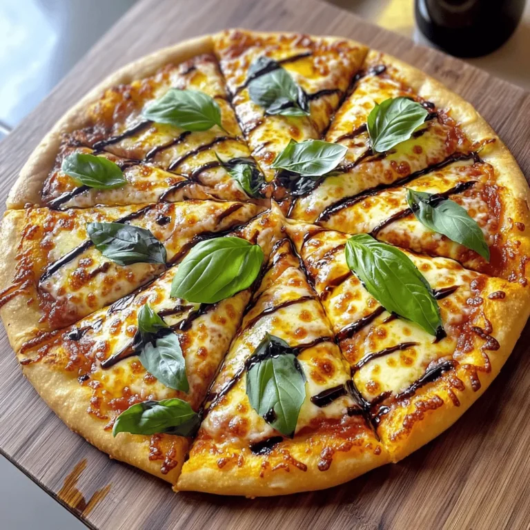 - Pre-made pizza dough - Pizza sauce options - Fresh mozzarella cheese - Fresh basil leaves - Olive oil and seasoning To make an easy Margherita pizza, you need just a few simple ingredients. Using pre-made pizza dough saves time. You can find it at any grocery store. Choose from store-bought or homemade options. For the sauce, you can use store-bought pizza sauce. You can also make your own if you have extra time. The sauce gives the pizza its base flavor. Next, fresh mozzarella cheese is key. It melts beautifully and adds creaminess. Slice it thickly to get those gooey bites. Fresh basil leaves bring vibrant flavor. They add a lovely aroma to the pizza. Try to use fresh ones for the best taste. You will also need olive oil for drizzling. It enhances the flavor and helps the crust crisp up. Finally, season your pizza with salt and freshly cracked black pepper. If you want a sweet twist, you can drizzle balsamic glaze on top after baking. This simple list of ingredients is all you need for a delicious Margherita pizza. If you're ready to dive into the cooking process, check out the Full Recipe for detailed steps! First, set your oven to 475°F (245°C). This high heat makes the crust crispy. If you have a pizza stone, place it in the oven now. The stone helps to cook the bottom evenly, giving it that perfect crunch. Next, take your pre-made pizza dough. On a floured surface, roll it out. Aim for about 12 inches in diameter. You want it thin but not too fragile. Once rolled, carefully transfer the dough to a pizza peel or a baking sheet lined with parchment paper. This will make it easier to move to the oven. Now, let’s build your pizza! Spread the pizza sauce evenly over the dough. Leave a little space at the edge for the crust. Then, place the fresh mozzarella slices on top of the sauce. Make sure to cover the sauce well. Drizzle the olive oil over the cheese. Finally, sprinkle some salt and freshly cracked black pepper for flavor. It’s time to bake! Slide your pizza onto the hot pizza stone or place the baking sheet in the oven. Bake for about 10-12 minutes. Look for a golden brown crust and bubbling cheese. When it’s done, take it out and let it cool for a minute. Scatter fresh basil leaves over the hot pizza. This adds a nice touch of flavor. If you like, drizzle some balsamic glaze for extra taste. For the full recipe, check the section above. Enjoy your delicious Margherita pizza! To get the best crust, first roll out the dough. Aim for a thickness of about 1/4 inch. If you want a thicker crust, roll it out less. For a crispier crust, use a pizza stone. Preheat the stone with your oven. The hot stone helps cook the bottom evenly. Add basil leaves right after baking. This keeps the basil fresh and bright. If you want to try something special, drizzle balsamic glaze on top. It adds a nice sweet touch that pairs well with the cheese. Avoid overloading your pizza with too many toppings. This can make the crust soggy. Also, always preheat your oven. A hot oven cooks the pizza better and faster, giving you that perfect golden crust. {{image_2}} You can change up your Margherita pizza by adding some fun toppings. Try fresh vegetables like sliced tomatoes or peppery arugula. These add color and taste. You can also use meat toppings like prosciutto or spicy sausage. This adds a savory kick to your pizza. If you need a gluten-free option, choose a good gluten-free pizza dough. Brands like Bob's Red Mill or Caulipower work well. You can also make your own using almond flour or chickpea flour. When cooking gluten-free, keep an eye on the crust. It may bake faster than regular dough. For a vegan twist, swap regular cheese with cashew cheese or a store-bought vegan cheese. Nutritional yeast can add a cheesy flavor too. You can also use a plant-based sauce, like a fresh tomato sauce or a basil pesto without cheese. This keeps all the great flavors while making it vegan-friendly. For the full recipe, don’t forget to check the Easy Margherita Pizza section! To keep your leftover Margherita pizza fresh, store it in an airtight container. Make sure the pizza has cooled before you seal it up. This helps prevent sogginess. You can also wrap it tightly in plastic wrap or foil. Your pizza will stay good in the fridge for 3 to 4 days. When it’s time to enjoy your leftovers, reheating matters. For the best texture, use a skillet. Heat it on medium. Place the pizza in the skillet and cover it with a lid. This warms the crust while melting the cheese perfectly. If you’re in a hurry, the microwave works, but it can make the crust chewy. Place a cup of water in the microwave with the pizza. This helps keep the crust from getting too dry. For more tips and recipes, check the full recipe for Easy Margherita Pizza. You can bake Margherita pizza on a regular baking sheet. Just use parchment paper to prevent sticking. Preheat your oven to the same high temperature. If you want a crispier crust, place the baking sheet in the oven for a few minutes before adding the pizza. This way, the dough starts cooking quickly. Fresh mozzarella is the best choice for Margherita pizza. It melts nicely and has a soft texture. You can also use burrata for a creamier bite. If you want a sharper taste, try adding a little grated Parmesan. Mixing different cheeses can create great flavor and texture. Yes, homemade pizza sauce is a great option! To make your sauce, blend canned tomatoes with garlic, olive oil, and fresh basil. Adjust the seasoning with salt and pepper to taste. Let it simmer for a bit to deepen the flavors. Using homemade sauce can make your pizza even more special. You can freeze Margherita pizza both before and after baking. If you freeze it before baking, assemble the pizza but do not cook it. Wrap it tightly in plastic wrap and foil. For after baking, let the pizza cool, then slice and freeze in an airtight container. This helps keep the flavors fresh. When ready to eat, simply bake it straight from the freezer. Making a delicious Margherita pizza at home is easy. We covered the key ingredients, from dough to fresh basil. I shared step-by-step instructions for preheating your oven and assembling the pizza. Helpful tips will make your crust perfect. Consider the variations to customize your pizza. Store leftovers right and reheat them well. Now, grab some ingredients and enjoy your homemade pizza. It's simpler than you think!