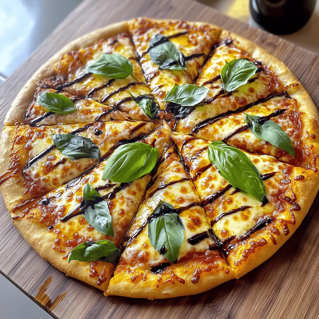 - Pre-made pizza dough - Pizza sauce options - Fresh mozzarella cheese - Fresh basil leaves - Olive oil and seasoning To make an easy Margherita pizza, you need just a few simple ingredients. Using pre-made pizza dough saves time. You can find it at any grocery store. Choose from store-bought or homemade options. For the sauce, you can use store-bought pizza sauce. You can also make your own if you have extra time. The sauce gives the pizza its base flavor. Next, fresh mozzarella cheese is key. It melts beautifully and adds creaminess. Slice it thickly to get those gooey bites. Fresh basil leaves bring vibrant flavor. They add a lovely aroma to the pizza. Try to use fresh ones for the best taste. You will also need olive oil for drizzling. It enhances the flavor and helps the crust crisp up. Finally, season your pizza with salt and freshly cracked black pepper. If you want a sweet twist, you can drizzle balsamic glaze on top after baking. This simple list of ingredients is all you need for a delicious Margherita pizza. If you're ready to dive into the cooking process, check out the Full Recipe for detailed steps! First, set your oven to 475°F (245°C). This high heat makes the crust crispy. If you have a pizza stone, place it in the oven now. The stone helps to cook the bottom evenly, giving it that perfect crunch. Next, take your pre-made pizza dough. On a floured surface, roll it out. Aim for about 12 inches in diameter. You want it thin but not too fragile. Once rolled, carefully transfer the dough to a pizza peel or a baking sheet lined with parchment paper. This will make it easier to move to the oven. Now, let’s build your pizza! Spread the pizza sauce evenly over the dough. Leave a little space at the edge for the crust. Then, place the fresh mozzarella slices on top of the sauce. Make sure to cover the sauce well. Drizzle the olive oil over the cheese. Finally, sprinkle some salt and freshly cracked black pepper for flavor. It’s time to bake! Slide your pizza onto the hot pizza stone or place the baking sheet in the oven. Bake for about 10-12 minutes. Look for a golden brown crust and bubbling cheese. When it’s done, take it out and let it cool for a minute. Scatter fresh basil leaves over the hot pizza. This adds a nice touch of flavor. If you like, drizzle some balsamic glaze for extra taste. For the full recipe, check the section above. Enjoy your delicious Margherita pizza! To get the best crust, first roll out the dough. Aim for a thickness of about 1/4 inch. If you want a thicker crust, roll it out less. For a crispier crust, use a pizza stone. Preheat the stone with your oven. The hot stone helps cook the bottom evenly. Add basil leaves right after baking. This keeps the basil fresh and bright. If you want to try something special, drizzle balsamic glaze on top. It adds a nice sweet touch that pairs well with the cheese. Avoid overloading your pizza with too many toppings. This can make the crust soggy. Also, always preheat your oven. A hot oven cooks the pizza better and faster, giving you that perfect golden crust. {{image_2}} You can change up your Margherita pizza by adding some fun toppings. Try fresh vegetables like sliced tomatoes or peppery arugula. These add color and taste. You can also use meat toppings like prosciutto or spicy sausage. This adds a savory kick to your pizza. If you need a gluten-free option, choose a good gluten-free pizza dough. Brands like Bob's Red Mill or Caulipower work well. You can also make your own using almond flour or chickpea flour. When cooking gluten-free, keep an eye on the crust. It may bake faster than regular dough. For a vegan twist, swap regular cheese with cashew cheese or a store-bought vegan cheese. Nutritional yeast can add a cheesy flavor too. You can also use a plant-based sauce, like a fresh tomato sauce or a basil pesto without cheese. This keeps all the great flavors while making it vegan-friendly. For the full recipe, don’t forget to check the Easy Margherita Pizza section! To keep your leftover Margherita pizza fresh, store it in an airtight container. Make sure the pizza has cooled before you seal it up. This helps prevent sogginess. You can also wrap it tightly in plastic wrap or foil. Your pizza will stay good in the fridge for 3 to 4 days. When it’s time to enjoy your leftovers, reheating matters. For the best texture, use a skillet. Heat it on medium. Place the pizza in the skillet and cover it with a lid. This warms the crust while melting the cheese perfectly. If you’re in a hurry, the microwave works, but it can make the crust chewy. Place a cup of water in the microwave with the pizza. This helps keep the crust from getting too dry. For more tips and recipes, check the full recipe for Easy Margherita Pizza. You can bake Margherita pizza on a regular baking sheet. Just use parchment paper to prevent sticking. Preheat your oven to the same high temperature. If you want a crispier crust, place the baking sheet in the oven for a few minutes before adding the pizza. This way, the dough starts cooking quickly. Fresh mozzarella is the best choice for Margherita pizza. It melts nicely and has a soft texture. You can also use burrata for a creamier bite. If you want a sharper taste, try adding a little grated Parmesan. Mixing different cheeses can create great flavor and texture. Yes, homemade pizza sauce is a great option! To make your sauce, blend canned tomatoes with garlic, olive oil, and fresh basil. Adjust the seasoning with salt and pepper to taste. Let it simmer for a bit to deepen the flavors. Using homemade sauce can make your pizza even more special. You can freeze Margherita pizza both before and after baking. If you freeze it before baking, assemble the pizza but do not cook it. Wrap it tightly in plastic wrap and foil. For after baking, let the pizza cool, then slice and freeze in an airtight container. This helps keep the flavors fresh. When ready to eat, simply bake it straight from the freezer. Making a delicious Margherita pizza at home is easy. We covered the key ingredients, from dough to fresh basil. I shared step-by-step instructions for preheating your oven and assembling the pizza. Helpful tips will make your crust perfect. Consider the variations to customize your pizza. Store leftovers right and reheat them well. Now, grab some ingredients and enjoy your homemade pizza. It's simpler than you think!