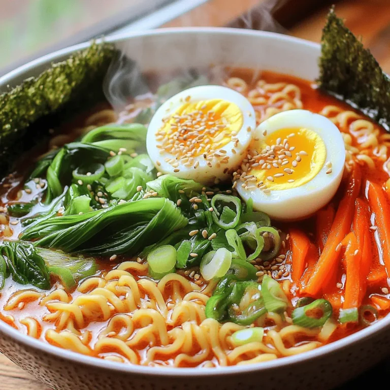 - 1 package of instant ramen noodles (discard the seasoning packet) - 2 tablespoons chili paste (adjust based on spice preference) - 1 tablespoon sesame oil - 3 cups vegetable broth To start, the basic ingredients give your ramen its spicy flavor. The instant ramen noodles are quick and easy. I love using chili paste for heat. Sesame oil adds a rich, nutty taste. Vegetable broth enhances the overall flavor. - 1 cup bok choy, chopped - 1 carrot, julienned - 1 scallion, chopped Fresh vegetables bring color and texture to the dish. Bok choy adds crunch and a mild flavor. Carrots give a sweet touch that balances the spice. Scallions add a fresh bite. These veggies make the dish not just tasty but also nutritious. - 1 large egg - 1 tablespoon soy sauce - 1 teaspoon ginger, grated - Toppings: sesame seeds, nori sheets, sliced chili peppers Toppings make your ramen special. A soft-boiled egg adds creaminess. Soy sauce gives depth to the broth. Ginger brings warmth and spice. Sesame seeds and nori sheets add extra flavor. Sliced chili peppers let you control the heat. You can find the Full Recipe for more details on how to combine these ingredients into a savory bowl of spicy ramen noodles. Start by heating sesame oil in a pot over medium heat. Add grated ginger and sauté it for about one minute. This will make your kitchen smell amazing! Next, pour in three cups of vegetable broth. Bring it to a gentle simmer. Stir in two tablespoons of chili paste and one tablespoon of soy sauce. Mix everything well. This broth is the heart of your spicy ramen. Now, add one cup of chopped bok choy and one julienned carrot to the broth. Cook them for about three to four minutes. You want them tender but still crispy. The bright colors will make your dish pop. The veggies add freshness to your spicy ramen. While the broth simmers, take a separate pot and bring water to a boil. Gently place one large egg into the water. Boil for six to seven minutes. This timing will give you a perfect soft-boiled egg. After boiling, transfer the egg to an ice bath to stop the cooking. Once cool, peel the egg and set it aside. Once your broth and veggies are ready, it’s time for the noodles. Add the instant ramen noodles to the pot. Cook them according to the package instructions, usually about three minutes. They will soak up that spicy broth, making them delicious. Make sure to stir gently so they don’t stick together. Now for the fun part! Ladle the soup, noodles, and veggies into bowls. Slice the soft-boiled egg in half and place it on top of the ramen. Garnish with chopped scallions, sesame seeds, and sliced chili peppers. If you want, add nori sheets for extra flair. Your spicy ramen noodles are now ready to enjoy! For the full recipe, check the earlier section. To make your spicy ramen just right, adjust the chili paste. Start with 2 tablespoons for a good kick. If you want it milder, use less. You can also add more if you love heat. Taste as you go. This way, you'll find the perfect balance that suits your taste. For a soft-boiled egg, boil it for 6-7 minutes. This time gives you a nice, runny yolk. After boiling, cool the egg in an ice bath. This stops the cooking quickly and makes peeling easier. When ready, cut the egg in half and place it on top of your ramen. It adds a rich flavor. You can boost the flavor of your spicy ramen with extra ingredients. Consider adding sliced mushrooms or baby corn for more texture. A splash of lime juice can brighten the dish. Fresh herbs like cilantro or basil add a nice touch. Try different toppings like grilled chicken or tofu. These changes can make each bowl unique. For the full recipe, refer to the [Full Recipe]. {{image_2}} You can make spicy ramen vegan by using plant-based proteins. Try adding tofu or tempeh for a protein boost. You can also use chickpeas or lentils. These options keep the dish hearty and full of flavor. For broth, stick with vegetable broth. You can still enjoy the same spicy taste without any meat. If you love heat, go for extra spice! You can add more chili paste for a fiery kick. Hot chili oils also work great. Just drizzle some on top before serving. You can even add fresh sliced chili peppers for more heat. Adjust the spice to match your taste! Want a creamier ramen? Try adding coconut milk or peanut butter. Coconut milk makes it rich and smooth. Just stir it into the broth. Peanut butter gives a nutty flavor. Mix a spoonful in with the broth for a unique twist. Both options create a delicious, creamy texture that changes the whole dish. For the full recipe, check out the complete guide to making spicy ramen noodles. Store leftover spicy ramen noodles in an airtight container. Keep the noodles and broth separate. This way, the noodles stay firm and do not get mushy. Refrigerate both for up to three days. When you reheat the soup, add a splash of water to the broth. This helps to keep the noodles from drying out. Warm the broth on the stove over medium heat. Stir gently to mix flavors. If you use a microwave, heat in short bursts. Check often to avoid overheating. You can freeze the broth and noodles, but not together. Use freezer-safe containers. Pour the cooled broth into one container. Place the noodles in another. They can last up to three months in the freezer. When ready to eat, thaw the broth overnight in the fridge. Cook the noodles fresh for the best texture. Enjoy your spicy ramen noodles again! For more on this dish, check the Full Recipe. To make spicy ramen noodles healthier, you can reduce sodium and add more greens. Here are some tips: - Use low-sodium vegetable broth instead of regular broth. - Skip the seasoning packet that comes with instant ramen. - Add more vegetables, like spinach or kale, to boost nutrients. - Choose whole grain or rice noodles for more fiber. - Limit the amount of chili paste you use to control spice and sodium. These changes keep the dish tasty while making it better for you. Yes, you can substitute instant ramen with other noodle types. Here are some options: - Soba noodles: These buckwheat noodles have a nice nutty flavor. - Udon noodles: Thick and chewy, they hold broth well. - Rice noodles: Perfect for a gluten-free option. - Zucchini noodles: A great low-carb alternative. Each type brings its own texture and taste, so feel free to experiment. Many restaurants serve amazing spicy ramen. Here are some popular spots: - Ippudo: Known for its rich broth and bold flavors. - Santouka: Famous for its creamy tonkotsu ramen. - Ramen Tatsu-Ya: Offers a variety of spicy options and unique toppings. - Jinya Ramen Bar: Great for customizing spice levels and toppings. These places often have loyal fans for a reason. Check them out if you can! Yes, you can make spicy ramen milder for kids. Here are some techniques: - Use less chili paste or a milder version. - Add coconut milk to the broth for a creamy texture. - Serve the ramen with plain noodles on the side. - Offer extra toppings like cheese or avocado to balance the heat. These steps help create a kid-friendly dish while keeping it delicious. For the full recipe, check the section above! In summary, you’ve learned how to create a delicious spicy ramen noodle dish. We covered essential ingredients, like instant ramen, broth, and fresh veggies. We then walked through each cooking step, from preparing the broth to final assembly. You also found tips to tweak flavors and enjoy variations, such as vegan options or creamy twists. Now, it’s time to get creative in your kitchen. Enjoy your ramen adventure and impress your friends!