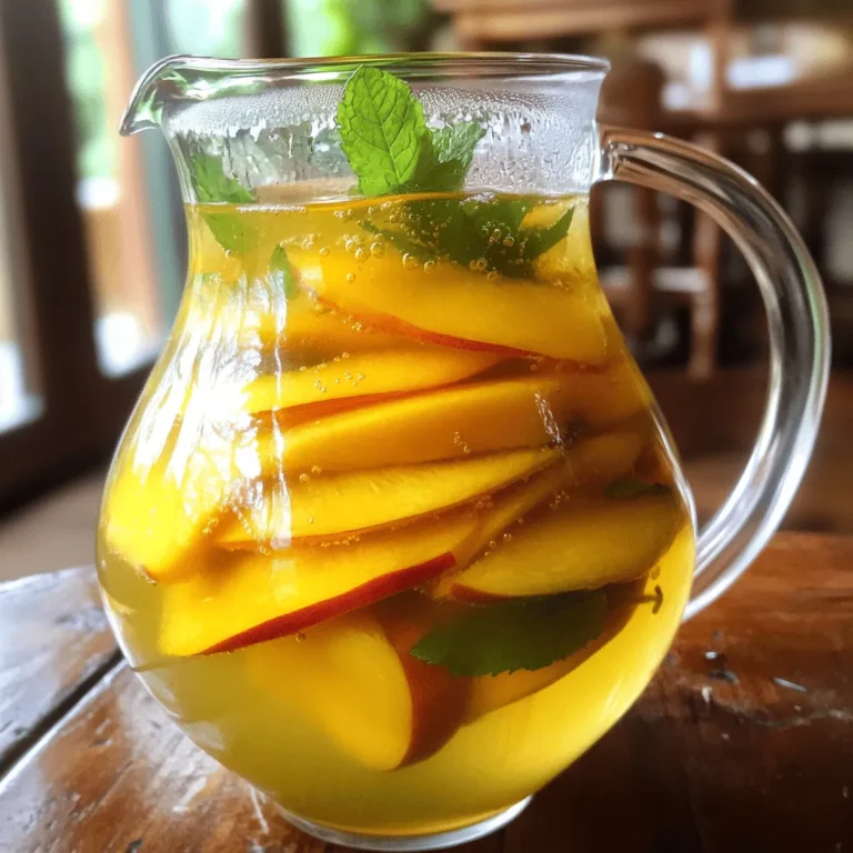 To make Ginger Peach Green Tea, you need a few key ingredients. Here's what you will need: - 2 cups water - 1 tablespoon freshly grated ginger - 2 ripe peaches, sliced - 2 teaspoons green tea leaves or 2 green tea bags - 1-2 tablespoons honey (adjust to taste) These ingredients work together for a bright and refreshing drink. The ginger adds a warm bite, while the peaches bring sweetness. The green tea provides a smooth base that ties everything together. You can change the flavor of your tea with some optional ingredients. Here are a few ideas: - A squeeze of lemon juice for a zesty kick - A dash of cinnamon for warmth - Fresh mint leaves for a cool finish These additions can make your tea unique and add more layers of flavor. Feel free to mix and match based on your mood or what you have at home. To brew this delicious tea, you need some basic kitchen tools: - A medium saucepan - A fine mesh strainer - A large pitcher - A stirring spoon These items help you brew, strain, and serve your tea with ease. Having the right tools makes the process smoother and more enjoyable. For the full recipe, check out the sections that guide you step by step! To make Ginger Peach Green Tea, start by boiling water. Use 2 cups of water in a medium saucepan. Heat it on medium until it boils gently. Once boiling, add 1 tablespoon of freshly grated ginger and 2 ripe peaches, sliced. Let this simmer for about 5 minutes. This step helps the ginger and peaches release their flavors into the water. After 5 minutes, take the saucepan off the heat. Now, add 2 teaspoons of green tea leaves or 2 green tea bags. Let it steep for 3 to 5 minutes. The longer you steep, the stronger the tea will taste. When the tea is ready, it’s time to strain it. Use a fine mesh strainer to pour the tea into a large pitcher. Press down on the peaches and ginger to get every bit of flavor out. After straining, it’s time to sweeten your tea. While the tea is still warm, add 1 to 2 tablespoons of honey. Stir until the honey fully dissolves. This step ensures that the sweetness blends well with the tea. Once sweetened, chill the tea in the fridge for at least 30 minutes. This cooling time will make your tea refreshing. Serve the Ginger Peach Green Tea over ice. You can also add fresh mint leaves as a garnish for a nice touch. This brew is perfect for warm days or any time you want something light and tasty. For the full recipe, check the earlier section. Enjoy your delicious tea! To brew green tea well, use water that is not boiling. Aim for water at about 175°F (80°C). This keeps the tea from tasting bitter. Use fresh green tea leaves or good quality tea bags. Both will work, but loose leaves often give better flavor. Steep the tea for 3 to 5 minutes. If you steep it too long, it may taste harsh. To make your Ginger Peach Green Tea even better, try adding a pinch of cinnamon. It adds warmth and spice. You can also mix in some lemon juice for a tangy kick. If you love sweetness, adjust the honey to your taste. Fresh mint leaves work great as a garnish. They add a nice pop of color and flavor. One mistake is using boiling water for green tea. This can make it bitter. Another is steeping the tea for too long. Keep an eye on the time. Don't forget to strain out the ginger and peach pieces. This keeps your drink smooth. Also, avoid skipping the honey. It helps balance the flavors. Following these tips will make your Ginger Peach Green Tea taste amazing. For the full recipe, check the section above. {{image_2}} To make a cool version, start with the same full recipe. After brewing, let the tea cool. Pour it over ice to chill. You can add a slice of peach or lemon for extra flair. If you like it sweeter, add more honey. This iced tea is perfect for hot days. You can mix in other fruits to change the flavor. Try adding berries, like raspberries or strawberries. Slice up some oranges for a citrus twist. You can even add a splash of pineapple juice. Just remember to adjust the honey based on the fruit's sweetness. If you want a caffeine-free drink, use herbal teas instead of green tea. Rooibos or chamomile work great. The ginger still adds a nice kick, while the peaches keep it fruity. This option is perfect for evening sipping or for kids. If you have leftover ginger peach green tea, store it in a clean pitcher. Use a lid to keep dust and odors out. Put it in the fridge right away. This helps keep the tea fresh and cool. To keep the flavor strong, avoid adding ice directly to the tea. Ice can water down the taste. Instead, chill the tea first. If you want it cold, pour it over ice just before serving. This method keeps the flavor rich and vibrant. Brewed ginger peach green tea lasts about 3 to 5 days in the fridge. After that, it may lose flavor and freshness. Always check for any off smells or changes in color before drinking. For best taste, enjoy your tea within a few days. If you want a detailed recipe, check out the Full Recipe for more tips. Ginger Peach Green Tea is full of good things. Ginger helps with digestion and can ease nausea. Peaches are rich in vitamins A and C, which boost your immune system. Green tea has antioxidants. These help protect your cells from damage. The blend can also keep you hydrated, which is great for overall health. Yes, you can use fresh ginger! Fresh ginger gives a strong, bright flavor. You will need a little more fresh ginger than dried ginger. Use one tablespoon of freshly grated ginger for each teaspoon of dried ginger. This change makes your tea taste fresh and lively. You can find Ginger Peach Green Tea at many grocery stores. Look in the tea aisle or specialty tea shops. Online stores also offer many brands. Some local markets may sell unique blends. Always check the label for quality and flavor. You can change the sweetness easily. Start with one tablespoon of honey. Taste the tea and add more if needed. If you prefer, try other sweeteners like agave nectar or maple syrup. You can also skip the sweetener if you want a more natural taste. Absolutely! Ginger Peach Green Tea is perfect as an iced tea. Just chill it in the fridge after brewing. Serve it over ice for a refreshing drink. Add fresh mint leaves to make it more exciting. To make this delightful tea, gather these ingredients: - 2 cups water - 1 tablespoon freshly grated ginger - 2 ripe peaches, sliced - 2 teaspoons green tea leaves or 2 green tea bags - 1-2 tablespoons honey (adjust to taste) - Fresh mint leaves for garnish (optional) Follow the Full Recipe to brew this tasty drink. Enjoy every sip! You learned how to make delicious Ginger Peach Green Tea. We covered the key ingredients, equipment, and step-by-step brewing. I shared tips to ensure great flavor and avoid common mistakes. You can customize your tea in many ways, like making it iced or adding fruits. Store leftovers properly for the best taste. Enjoy the health benefits and vibrant flavors this tea offers. With these simple steps, you can savor this refreshing drink whenever you want. Dive in and experiment with your own twist on this delightful beverage!