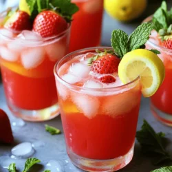 - 1 cup fresh strawberries, hulled and sliced - 1/4 cup rose syrup (store-bought or homemade) - 1/2 cup freshly squeezed lemon juice (about 4 lemons) - 4 cups cold water - 1/4 cup honey or agave syrup (adjust based on sweetness preference) - Fresh mint leaves for garnish - Ice cubes Each ingredient in strawberry rose lemonade brings unique benefits. Fresh strawberries provide vitamins and antioxidants. They are low in calories and high in fiber, making them a healthy choice. Lemon juice adds vitamin C, which boosts your immune system. It also adds a bright, tangy flavor. Rose syrup brings a lovely aroma and flavor, providing calming effects. Honey or agave syrup adds natural sweetness and can soothe a sore throat. Mint leaves not only add a fresh taste but also aid digestion. Together, these ingredients create a drink that is both tasty and good for you. You can easily swap ingredients for your needs. If you don’t have fresh strawberries, use frozen ones. They work well in the puree. For the rose syrup, you can use flavored simple syrup. This will change the taste but keep it sweet. Instead of honey or agave, use maple syrup for a different flavor. If you want a sugar-free version, try a sugar substitute like stevia. You can also add other herbs, like basil or lavender, for a unique twist. This drink is flexible, so you can make it your own. For the full recipe, follow the instructions provided above. Making Strawberry Rose Lemonade is simple and fun. You will need fresh ingredients and a blender. Gather your items before you start. This drink takes about 10 minutes to prep and 30 minutes to chill. The total time is just 40 minutes, and it serves 4 to 6 people. First, take 1 cup of fresh strawberries. Hull and slice them. Next, put the strawberries in a blender with 1/4 cup of rose syrup. Blend until the mix is smooth. If you want a finer drink, you can strain the puree. This step is not necessary, but it helps to remove seeds. Now, you will mix the lemonade. Grab a large pitcher and pour in 1/2 cup of freshly squeezed lemon juice. Add 4 cups of cold water to the pitcher. Then, mix in 1/4 cup of honey or agave syrup. Stir it well so everything blends nicely. Add the strawberry puree to this mixture. Stir until fully mixed. If you want it sweeter, add more honey or agave. To finish, chill the mix in the fridge for at least 30 minutes. This time lets the flavors come together. When you serve, fill glasses with ice cubes. Pour the Strawberry Rose Lemonade over the ice. Garnish with fresh mint leaves. You can also add a slice of lemon for a pretty touch. Enjoy your refreshing drink! For a complete guide, check the Full Recipe. When sweetening your strawberry rose lemonade, you have great options. Honey adds a floral note, while agave syrup blends well. You can also use simple syrup or even stevia for a low-calorie choice. Each sweetener gives a different taste. Start with less and add more if needed. This lets you find your perfect level of sweetness. Balancing flavors is key to a great drink. The tartness of lemons needs a sweet touch. The rose syrup brings floral notes that brighten the drink. Taste as you mix. If it's too tart, add more sweetener. If it’s too sweet, a splash of lemon juice can help. Adjust until the flavor is just right for you. How you serve your drink makes a big impact. Use clear glasses to show off the pretty pink color. Add ice cubes for a refreshing chill. Garnish with mint leaves for a pop of green. You can also place whole strawberries on top for a nice touch. A lemon slice on the rim adds style. These little details make your lemonade stand out. For the full recipe, check the earlier section. {{image_2}} Herbs can boost the taste of your Strawberry Rose Lemonade. Mint is a classic choice. It adds a cool note that pairs well with the strawberry and rose flavors. You can muddle fresh mint leaves in the pitcher before adding the liquids. This releases more mint flavor into your drink. Basil is another option. It gives a unique twist. Just be careful not to add too much, as its flavor can be strong. You can easily turn this drink into a fun cocktail. Adding a splash of vodka or gin can make it lively. Use about 1 to 2 ounces per glass, depending on your taste. If you prefer a bubbly drink, add sparkling wine or prosecco. This adds fizz and makes the drink feel festive. Remember to adjust the sweetness to balance the alcohol flavors. Feel free to mix in other fruits for a fresh twist. In summer, try adding peaches or watermelon for a juicy touch. In fall, use apples or pears to bring a cozy vibe. You can blend these fruits with strawberries for a unique puree. Just keep the rose syrup and lemon juice the same for balance. This way, you can enjoy different flavors all year round! For the full recipe, check out the section on Ingredients. Store any leftover strawberry rose lemonade in a sealed container. Keep it in the fridge for freshness. Use it within three days for the best taste. If you see any changes in color or smell, it’s best to discard it. To freeze strawberry puree, pour it into ice cube trays. Once frozen, transfer the cubes to a freezer bag. This method helps you use the puree later while keeping the flavor fresh. You can thaw it in the fridge overnight before using it again. Prepared strawberry rose lemonade stays good in the fridge for up to three days. After that, the flavors may start to fade. If you notice separation, just stir it well before serving. Always check for freshness before enjoying! Strawberry rose lemonade is a sweet and tangy drink. It combines fresh strawberries, lemon juice, and rose syrup. The flavors blend well to create a refreshing taste. This drink has a lovely pink color, making it fun to serve. It’s perfect for warm days or special events. You can find the full recipe above. Yes, you can make this drink in advance. Prepare the strawberry rose lemonade and chill it in the fridge. It tastes even better after resting for a while. Just make sure to stir it well before serving. This drink stays fresh for up to two days. If you make it early, add ice just before serving. Strawberry rose lemonade has many health benefits. Strawberries are rich in vitamins and antioxidants. They help support your immune system and skin health. Lemons provide vitamin C, which boosts your health too. Rose syrup can help improve mood and digestion. This drink is a tasty way to enjoy these benefits while staying hydrated. This blog post covered how to make delicious Strawberry Rose Lemonade. We explored the right ingredients to use and their benefits. You learned step-by-step how to prepare, blend, and mix the drink. I shared tips on sweeteners, flavor balance, and presentation. We also discussed fun variations and how to store the drink. Strawberry Rose Lemonade is refreshing and easy to customize. Enjoy making your own unique version!