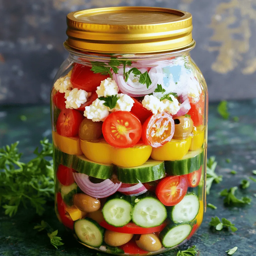 To make a Mason Jar Greek Salad, you'll need the following ingredients: - 1 cup cherry tomatoes, halved - 1 cucumber, diced - 1 red bell pepper, diced - 1/2 red onion, thinly sliced - 1 cup Kalamata olives, pitted and halved - 1 cup feta cheese, crumbled - 1/4 cup extra-virgin olive oil - 2 tablespoons red wine vinegar - 1 teaspoon dried oregano - Salt and pepper to taste - Fresh parsley for garnish You can substitute cherry tomatoes with grape tomatoes if needed. For the olives, you can use green olives. If you prefer a lower-fat option, try using reduced-fat feta cheese. - Cherry Tomatoes: These are rich in vitamins C and K. They help boost your immune system and improve skin health. - Cucumbers: Hydrating and low in calories, cucumbers offer fiber and vitamin K. - Red Bell Peppers: Full of antioxidants, they are great for eye health and skin. - Kalamata Olives: They provide healthy fats and are high in vitamin E, which is good for your heart. - Feta Cheese: This cheese has protein and calcium, which are vital for bones and muscles. - Extra-Virgin Olive Oil: A source of healthy monounsaturated fats, it supports heart health and lowers inflammation. This Mason Jar Greek Salad is not just tasty; it’s also a nutritious choice for any meal. Enjoy this fresh combination of colors and flavors with the Full Recipe! To start, I prepare all my veggies and cheese. First, I dice the cucumber, red bell pepper, and red onion. Next, I slice the cherry tomatoes in half and pit the Kalamata olives. Then, I crumble the feta cheese into small pieces. These steps help ensure each bite is packed with flavor. Now, I whisk the dressing. In a small bowl, I mix together the extra-virgin olive oil, red wine vinegar, dried oregano, salt, and pepper. This simple dressing brightens the entire salad. Layering is key to keeping the ingredients fresh. I begin by adding the dressing to the bottom of the Mason jar. Next, I add the diced cucumbers. After that, I layer in the cherry tomatoes, followed by the red bell pepper and sliced red onion. Then, I add the Kalamata olives. Finally, I sprinkle the crumbled feta cheese on top. Here are some tips to keep your salad fresh: - Always place the dressing at the bottom to avoid soggy veggies. - Use firmer vegetables like cucumbers first. They help keep the softer ingredients safe. - Pack the jar tightly to minimize air gaps. This helps preserve freshness. When it’s time to serve, just shake the jar. The dressing mixes in and coats all the ingredients. Enjoy this fresh, tasty meal! For the full recipe, check out the complete details above. How do you choose the freshest ingredients? Start by picking vibrant, firm vegetables. Look for tomatoes that shine and cucumbers that feel crisp. For bell peppers, choose ones with smooth skin and bright color. When it comes to olives, opt for Kalamata for that rich, briny taste. Feta cheese should be crumbly and creamy. Fresh herbs like parsley add a pop of flavor. For dicing and slicing, use a sharp knife. This makes it easy to cut through firm vegetables. Aim for even pieces to make your salad look nice. Cut cucumbers into small cubes and dice the bell pepper into similar sizes. Thinly slice the red onion for a mild taste. Halving the cherry tomatoes keeps their juices inside. This makes every bite juicy and fresh. What can you pair with your Mason Jar Greek Salad? This salad works great with grilled chicken or shrimp. You can serve it with pita bread and hummus for a tasty combo. It also goes well with a bowl of warm soup. How do you make it a complete meal? Add protein like chickpeas, grilled chicken, or quinoa. These options boost nutrition and keep you full. You can also sprinkle nuts or seeds on top for extra crunch. Enjoy this healthy meal on a picnic, lunch break, or dinner at home! Check out the Full Recipe for step-by-step instructions to make this salad at home. {{image_2}} You can easily make this salad fit your needs. For a vegetarian option, skip the feta cheese. You can use a plant-based cheese or avocado instead. Both give a creamy feel. If you want it vegan, just leave out any cheese. For dressings, I love a lemon vinaigrette. It brightens the salad. You can also try a balsamic glaze for a sweet touch. Each dressing adds a unique twist to the flavors. To make your salad even better, add some chickpeas. They give protein and texture. You can also toss in some artichoke hearts or sun-dried tomatoes for a burst of flavor. Don’t forget about seasonal changes! In summer, fresh corn adds sweetness. In fall, roasted squash brings warmth. Each season offers a chance to mix things up and keep it fresh. For the full recipe, check the section above. To keep your Mason Jar Greek Salad fresh, store it in the fridge. Use a clean, dry mason jar with a tight lid. Always layer the salad correctly. Start with the dressing on the bottom. Then add sturdy veggies like cucumbers and bell peppers. This keeps them from getting soggy. Place softer items, like feta cheese, at the top. Seal the jar tightly to lock in freshness. A properly stored Mason Jar Greek Salad can last up to five days in the fridge. It’s best to eat it within three days for optimal taste. Watch for signs of spoilage. If you see any mold or an off smell, throw it away. If the veggies look slimy or discolored, it’s time to discard the salad. Keeping an eye on these signs helps you enjoy your salad at its best. For the full recipe, check the section above. How long can I keep a Mason Jar Greek Salad? You can keep a Mason Jar Greek Salad in the fridge for up to five days. The layers help keep it fresh. Store it tightly sealed to prevent air from getting in. Can I prepare it in advance? Yes, you can prepare it in advance! This salad is perfect for meal prep. Just layer the ingredients as described. It will taste even better after the flavors mingle. What to do if ingredients get soggy? If your salad gets soggy, try to layer the ingredients better next time. Keep wet ingredients, like tomatoes, away from the dressing. You can also add them closer to the top. How to fix over-seasoning or flavor issues? To fix over-seasoning, add more fresh veggies to balance the taste. You can also mix in some yogurt or sour cream for creaminess. Taste as you go to avoid this issue next time. In this blog post, we explored how to make a tasty Mason Jar Greek Salad. We discussed the best ingredients, with details on their nutrition. You learned the step-by-step preparation and layering methods for a tasty result. I shared tips on choosing fresh veggies and serving ideas. Plus, you discovered variations and proper storage techniques. Overall, this salad is flexible and fun. Enjoy mixing it up to fit your taste. Fresh flavors await you in every bite!