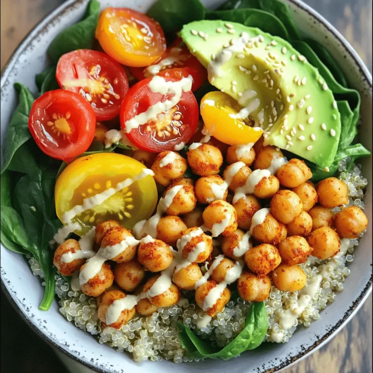 - 1 can (15 oz) chickpeas, drained and rinsed - 2 tablespoons olive oil - 1 teaspoon smoked paprika - 1 teaspoon garlic powder - 1 teaspoon cumin - Salt and pepper to taste - 1 cup quinoa, rinsed - 2 cups vegetable broth (or water) - 1 cup cherry tomatoes, halved - 1 avocado, sliced - 2 cups fresh spinach - 1/4 cup tahini - 2 tablespoons lemon juice - 1 tablespoon maple syrup (optional) - Sesame seeds for garnish This bowl is not only tasty but also healthy! A serving has around 450 calories. It packs about 15 grams of protein, thanks to the chickpeas and quinoa. You also get healthy fats from the avocado and tahini. Plus, it is rich in fiber, vitamins, and minerals, making it a balanced meal. If you don't have chickpeas, you can use black beans or lentils. Quinoa can be swapped for brown rice or farro. For the tahini, you can use almond butter or cashew cream. If you want a nut-free option, skip the tahini and drizzle with olive oil instead. Start by preheating your oven to 400°F (200°C). This step helps the chickpeas get nice and crispy. In a large mixing bowl, combine the drained chickpeas with olive oil, smoked paprika, garlic powder, cumin, salt, and pepper. Make sure the chickpeas are well coated. This mix gives them great flavor. Spread the seasoned chickpeas on a baking sheet in a single layer. Roast them in the oven for 25 to 30 minutes. Shake the pan halfway through to ensure they roast evenly. Keep an eye on them; you want them crispy and golden. While the chickpeas roast, it’s time to cook the quinoa. In a medium saucepan, bring 2 cups of vegetable broth to a boil. Using broth adds flavor to the quinoa. Once boiling, add 1 cup of rinsed quinoa. Reduce the heat to low and cover the pot. Let it simmer for about 15 minutes. After 15 minutes, check the quinoa. It should be fluffy and the liquid should be absorbed. Remove it from heat and let it sit covered for 5 more minutes. Fluff the quinoa with a fork before using it in your bowl. Now, let’s make a creamy tahini dressing. In a small bowl, whisk together 1/4 cup of tahini, 2 tablespoons of lemon juice, and a pinch of salt. If you want a touch of sweetness, add 1 tablespoon of maple syrup. If the dressing is too thick, add a little water until you reach your desired consistency. This dressing adds a rich, nutty flavor to the bowl. For the full recipe, check out the details above. Enjoy the process and make it your own! To make your chickpeas super crispy, start by drying them well. After rinsing, lay them on a paper towel. Pat them dry until no moisture remains. This step is key for that crunch. Use high heat when roasting. Preheat your oven to 400°F (200°C). Roast for 25-30 minutes and shake the pan halfway through. You can also try adding a bit more oil for extra crispiness. I love to play with flavors in this recipe. You can try different herbs and spices to change the taste. For a spicy kick, add cayenne pepper or chili powder. If you want a fresh twist, use fresh herbs like parsley or cilantro. You can also mix in some Italian seasoning for a cozy taste. Just remember, the more you experiment, the more fun your bowl will be! This Buddha bowl pairs well with many sides. I suggest adding some roasted vegetables like zucchini or bell peppers. You can also top your bowl with nuts for added crunch. A dollop of Greek yogurt can add creaminess, too. If you want something warm, serve it with a side of soup. Feel free to mix and match until you find your favorite combo. Check out the Full Recipe for more ideas! {{image_2}} You can easily make this dish vegan if you want. The recipe already uses plant-based items. The tahini dressing is creamy and rich without dairy. If you want more flavor, add a splash of soy sauce or coconut aminos. These options will keep your Buddha bowl tasty and 100% vegan. This Crispy Chickpea Buddha Bowl is naturally gluten-free. Use quinoa as your base, as it is gluten-free. If you want to add more crunch, try gluten-free grains like brown rice or millet. Always check labels on packaged ingredients to confirm they are gluten-free. This way, you can enjoy your meal without worry. Adding seasonal veggies can boost your bowl's flavor. In spring, toss in some fresh asparagus or peas. Summer is great for bell peppers and zucchini. In fall, roasted sweet potatoes or squash add a sweet touch. Winter greens like kale or Brussels sprouts are perfect for a hearty meal. Feel free to mix and match your favorites to keep it exciting. After enjoying your Crispy Chickpea Buddha Bowl, store leftovers right away. Place the quinoa, chickpeas, and veggies in separate, airtight containers. This keeps everything fresh and tasty. Make sure they cool to room temperature before sealing. You can keep them in the fridge for up to three days. When you're ready to eat your leftovers, reheating is simple. For quinoa, warm it in the microwave or on the stove. Add a splash of water to help it steam. Chickpeas can be crispy again if you roast them briefly in the oven. Heat them at 375°F (190°C) for about 10 minutes. This keeps them crunchy and delicious! In the fridge, your Buddha Bowl lasts about three days. If you want to keep it longer, freeze the chickpeas and quinoa. They can stay good for up to three months in the freezer. Just remember to thaw them in the fridge overnight before reheating. This way, you can enjoy this meal anytime! For a complete guide on how to make this dish, check out the [Full Recipe]. Yes, you can make the Crispy Chickpea Buddha Bowl ahead of time. The chickpeas stay crispy for a short time but can lose some crunch. You can roast them just before serving for the best texture. Cook the quinoa and prep the veggies in advance. Store these in separate containers in the fridge. When ready to eat, assemble the bowl and drizzle with the tahini dressing. If you want to switch from quinoa, you have options. Brown rice is a great choice. It has a nice chewy texture. Farro is another tasty grain. It adds a nutty flavor. You can also use couscous for a light and fluffy base. Each grain gives a different taste, so feel free to explore. To boost protein, consider adding cooked lentils or beans. They blend well with the chickpeas. You can also top your bowl with grilled chicken or tofu. Both are excellent sources of protein. For a quick option, sprinkle some nuts or seeds on top. This adds crunch and more protein. This blog post covered how to make a Crispy Chickpea Buddha Bowl. We highlighted key ingredients, cooking steps, and tips for extra flavor. I shared ways to customize the dish for vegan and gluten-free diets. Proper storage and reheating tips help keep leftovers tasty. Remember, cooking can be fun and simple. Enjoy trying new ingredients and flavors. Each bowl is a chance to create health and taste. Happy cooking!