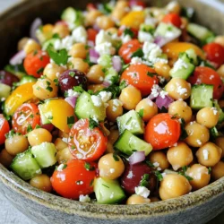 - 1 can (15 oz) chickpeas, drained and rinsed - 1 cup cherry tomatoes, halved - 1 cucumber, diced - 1/2 red onion, finely chopped - 1 bell pepper (red or yellow), diced - 1/2 cup Kalamata olives, pitted and halved - 1/2 cup feta cheese, crumbled - 2 tablespoons fresh parsley, chopped Chickpeas are the star here. They give protein and fiber. I love using canned chickpeas for ease. Rinse them well to remove salt. Next, I add vibrant vegetables. Cherry tomatoes bring sweetness. Cucumbers add crunch. Red onion gives a nice bite. Bell peppers add color and texture. Kalamata olives pack a briny punch. Feta cheese adds creaminess. Fresh parsley brightens the dish. - 3 tablespoons olive oil - 2 tablespoons lemon juice - 1 teaspoon dried oregano - Salt and pepper to taste For the dressing, I combine olive oil and lemon juice. This adds a nice tang. Dried oregano gives a classic Greek flavor. I always season with salt and pepper. Adjust to your taste. A well-made dressing makes the salad shine. Chopped Greek Chickpea Salad is healthy and filling. One serving has about 300 calories. You get a mix of protein, carbs, and fats. Chickpeas and feta cheese provide protein. Fresh veggies add vitamins and minerals. This salad is great for digestion too. The fiber helps keep you full. Eating this salad boosts your energy and mood. Looking for the full recipe? You can find it above! First, you need to rinse and drain the chickpeas. This step makes them fresher. Use a colander to remove excess liquid. Next, chop your vegetables and herbs. Dice the cucumber, halve the cherry tomatoes, and finely chop the red onion. Don’t forget to chop the bell pepper and parsley, too. This mix of colors adds beauty to your salad. Now, let’s mix everything together. In a large bowl, combine the drained chickpeas, halved cherry tomatoes, diced cucumber, chopped red onion, and diced bell pepper. Add in the Kalamata olives and crumbled feta cheese. Finally, sprinkle in the chopped parsley for a fresh touch. Next, prepare the dressing. In a small bowl, whisk together olive oil, lemon juice, dried oregano, salt, and pepper. This mix adds zing to your salad. Pour the dressing over the salad ingredients. Toss gently until everything is well coated. Let the salad sit for about 10 minutes. This helps the flavors blend nicely. When it's time to serve, think about presentation. Use a large, shallow bowl for a beautiful display. You can also serve it in individual bowls for a nice touch. This salad pairs well with grilled meats or pita bread for a complete meal. Enjoy the fresh flavors and healthy ingredients! For the full recipe, check the section above. For easy meal prep, wash your veggies first. You can chop the cucumber, tomatoes, and onion a day ahead. Store them in airtight containers. This keeps them fresh and crisp. You can prep the chickpeas too. Just drain and rinse them, then store them separately. This way, you save time when you make the salad. For extra flavor, try adding spices. A pinch of smoked paprika or a dash of cumin can elevate the taste. If you like heat, add a bit of cayenne pepper. Always taste your dressing. If it needs more zing, add more lemon juice or salt. Adjust the seasoning based on your preference to make it perfect for you. Chopped Greek chickpea salad is best served chilled. This keeps the flavors bright and fresh. You can chill it in the fridge for 30 minutes before serving. However, it’s also tasty at room temperature. This makes it great for picnics or potlucks. Enjoy it however you like! For the full recipe, check the earlier section. {{image_2}} You can change the dressing to fit your taste. I love making homemade dressings. A Greek yogurt-based dressing adds creaminess and tang. Just mix yogurt, lemon juice, and herbs. For a lighter option, try a vinegar-based dressing. Combine olive oil, vinegar, and seasonings for a fresh taste. If you’re in a hurry, store-bought dressings work too. Look for ones labeled "Mediterranean" or "Greek" for a quick fix. This salad is flexible. You can add protein like grilled chicken or tuna for a heartier meal. If you want a vegetarian option, simply remove the feta or swap it for vegan cheese. This keeps the salad tasty and satisfying for everyone. You can also add nuts like walnuts for extra crunch and nutrition. Use seasonal ingredients to keep your salad exciting. In spring, add fresh peas or asparagus. Summer is perfect for ripe tomatoes and sweet corn. In the fall, try diced apples or roasted squash. Winter brings hearty greens like kale or spinach. Each season offers new flavors to explore in your Chopped Greek Chickpea Salad. Don't forget to check the [Full Recipe] to get started! You can keep Chopped Greek Chickpea Salad in the fridge for about 3 to 5 days. Store it in an airtight container to keep it fresh. Glass containers work well because they seal tightly and do not stain. If you use plastic containers, make sure they are BPA-free. No, I do not recommend freezing this salad. The veggies and feta cheese do not freeze well. When thawed, they can become mushy and lose their taste. If you have leftover salad, it is best to eat it fresh. You do not need to reheat this salad. Serve it cold or at room temperature. If you want to add some freshness, toss in a little more olive oil and lemon juice before serving. This helps the flavors pop! Enjoy it on its own or with pita bread for a complete meal. For the full recipe, check out the details above. Chopped Greek Chickpea Salad lasts about 3 to 5 days in the fridge. After that, it may spoil. Signs of spoilage include a sour smell or a change in color. Always check for these signs before eating. Yes, you can make this salad a day in advance. To keep it fresh, store it in an airtight container. Mix the salad and dressing separately. Combine them just before serving to preserve the crunchiness of the veggies. If you need options, you can swap chickpeas for black beans or lentils. For cheese, consider using goat cheese or nutritional yeast for a vegan twist. These changes keep the salad tasty and interesting. Yes, this salad is gluten-free! All the ingredients, like chickpeas, vegetables, and olives, do not contain gluten. This makes it a great choice for those with gluten sensitivities or celiac disease. Enjoy your fresh and healthy meal without worry! You can find the Full Recipe for Chopped Greek Chickpea Salad to make this delicious dish. This blog post covered a delicious Chopped Greek Chickpea Salad. We explored the key ingredients, like chickpeas and fresh veggies, and discussed the perfect dressing. I shared how to prepare, combine, and serve it for best results. You learned about storage tips and flavor variations. Overall, this salad is healthy, easy, and adaptable. Whether you meal prep or serve it fresh, it’s a great dish for any time. Enjoy your cooking journey, and make this salad your own!
