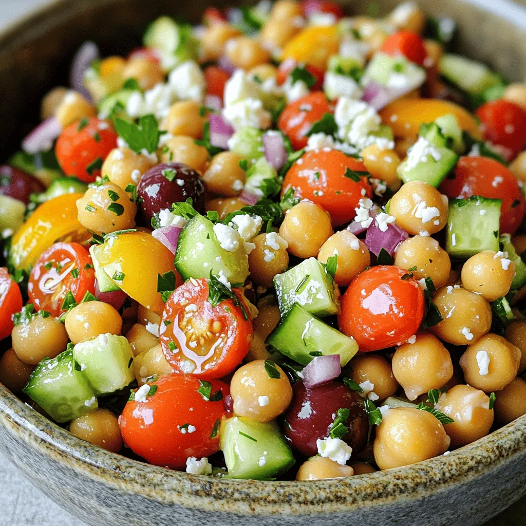 - 1 can (15 oz) chickpeas, drained and rinsed - 1 cup cherry tomatoes, halved - 1 cucumber, diced - 1/2 red onion, finely chopped - 1 bell pepper (red or yellow), diced - 1/2 cup Kalamata olives, pitted and halved - 1/2 cup feta cheese, crumbled - 2 tablespoons fresh parsley, chopped Chickpeas are the star here. They give protein and fiber. I love using canned chickpeas for ease. Rinse them well to remove salt. Next, I add vibrant vegetables. Cherry tomatoes bring sweetness. Cucumbers add crunch. Red onion gives a nice bite. Bell peppers add color and texture. Kalamata olives pack a briny punch. Feta cheese adds creaminess. Fresh parsley brightens the dish. - 3 tablespoons olive oil - 2 tablespoons lemon juice - 1 teaspoon dried oregano - Salt and pepper to taste For the dressing, I combine olive oil and lemon juice. This adds a nice tang. Dried oregano gives a classic Greek flavor. I always season with salt and pepper. Adjust to your taste. A well-made dressing makes the salad shine. Chopped Greek Chickpea Salad is healthy and filling. One serving has about 300 calories. You get a mix of protein, carbs, and fats. Chickpeas and feta cheese provide protein. Fresh veggies add vitamins and minerals. This salad is great for digestion too. The fiber helps keep you full. Eating this salad boosts your energy and mood. Looking for the full recipe? You can find it above! First, you need to rinse and drain the chickpeas. This step makes them fresher. Use a colander to remove excess liquid. Next, chop your vegetables and herbs. Dice the cucumber, halve the cherry tomatoes, and finely chop the red onion. Don’t forget to chop the bell pepper and parsley, too. This mix of colors adds beauty to your salad. Now, let’s mix everything together. In a large bowl, combine the drained chickpeas, halved cherry tomatoes, diced cucumber, chopped red onion, and diced bell pepper. Add in the Kalamata olives and crumbled feta cheese. Finally, sprinkle in the chopped parsley for a fresh touch. Next, prepare the dressing. In a small bowl, whisk together olive oil, lemon juice, dried oregano, salt, and pepper. This mix adds zing to your salad. Pour the dressing over the salad ingredients. Toss gently until everything is well coated. Let the salad sit for about 10 minutes. This helps the flavors blend nicely. When it's time to serve, think about presentation. Use a large, shallow bowl for a beautiful display. You can also serve it in individual bowls for a nice touch. This salad pairs well with grilled meats or pita bread for a complete meal. Enjoy the fresh flavors and healthy ingredients! For the full recipe, check the section above. For easy meal prep, wash your veggies first. You can chop the cucumber, tomatoes, and onion a day ahead. Store them in airtight containers. This keeps them fresh and crisp. You can prep the chickpeas too. Just drain and rinse them, then store them separately. This way, you save time when you make the salad. For extra flavor, try adding spices. A pinch of smoked paprika or a dash of cumin can elevate the taste. If you like heat, add a bit of cayenne pepper. Always taste your dressing. If it needs more zing, add more lemon juice or salt. Adjust the seasoning based on your preference to make it perfect for you. Chopped Greek chickpea salad is best served chilled. This keeps the flavors bright and fresh. You can chill it in the fridge for 30 minutes before serving. However, it’s also tasty at room temperature. This makes it great for picnics or potlucks. Enjoy it however you like! For the full recipe, check the earlier section. {{image_2}} You can change the dressing to fit your taste. I love making homemade dressings. A Greek yogurt-based dressing adds creaminess and tang. Just mix yogurt, lemon juice, and herbs. For a lighter option, try a vinegar-based dressing. Combine olive oil, vinegar, and seasonings for a fresh taste. If you’re in a hurry, store-bought dressings work too. Look for ones labeled "Mediterranean" or "Greek" for a quick fix. This salad is flexible. You can add protein like grilled chicken or tuna for a heartier meal. If you want a vegetarian option, simply remove the feta or swap it for vegan cheese. This keeps the salad tasty and satisfying for everyone. You can also add nuts like walnuts for extra crunch and nutrition. Use seasonal ingredients to keep your salad exciting. In spring, add fresh peas or asparagus. Summer is perfect for ripe tomatoes and sweet corn. In the fall, try diced apples or roasted squash. Winter brings hearty greens like kale or spinach. Each season offers new flavors to explore in your Chopped Greek Chickpea Salad. Don't forget to check the [Full Recipe] to get started! You can keep Chopped Greek Chickpea Salad in the fridge for about 3 to 5 days. Store it in an airtight container to keep it fresh. Glass containers work well because they seal tightly and do not stain. If you use plastic containers, make sure they are BPA-free. No, I do not recommend freezing this salad. The veggies and feta cheese do not freeze well. When thawed, they can become mushy and lose their taste. If you have leftover salad, it is best to eat it fresh. You do not need to reheat this salad. Serve it cold or at room temperature. If you want to add some freshness, toss in a little more olive oil and lemon juice before serving. This helps the flavors pop! Enjoy it on its own or with pita bread for a complete meal. For the full recipe, check out the details above. Chopped Greek Chickpea Salad lasts about 3 to 5 days in the fridge. After that, it may spoil. Signs of spoilage include a sour smell or a change in color. Always check for these signs before eating. Yes, you can make this salad a day in advance. To keep it fresh, store it in an airtight container. Mix the salad and dressing separately. Combine them just before serving to preserve the crunchiness of the veggies. If you need options, you can swap chickpeas for black beans or lentils. For cheese, consider using goat cheese or nutritional yeast for a vegan twist. These changes keep the salad tasty and interesting. Yes, this salad is gluten-free! All the ingredients, like chickpeas, vegetables, and olives, do not contain gluten. This makes it a great choice for those with gluten sensitivities or celiac disease. Enjoy your fresh and healthy meal without worry! You can find the Full Recipe for Chopped Greek Chickpea Salad to make this delicious dish. This blog post covered a delicious Chopped Greek Chickpea Salad. We explored the key ingredients, like chickpeas and fresh veggies, and discussed the perfect dressing. I shared how to prepare, combine, and serve it for best results. You learned about storage tips and flavor variations. Overall, this salad is healthy, easy, and adaptable. Whether you meal prep or serve it fresh, it’s a great dish for any time. Enjoy your cooking journey, and make this salad your own!