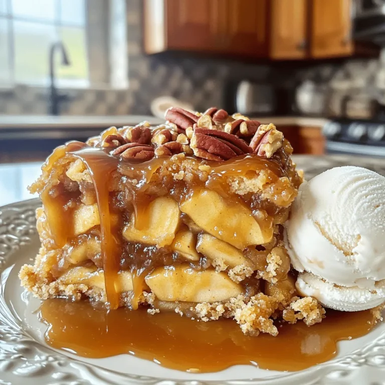- 1 can (21 oz) apple pie filling - 1 cup caramel sauce (store-bought or homemade) - 1 box (15.25 oz) yellow cake mix - 1/2 cup unsalted butter, melted - 1 teaspoon ground cinnamon - 1/2 cup chopped pecans (optional) - Vanilla ice cream (for serving, optional) The main ingredients for a caramel apple dump cake are simple and easy to find. First, we start with a can of apple pie filling. This gives our cake a sweet and fruity base. Next, we add caramel sauce. You can use store-bought or make your own if you want to impress your friends. The yellow cake mix is key to giving the dessert its fluffy texture. The butter adds richness and helps create a crunchy top. A sprinkle of ground cinnamon adds warmth and spice. If you love nuts, you can toss in chopped pecans for a nice crunch. Finally, vanilla ice cream makes a great topping when you serve it. - Creative toppings for enhancement - Alternate cake mix flavors If you want to get creative, you can add toppings. Think about crushed cookies or extra caramel drizzle. You can also switch the cake mix flavor. Try chocolate cake mix for a twist. The options are endless, and that makes this dessert even more fun! You can find the full recipe to guide you through these tasty choices. First, preheat your oven to 350°F (175°C). Next, grab a 9x13 inch baking dish and lightly grease it. This will help the cake not stick. Now, spread the apple pie filling evenly across the bottom of the dish. It should cover the base well. Then, drizzle half of the caramel sauce over the apple filling. Make sure to cover as much as you can. This adds a rich flavor. In a bowl, mix the yellow cake mix with the ground cinnamon. This will give the cake a warm spice flavor. After mixing, sprinkle the cake mix evenly over the caramel apple layer. Now, pour the melted butter over the top of the cake mix. Do not stir it; the butter will create a crust while baking. If you want, sprinkle chopped pecans over the butter layer for a nice crunch. Bake the cake in the preheated oven for 40-45 minutes. It is ready when the top is golden brown and the edges bubble. Once the cake is done, take it out and let it cool for a few minutes. This helps with cutting and serving. For a special touch, drizzle the remaining caramel sauce over each portion when serving. If you like, add a scoop of vanilla ice cream on the side. This makes the dessert even more delightful. For the full recipe, check out the details provided above. To ensure even baking, spread the apple pie filling flat. This helps it cook well. Cover the filling with caramel sauce carefully. The cake mix needs to be even too. When pouring melted butter, do not mix it in. This creates a nice crust as it bakes. For a crispy topping, check it near the end. If it's not golden, bake a bit longer. You can change ingredients for special diets. Use gluten-free cake mix if you need it. You can also swap the apple pie filling with other fruits. Try cherry or peach for a fun twist. For added flavor, mix in some nuts or chocolate chips. You can also use cinnamon or nutmeg for a spiced taste. Serve this cake in a nice dish. A clear glass dish shows the layers well. Drizzle extra caramel sauce over each slice for flair. Adding a scoop of vanilla ice cream makes it special too. Whipped cream on top adds a nice touch. This dessert looks great and tastes even better. For the full recipe, check the details above. {{image_2}} You can make this dessert even more fun by adding chocolate chips. Just sprinkle them on top of the cake mix layer. The chocolate pairs well with the caramel and apples. You can also drizzle some melted chocolate on top before serving. It adds a sweet touch. Try using different fruit fillings, too. You can swap the apple pie filling for cherry, peach, or even mixed berries. Each fruit gives a new taste and keeps things exciting. If you need a gluten-free option, look for a gluten-free cake mix. It works just like regular cake mix. You won’t lose any flavor or fun! For vegan options, substitute the butter with a plant-based alternative. You can also use vegan ice cream for serving. This way, everyone can enjoy the dessert. Adding seasonal spices can elevate your dump cake. Try mixing in nutmeg or pumpkin spice for a fall twist. It makes the house smell wonderful, too! During the holidays, think about toppings that fit the season. Crushed candy canes or festive sprinkles can make your dessert look extra special. You can even add whipped cream for a festive touch. To keep your caramel apple dump cake fresh, store it in an airtight container. Place a piece of plastic wrap over the cake if you do not have a container. This helps keep moisture in and air out. You can store it in the fridge for up to 5 days. If you want to keep it longer, freeze it. Wrap the cake well in plastic wrap and then in foil. It will stay fresh for about 3 months in the freezer. When you are ready to enjoy your leftover cake, preheat your oven to 350°F (175°C). Place the cake in an oven-safe dish and cover it with foil to prevent it from drying out. Heat for about 15-20 minutes. If you want a quick method, you can use a microwave. Heat a slice on high for 30-60 seconds. For a tasty touch, add a scoop of vanilla ice cream on top when serving! Caramel Apple Dump Cake is a warm, sweet dessert. It layers apple pie filling, caramel, and cake mix. You can bake it easily in one dish. The flavors are rich and comforting. People often enjoy it during fall or holidays. Common ingredients include: - 1 can (21 oz) apple pie filling - 1 cup caramel sauce - 1 box (15.25 oz) yellow cake mix - 1/2 cup unsalted butter, melted - 1 teaspoon ground cinnamon - 1/2 cup chopped pecans (optional) Yes, you can use homemade caramel sauce. Making your own gives it a fresh taste. To make it, melt sugar on low heat until it turns golden. Then slowly stir in butter and cream. Be careful not to burn it. When using homemade caramel, let it cool before drizzling. This way, it will not melt your cake mix too much. You can prep the Caramel Apple Dump Cake in advance. Prepare the layers but do not bake it. Cover the dish tightly with plastic wrap. Store it in the fridge for up to 24 hours. For long-term storage, freeze the unbaked cake. Wrap it well in foil or plastic. It can last up to three months. When you are ready, bake it straight from the freezer, adding a few extra minutes to the baking time. Many enjoy pairing the dump cake with vanilla ice cream. The cold ice cream contrasts the warm cake perfectly. Whipped cream is also a popular choice. For extra flavor, consider adding a sprinkle of cinnamon or nuts on top. You can also drizzle more caramel sauce before serving. This adds a lovely touch and enhances the sweetness. This blog post covered how to make a delicious Caramel Apple Dump Cake. We discussed key ingredients, step-by-step instructions, and helpful tips for perfecting your bake. You also learned about storage, reheating, and various flavor variations. Now, it's time to try this simple and tasty treat. You can impress your friends and family with your baking skills. Remember to have fun and get creative! Enjoy making your own Caramel Apple Dump Cake!