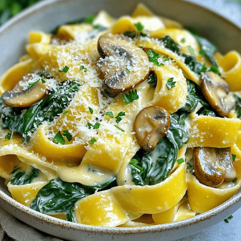 - 200g fettuccine or your choice of pasta - 250g fresh spinach, washed and roughly chopped - 200g mushrooms, sliced (preferably a mix of cremini and button) - 1 small onion, finely chopped - 3 cloves garlic, minced - 200ml heavy cream - 50g grated Parmesan cheese - 2 tablespoons olive oil - 1 teaspoon nutmeg - Salt and black pepper to taste - Fresh parsley, chopped (for garnish) - Additional spices for flavor enhancement - Protein options like chicken or shrimp - Large pot for cooking pasta - Skillet for sautéing ingredients - Measuring cups and spoons When making creamy spinach and mushroom pasta, start with fresh ingredients. Fresh spinach gives a nice color and taste. Use a mix of mushrooms for depth. Fettuccine is my favorite pasta for this dish, but you can choose any type you like. Having a small onion and garlic is essential. They add a sweet and savory flavor. Heavy cream makes the sauce rich and smooth. Don't forget the nutmeg; it adds warmth to the dish. If you want to boost the flavor, consider adding spices like red pepper flakes or Italian herbs. You can also include proteins like chicken or shrimp for a heartier meal. For tools, a large pot is key for boiling the pasta. A skillet helps you sauté the veggies. Lastly, measuring cups and spoons ensure you get the amounts just right. This recipe is simple, yet it brings out the best in each ingredient. You can find the full recipe in the section above! - Cook the Pasta: Boil a large pot of salted water. Add 200g of fettuccine. Cook until al dente, about 8-10 minutes. Save 1 cup of pasta water before you drain. Set the pasta aside. - Sauté Vegetables: Heat 2 tablespoons of olive oil in a large skillet over medium heat. Add 1 small chopped onion. Cook until it turns soft, about 3-4 minutes. Add 3 minced garlic cloves and cook for 1 more minute. - Add Mushrooms: Toss in 200g of sliced mushrooms. Cook for 5-7 minutes until they brown and release moisture. Stir often to avoid burning. - Incorporate Spinach: Add 250g of roughly chopped spinach to the skillet. Cook while stirring until the spinach wilts, about 3-4 minutes. It should look bright green and tender. - Create the Sauce: Pour in 200ml of heavy cream. Stir well to mix. Add 1 teaspoon of nutmeg, salt, and black pepper to taste. Let the sauce simmer for a few minutes to thicken. - Combine Pasta and Sauce: Add the drained pasta to the skillet. Toss it well to coat with the creamy sauce. If the sauce is too thick, add some reserved pasta water until it's just right. - Final Seasoning: Stir in 50g of grated Parmesan cheese. Mix until it melts into the sauce. Taste and adjust any seasoning as needed. Enjoy this savory delight! You can find the full recipe above for more details. To get the perfect creaminess, add more or less heavy cream. If you want a lighter dish, use less cream. To make it richer, add more. Always taste as you go to ensure your sauce has the right flavor. For seasoning, start with salt and pepper. You can also add garlic powder or more spices. Nutmeg adds a nice touch. Be careful not to overdo it, as strong flavors can dominate. Sautéing is key to great flavor. Start with medium heat for the onion and garlic. It helps them soften and develop a nice color. Add the mushrooms after the onion is soft. This way, they get a nice brown crust. To prevent overcooking spinach, add it last. Stir it in and cook until just wilted. This keeps it bright and fresh. Overcooked spinach can turn mushy and lose its taste. For a beautiful plate, use large shallow bowls. Twirl the pasta for an elegant look. Top it with a sprinkle of black pepper and a bit of parsley. Garnishing with Parmesan adds flavor and looks great. Use a microplane to get fine shavings. A drizzle of olive oil gives a nice shine. For more details on creating this dish, check out the Full Recipe. {{image_2}} You can boost flavor by adding proteins. Grilled chicken or shrimp works well. They add a nice texture and taste. Swap out pasta types if you want. Whole grain pasta offers a hearty twist. Feel free to include other veggies. Bell peppers add sweetness and color. Zucchini brings a fresh crunch. Use seasonal produce for a fun change. Fresh asparagus or peas can brighten up the dish. If you're looking for vegan options, swap heavy cream for coconut milk. Nutritional yeast can replace Parmesan cheese for a cheesy flavor. For gluten-free needs, use gluten-free pasta. It still tastes great with the creamy sauce. For the full recipe, check the link. Enjoy exploring these variations! To keep your creamy spinach and mushroom pasta fresh, store it in an airtight container. Refrigerate it within two hours of cooking. If you want to save it for later, you can freeze it. Pour the pasta into a freezer-safe bag, and remove as much air as possible. When reheating, add a splash of water or cream. This keeps the sauce creamy and prevents it from drying out. In the fridge, your leftovers will last about three to four days. If you freeze the pasta, it can stay good for up to three months. Watch for signs of spoilage. If you see mold or notice an off smell, it’s time to toss it. You can prep ingredients ahead of time. Chop the onions, garlic, and mushrooms, and store them in the fridge. You can also wash and chop the spinach. This makes cooking on busy nights quick and easy. Use leftover pasta for a tasty lunch. Mix it with some olive oil and fresh veggies for a fast meal. What can I substitute for heavy cream? You can use whole milk or half-and-half for a lighter option. If you want to keep it rich, try using coconut cream. Each choice will change the flavor a bit but will still make a nice sauce. Can I use dried spinach instead of fresh? Dried spinach works, but it will not have the same taste or texture. If you use it, soak it first in warm water. Fresh spinach gives you a brighter flavor and a lovely texture in the dish. How do I know if my pasta is al dente? To check if your pasta is al dente, take a piece out and bite it. It should be firm but not hard. If it feels soft all the way through, it’s overcooked. What’s the best way to clean mushrooms before cooking? Wipe mushrooms with a damp cloth or paper towel. This method keeps them dry and prevents them from soaking up water. Do not rinse them under water, as they absorb moisture and lose flavor. Can I use frozen spinach instead of fresh? Yes, frozen spinach is fine. Just make sure to thaw it and drain any excess water. It can save time and is often just as nutritious as fresh spinach. What type of Parmesan cheese is best for this recipe? Freshly grated Parmesan is the best choice for flavor. It melts nicely into the sauce and adds a rich taste. If you can’t find fresh, pre-grated will work, but it may not melt as well. For the full recipe, check out the complete instructions. In this blog post, we explored how to make a tasty pasta dish. We covered the ingredients, step-by-step instructions, and tips for perfecting the sauce. You can mix in proteins and adjust for dietary needs too. Whether you serve it fresh or as leftovers, this dish shines. Remember, cooking should be fun and flavorful. Enjoy your meal, and don’t hesitate to try new twists!