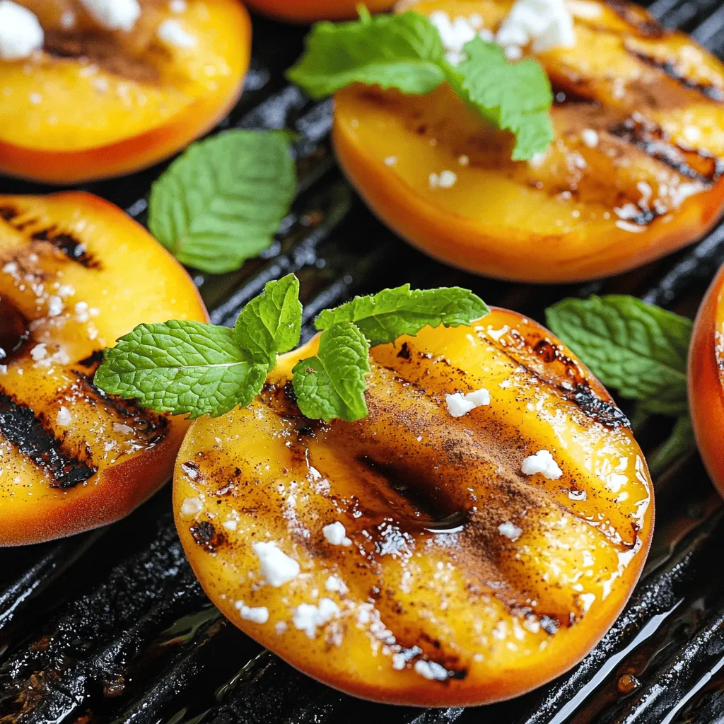 - 4 ripe peaches - 2 tablespoons honey - 2 tablespoons balsamic vinegar - 1 tablespoon olive oil - 1 teaspoon cinnamon - 1/4 teaspoon sea salt - Fresh mint leaves - Crumbled feta cheese Gather these ingredients before you start. The ripe peaches are the star. They should feel soft but not mushy. Honey adds sweetness and helps caramelize the peaches. Balsamic vinegar gives a tangy touch that balances the honey. Olive oil keeps the peaches from sticking to the grill. Cinnamon adds warmth, while sea salt enhances all the flavors. For a fresh finish, you can add mint leaves. They provide a nice color and a hint of coolness. Crumbled feta cheese is another option. It adds creaminess and a salty contrast to the sweet peaches. You can find the full recipe [here](#). To start, preheat your grill to medium heat. This helps the peaches cook evenly. A hot grill gives those lovely char marks that look great on the plate. Make sure your grill grates are clean. This helps prevent sticking and ensures even cooking. When you grill, keep the lid closed. This traps heat and cooks the peaches faster. If you want nice grill marks, don’t move the peaches around too much. Let them sit for a bit before flipping. To create the glaze, combine honey, balsamic vinegar, olive oil, cinnamon, and sea salt in a small bowl. Whisk them together until well mixed. The right balance of sweet and tangy is key. Too much honey makes it too sweet, while too much vinegar can overpower the peaches. Aim for a nice harmony of flavors. This glaze not only adds taste but also helps caramelize the peaches on the grill. Brush this mixture onto the cut sides of the peaches. Save some glaze to brush on later for extra flavor. Start by placing the peach halves cut side down on the grill. Grill for about 4-5 minutes. Look for nice grill marks and softening edges. This is how you know they are cooking well. When it’s time to flip, gently turn the peaches over. Reduce the grill heat to low. Brush the remaining honey-balsamic mixture over the cut sides of the peaches. Grill for another 2-3 minutes. You want them tender but still holding their shape. Once done, remove the peaches from the grill. Let them cool slightly before serving. Grilled peaches taste best warm. You can serve them with fresh mint leaves and crumbled feta cheese if you like. For the full recipe, check out the complete instructions above. To make the best Honey Balsamic Grilled Peaches, you need ripe peaches. Look for peaches that feel slightly soft when you press them. Their skin should have a nice, warm color. Avoid peaches that are hard or have dark spots. The best varieties for grilling include freestone peaches. These peaches pit easily, making them great for grilling. Yellow peaches are sweet and juicy, perfect for this recipe. White peaches are also tasty with a mild flavor. Creating distinct grill marks is easy. Start by preheating your grill to medium heat. Place the peach halves cut side down on the grill. Press them slightly to make good contact with the grill. Grill for about 4-5 minutes. This time gives you beautiful grill marks and a nice texture. If you use a gas grill, keep the heat steady. For charcoal grills, make sure the coals are hot. Adjust the heat to low when you flip the peaches. This helps them cook evenly and stay juicy. To boost the flavor of your peaches, try adding spices. A sprinkle of nutmeg or ginger can add warmth. You can also mix in herbs like thyme or basil for a fresh taste. For complementary flavors, pair grilled peaches with rich cheeses like feta. The creamy texture contrasts well with the sweet peaches. You can also serve them with a scoop of vanilla ice cream. This makes for a tasty dessert. Don’t forget to check the [Full Recipe] for all the details! {{image_2}} You can swap honey for maple syrup or agave. Both sweeteners add a unique taste. Maple syrup gives a rich, earthy flavor. Agave is mild and smooth. Each choice can change how sweet the peaches taste. You may like one more than the other, so try them all! Infusing the honey-balsamic mix with herbs can boost flavor. I love using rosemary for a piney note. Just add a few sprigs when mixing the glaze. This small change makes a big impact. You can also mix in other fruits like nectarines or plums. They grill well and taste great with the glaze. Grilled peaches are awesome with ice cream or yogurt. The warm peaches and cold cream make a great contrast. For a twist, mix peaches into salads or desserts. They add sweetness and a fun texture. Try them in a summer salad with arugula or feta. You can get the full recipe for more ideas! To keep your grilled peaches fresh, store them in an airtight container. Place them in the fridge. They will last about 3 to 5 days. If you want to freeze them, make sure they cool first. Wrap each peach half in plastic wrap. Then, place them in a freezer bag. They can stay frozen for up to three months. When you are ready to use them, just thaw in the fridge overnight. To reheat grilled peaches, use a microwave or a skillet. If you use a microwave, heat for just 20-30 seconds. Check to see if they are warm enough. If using a skillet, place them over low heat. This method helps keep their texture. You can serve leftovers on pancakes or in yogurt. They also taste great in salads or as a side dish. For added flavor, drizzle with extra honey or balsamic glaze. This will bring back that delicious taste! You can use canned peaches, but they may not taste the same. Fresh peaches have a juicy texture and bright flavor. Canned peaches are softer and can be sweeter. If you choose canned, drain them well. They will grill quickly, so watch them closely to avoid mushiness. Honey balsamic grilled peaches shine next to many dishes. They are great on top of salads, adding sweet flavor. Pair them with grilled chicken or pork for a tasty meal. You can also serve them with yogurt or ice cream for dessert. Try them in a cheese platter with creamy cheese. Look for grill marks on the cut side of the peaches. They should soften and smell sweet. When you press gently, they should have a little give. If they feel mushy, they are overcooked. Remember, you want them tender but not falling apart. Enjoy your peaches warm! For the full recipe, check out the details above. Grilling peaches is simple and fun. You need ripe peaches, honey, and balsamic vinegar. With easy steps for grilling and tips for flavor, you can make this treat shine. Try adding optional toppings like mint or feta. Remember to store any leftovers properly for later enjoyment. Enjoy the sweet and smoky taste of grilled peaches in your meals. Embrace creativity by trying out variations and serving ideas. Your taste buds will thank you!